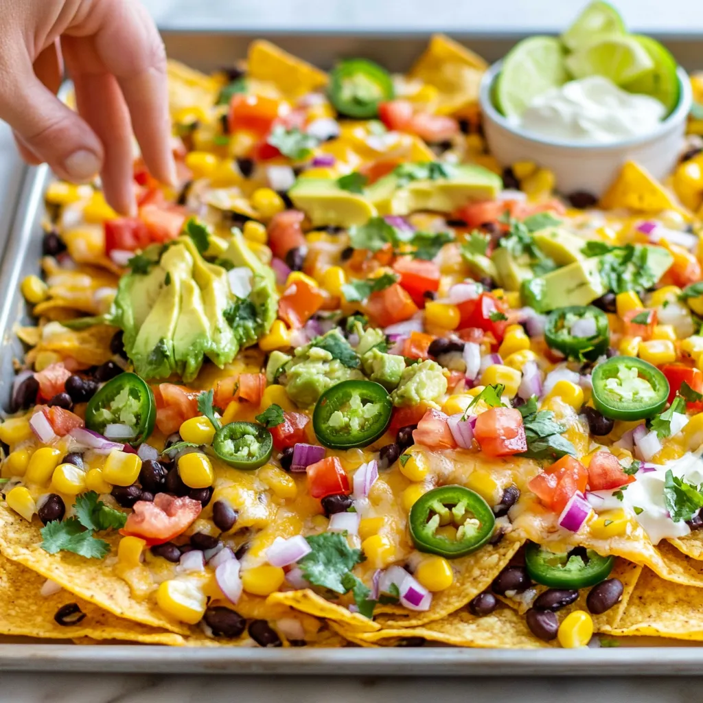 - 12 oz bag of tortilla chips - 1 cup shredded cheddar cheese - 1 cup shredded Monterey Jack cheese - 15 oz can of black beans, drained and rinsed - 1 cup corn kernels (frozen or canned) - 1 jalapeño pepper, sliced - 1 ripe avocado, diced - 1 medium tomato, diced - ¼ cup red onion, finely chopped - ¼ cup fresh cilantro, chopped - Lime wedges - Sour cream or Greek yogurt - Salsa To make these tasty sheet pan nachos, you need a mix of key ingredients. First, the tortilla chips form the base. Choose a sturdy brand that holds up well under toppings. Next, the shredded cheddar and Monterey Jack cheeses add a rich, creamy flavor. These cheeses melt well, creating a gooey goodness that everyone loves. For protein and texture, add a can of black beans. Be sure to rinse them to remove any excess salt. Corn kernels bring sweetness and color. You can use frozen or canned corn; both work great. Now, let's talk about fresh toppings. Sliced jalapeños add a spicy kick. If you want less heat, remove the seeds. Diced avocado gives a creamy texture, while diced tomatoes add freshness. Finely chopped red onion provides crunch and flavor. Lastly, sprinkle fresh cilantro for a burst of herbiness. When serving, don't forget the lime wedges. They add zesty brightness. Sour cream or Greek yogurt offers a cool contrast. Salsa adds extra flavor and moisture. With these ingredients, you will create a family meal that everyone will enjoy. {{ingredient_image_1}} - Preheat the oven to 400°F (200°C). - Spread tortilla chips on a large baking sheet. First, set your oven to preheat. This step gets your nachos nice and hot. While the oven warms up, grab your tortilla chips. Place them evenly on the baking sheet. Make sure you cover the whole sheet. This way, every chip gets toppings. - Add shredded cheeses. - Scatter black beans and corn kernels. - Top with sliced jalapeños. Now it's time to build your nachos. Start by adding the shredded cheddar and Monterey Jack cheese on top of the chips. Layer it well so each chip gets cheese. Then, sprinkle the black beans and corn over the cheese. This adds great flavor and texture. Finish with the sliced jalapeños. If you want less heat, remove the seeds. - Bake until cheese is melted (10-15 minutes). - Remove, cool briefly, and add fresh toppings. Next, place the baking sheet in the oven. Bake for about 10 to 15 minutes. You want the cheese to melt and bubble. Keep an eye on it to avoid burning. Once done, take it out and let it cool for a few minutes. Then, add your fresh toppings like diced avocado, tomato, red onion, and cilantro. Don’t forget to season with salt and pepper. Enjoy your tasty sheet pan nachos! To get a great cheese melt, spread the cheese evenly. Use a mix of cheddar and Monterey Jack for the best flavor. Avoid piling cheese too thickly. This can cause uneven melting. Spread it out so every chip gets its share. Bake until the cheese bubbles, about 10 to 15 minutes. To add flavor, sprinkle your nachos with spices. Try chili powder, cumin, or garlic powder. Fresh ingredients also boost taste. Use ripe avocados and juicy tomatoes for the best results. Fresh cilantro adds a nice touch, too. The more fresh, the better the flavor. Make your nachos look great. Layer your toppings neatly. Place diced avocado and tomatoes on top last. This keeps them fresh and bright. Serve with lime wedges and bowls of salsa and sour cream. Using colorful toppings impresses guests and makes them want to dig in! Pro Tips Layer Wisely: To ensure every chip is loaded with flavor, layer the cheese and toppings in stages rather than all at once. Use Fresh Ingredients: Fresh avocados, tomatoes, and cilantro will elevate the flavor of your nachos significantly, making them taste more vibrant. Customize Your Heat: Adjust the amount of jalapeños based on your heat preference. For a milder taste, remove the seeds and membranes. Serve Immediately: For the best experience, serve your nachos right after baking while the cheese is still gooey and the toppings are fresh. {{image_2}} You can add protein to your nachos in many ways. Shredded chicken is a great choice. It adds flavor without overpowering the dish. Ground beef also works well and gives a hearty touch. For a vegetarian option, try black beans. They are filling and boost nutrition. If you want vegan, use lentils or tofu. Both add texture and protein without meat. Cheese is key for great nachos. You can mix different types for unique flavors. Try pepper jack for some spice or gouda for a smoky taste. If you want to go dairy-free, there are great options too. Look for vegan cheese made from nuts or soy. They melt well and taste fantastic. Fresh toppings can make your nachos shine. Consider adding bell peppers for crunch. Chopped green onions add a mild onion flavor. You can also try fresh corn or sliced olives for a twist. Experiment with sauces too! Drizzling spicy ranch or chipotle sauce can add zing. Salsas with fruit, like mango or pineapple, can bring a sweet touch. To store leftover nachos, place them in an airtight container. This keeps them fresh for a bit longer. Try to keep the toppings separate to avoid soggy chips. You can refrigerate nachos for up to three days. When reheating, preheat your oven to 350°F (175°C). Spread the nachos on a baking sheet. Heat them for about 10 minutes. This will help the chips regain some crunch. Can you freeze nachos? Yes, but it’s not the best option for texture. If you want to freeze them, remove any fresh toppings first. Place the nachos in a freezer-safe bag or container. Make sure to squeeze out as much air as possible. They can last for about two months in the freezer. To thaw, put the nachos in the fridge overnight. Reheat in the oven for best results. How long do prepared nachos last? If stored correctly, they can last for up to three days in the fridge. Watch for signs of spoilage. If the chips smell off or become very soft, it’s time to toss them. Mold on fresh toppings is also a bad sign. Always check before enjoying your leftovers! To keep your nachos crispy, start with a good layer of chips. Use thick tortilla chips, as they hold up better. Avoid wet toppings like salsa directly on the chips before baking. Instead, add them after baking. You can also layer cheese on the bottom, then add chips on top. This creates a barrier that helps keep moisture away. Bake until the cheese bubbles but do not overcook. Yes, you can prep some parts ahead. You can chop veggies like tomatoes and onions a few hours before. Store them in the fridge. For best taste, don’t add toppings until right before baking. If you make the nachos fully, they are best eaten fresh. However, you can store baked nachos in the fridge for up to two days. Just reheat them in the oven to crisp them back up. Nachos pair well with many sides. Think about fresh guacamole or a simple salad. A side of corn on the cob adds sweetness and crunch. You can also serve nachos with black bean dip or a zesty queso dip. A fruit salad can balance the meal, too. We explored tasty nachos from ingredients to serving suggestions. You learned how to layer flavors and make your cheese melt just right. We shared tips for fresh toppings and keeping chips crispy. Remember, you can customize your nachos with proteins, cheeses, and fun toppings. Enjoy them fresh, but don't worry about storing leftovers—just follow our tips! Nachos make a great snack for gatherings or a fun meal at home. Get creative and enjoy every bite!