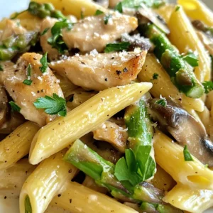 To make Mushroom Asparagus Chicken Penne, you will need: - 8 oz penne pasta - 2 chicken breasts, sliced into strips - 1 cup asparagus, trimmed and cut into 1-inch pieces - 1 cup mushrooms, sliced (button, cremini, or your choice) - 3 cloves garlic, minced - ½ cup heavy cream - ½ cup chicken broth - 1 tablespoon olive oil - 1 teaspoon dried Italian herbs (or a mix of oregano, basil, and thyme) - Salt and pepper to taste - Fresh parsley, chopped (for garnish) - Grated Parmesan cheese (for serving) You can change some ingredients if needed. Here are a few ideas: - Use gluten-free penne if you want a gluten-free dish. - Swap chicken for tofu or chickpeas for a vegetarian option. - Coconut cream can replace heavy cream for a dairy-free version. - Any green vegetable can work instead of asparagus. Try green beans or broccoli. - Use fresh herbs if you have them. They add more flavor than dried herbs. Fresh ingredients make your dish shine. Here are some tips: - Asparagus: Look for bright green stems without soft spots. Stalks should be firm. - Mushrooms: Choose mushrooms that are dry and firm. Avoid any with dark spots or slime. - Chicken: Pick chicken breasts that are pink and have no off smell. - Garlic: Select heads that are firm and not sprouting. Fresh garlic has a strong scent. - Parsley: Look for bright green leaves with no wilting. Fresh parsley adds a nice touch to your meal. Choosing the right ingredients will make your Mushroom Asparagus Chicken Penne taste amazing! {{ingredient_image_1}} Start by boiling a large pot of salted water. Add the penne pasta to the pot. Cook the pasta according to the package directions until it is al dente. This usually takes about 8-10 minutes. Once done, drain the pasta in a colander. Make sure to set it aside for later. In a large skillet, heat the olive oil over medium heat. Once the oil is hot, add the sliced chicken breasts. Season the chicken with salt, pepper, and half of the dried Italian herbs. Cook the chicken for about 5-7 minutes. You want it to be browned and cooked through. When it's done, remove the chicken from the skillet and set it aside. In the same skillet, add minced garlic. Sauté the garlic for about 1 minute until it becomes fragrant. Next, toss in the sliced mushrooms and the asparagus pieces. Cook these vegetables for about 4-5 minutes. You want them to be tender but still crisp. Now, return the cooked chicken to the skillet. Pour in the chicken broth and heavy cream. Stir everything together to combine. Bring the mixture to a simmer and let it cook for about 3-4 minutes. This will help the sauce thicken slightly and blend the flavors. Add the cooked penne pasta to the skillet. Toss everything together gently. Make sure the pasta is well coated in the creamy sauce. Taste the dish and adjust the seasoning if needed. You can add more salt, pepper, or Italian herbs as desired. To serve, remove the skillet from the heat. Plate the Mushroom Asparagus Chicken Penne on individual plates. Garnish each serving with chopped fresh parsley and a sprinkle of grated Parmesan cheese. This adds a nice touch and extra flavor to the dish. Enjoy your meal! To get juicy chicken, use fresh, high-quality breasts. Slice them into even strips. This helps them cook evenly. Season the chicken with salt, pepper, and half the herbs before cooking. Heat your skillet well before adding the chicken. This gives a nice sear. Cook the chicken for about 5-7 minutes. You want it golden brown on the outside and fully cooked inside. If you overcook, it can get dry. Using the right herbs makes a big difference. I love dried Italian herbs in this dish. They add a warm, savory taste. Feel free to mix in fresh herbs if you have them. Fresh basil or parsley can brighten the dish. Always taste your sauce as you cook. Adjust the salt and pepper to suit your taste. Remember, a pinch can go a long way! When cooking penne pasta, salt the water well. This adds flavor right to the pasta. Boil it until al dente, which means firm to the bite. This keeps the pasta from getting mushy. Reserve a bit of the pasta water before draining. You can use it to adjust the sauce's thickness later. Toss the drained pasta with the sauce quickly. This helps the pasta soak up the flavors. Pro Tips Use Fresh Ingredients: Opt for fresh asparagus and mushrooms for the best flavor and texture. Fresh produce elevates the dish significantly. Season the Pasta Water: Make sure to season the boiling water with salt before adding the penne. This helps to infuse flavor directly into the pasta. Don’t Overcook the Chicken: Cook the chicken just until it’s no longer pink. Overcooking can lead to dry chicken, so keep an eye on it! Variations on Herbs: Feel free to experiment with fresh herbs like basil or thyme in place of dried herbs for a more vibrant taste. {{image_2}} To make a vegetarian version, skip the chicken. You can add more mushrooms and asparagus for a hearty bite. Try using tofu or chickpeas for added protein. These options keep the dish filling while being meat-free. Don't forget to adjust the seasonings to fit your taste. Feel free to mix in other vegetables. Bell peppers, spinach, or zucchini add color and flavor. Just chop them into bite-sized pieces so they cook evenly. Sauté them with the garlic to enhance their taste. This approach makes the dish even more nutritious and vibrant. You can switch the chicken for other proteins. Shrimp, beef, or turkey work well here too. Each choice brings its own unique flavor. Just make sure to adjust cooking times, so everything is cooked perfectly. This way, you can enjoy a new twist on the classic recipe. To keep your Mushroom Asparagus Chicken Penne fresh, place it in an airtight container. Make sure it cools down to room temperature first. Store it in the fridge for up to three days. This way, you can enjoy it later without losing flavor. When you’re ready to eat the leftovers, you can reheat them easily. The best way is to use a skillet. Heat the skillet on medium and add a splash of chicken broth or water. Stir the pasta gently until it warms up. This method keeps the cream sauce nice and creamy. You can also use the microwave. Just heat it in short bursts, stirring in between to avoid hot spots. If you want to save your Mushroom Asparagus Chicken Penne for longer, freezing is a great option. First, let it cool completely, then pack it into freezer-safe bags or containers. Try to remove as much air as possible to avoid freezer burn. It can stay in the freezer for up to three months. When you’re ready to eat it, thaw it in the fridge overnight before reheating. Yes, you can use other pasta types. If you want a different shape, try fusilli or farfalle. You can even use whole wheat or gluten-free pasta. Each will bring a unique twist to the dish. To make it dairy-free, swap heavy cream with coconut milk or a dairy-free cream. You can use vegetable broth instead of chicken broth for more depth. This keeps the dish creamy and delicious without the dairy. This dish goes well with a simple green salad. A side of garlic bread complements the flavors nicely. For a heartier meal, serve it with steamed broccoli or roasted vegetables. These options add color and nutrition to your plate. This blog post covered everything you need to know about making Mushroom Asparagus Chicken Penne. We looked at ingredients, how to prepare each part, and even tips for perfecting flavors. You can try different variations and store leftovers safely, too. Cooking should be fun and easy. With these steps and tips, you can create a tasty meal for yourself or friends. Enjoy your cooking journey and make this dish your own!