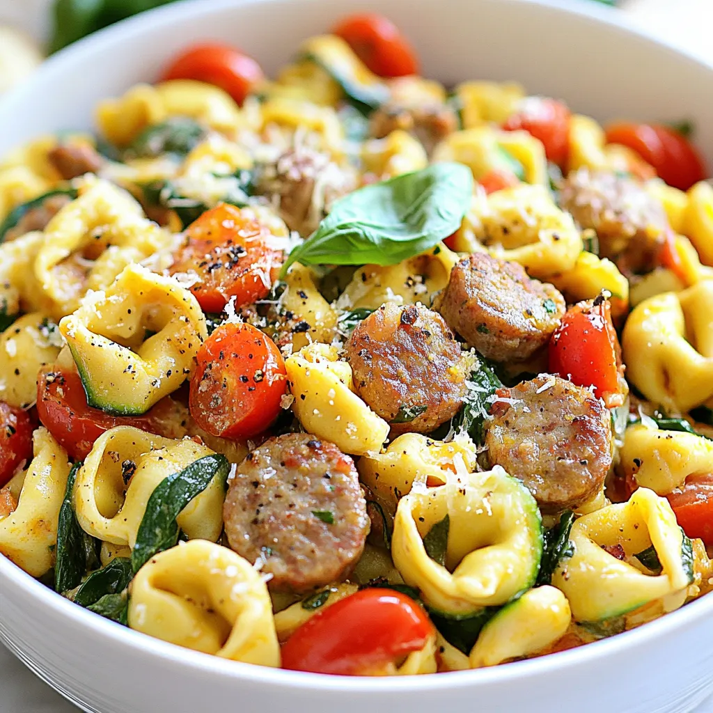 To make the One Pan Tortellini Sausage Skillet, you need a few key ingredients. Here’s a list to help you gather everything: - Sweet Italian sausage - Cheese tortellini (fresh or frozen) - Fresh vegetables: - 3 cloves garlic, minced - 1 red bell pepper, diced - 1 zucchini, diced - 1 cup cherry tomatoes, halved - 1 cup spinach leaves, roughly chopped - Seasonings: - 1 teaspoon Italian seasoning - ½ teaspoon red pepper flakes (optional) - Salt and pepper to taste - Cooking oil and garnishes: - 1 tablespoon olive oil - Fresh basil leaves for garnish - Grated Parmesan cheese for serving With these ingredients, you can create a delicious and colorful dish. Using fresh vegetables adds flavor and nutrients. The sweet Italian sausage gives it a hearty touch, while the cheese tortellini makes it fun to eat. Remember, you can adjust the spices to fit your taste. Enjoy cooking! {{ingredient_image_1}} - Sautéing the sausage: Start by heating one tablespoon of olive oil in a large skillet over medium heat. Add one pound of sweet Italian sausage, removed from its casing. Use a spatula to break it up. Cook for about five to seven minutes, until it is browned and cooked through. - Adding garlic and vegetables: Next, add three cloves of minced garlic to the skillet. Sauté for one minute until it smells great. Then, toss in one diced red bell pepper and one diced zucchini. Cook these for about three to four minutes until they soften a bit. - Folding in the tortellini: After the veggies soften, add one cup of halved cherry tomatoes, one cup of roughly chopped spinach, one teaspoon of Italian seasoning, and half a teaspoon of red pepper flakes if you like some heat. Season with salt and pepper. Cook for two to three minutes until the spinach wilts and the tomatoes burst. Finally, gently fold in twelve ounces of cheese tortellini. If you're using fresh tortellini, add about a quarter cup of water to help cook it through. Cook for about five to six minutes, or according to package instructions if frozen. - How to ensure sausage is cooked through: To make sure the sausage cooks well, break it into small pieces while cooking. This helps it brown evenly. Always check that the internal temperature reaches 160°F for safety. - Timing for adding tortellini: Add the tortellini right after the vegetables are soft. This timing helps everything cook together for great flavor. If you are using frozen tortellini, check the package for the right cooking time. - Best ways to serve and garnish: Serve this dish hot right from the skillet. Garnish it with fresh basil leaves and a sprinkle of grated Parmesan cheese for a tasty finish. - Pairing options (side dishes or beverages): This skillet dish pairs well with garlic bread or a fresh salad. You can also enjoy it with a light white wine or sparkling water to balance the flavors. To ensure even cooking in your skillet, start with a hot pan. Add olive oil and let it heat for a minute. This helps the sausage brown nicely. Break up the sausage into small pieces. This way, it cooks evenly throughout. When the sausage is nearly cooked, add garlic. Garlic cooks fast, so keep an eye on it. After a minute, add the red bell pepper and zucchini. Stir often for about four minutes. This softens the veggies, adding great flavor. For seasoning, taste as you go. I like to add Italian seasoning and red pepper flakes. If it tastes flat, add more salt or pepper. A little tweak can make a big difference. Storing leftovers properly keeps your dish fresh. Let the skillet cool down before transferring to a container. Use an airtight container for best results. You can store it in the fridge for up to three days. When you’re ready to eat again, reheating is easy. You can use a skillet over low heat. Add a splash of water or broth to help steam it. Stir often until it’s warm all the way through. Enjoy your tasty meal again! Pro Tips Choose Fresh Ingredients: Fresh vegetables and high-quality sausage will enhance the flavors of your dish significantly. Look for vibrant produce and good-quality Italian sausage for the best results. Cook Tortellini Separately: If using frozen tortellini, you can cook it separately according to package instructions and then add it to the skillet. This ensures even cooking and prevents overcooking the other ingredients. Customize the Vegetables: Feel free to swap in other vegetables based on your preference or seasonal availability. Broccoli, kale, or mushrooms are great alternatives that pair well with tortellini. Leftover Storage: Store any leftovers in an airtight container in the fridge for up to three days. Reheat gently on the stove with a splash of water to keep it moist. {{image_2}} You can swap out the sweet Italian sausage for different kinds. Chicken, turkey, or plant-based sausage work great. Each option brings its own flavor. Feel free to choose what suits your taste or diet. For the tortellini, you can also try different kinds. Spinach or mushroom tortellini adds a new twist. They both offer unique flavors that elevate the dish. Experimenting with varieties can refresh this recipe. Want to make your skillet even better? Add more vegetables! Bell peppers, broccoli, or peas mix well. These add color and nutrition. They also enhance the overall taste. You can use whatever you have on hand. Cheese is another fun addition. Mixing in mozzarella or feta can change the flavor profile. A sprinkle of ricotta on top creates a creamy touch. Don’t be afraid to get creative with cheese choices! To keep your One Pan Tortellini Sausage Skillet fresh, let it cool first. Then, place it in an airtight container. You can store it in the fridge for up to three days. If you want to save it for longer, freeze it. Use a freezer-safe bag or container, and remove as much air as possible. This helps avoid freezer burn. When stored in the fridge, this dish lasts about three days. If you freeze it, you can keep it for up to three months. To enjoy it at its best, eat it within that time. Always check for changes in smell or texture before eating. If it doesn't look right, it's best to toss it out. Can I use frozen tortellini? Yes, you can use frozen tortellini. Just follow the package instructions for cooking times. Frozen tortellini will add a nice texture to your dish. How do I make this dish gluten-free? To make this dish gluten-free, swap regular tortellini for gluten-free tortellini. Check the sausage label for gluten-free options. This way, everyone can enjoy it! Can I prepare this recipe ahead of time? Yes, you can prep the ingredients ahead of time. Chop the veggies and store them in the fridge. You can also cook the sausage and refrigerate it. Just combine everything when you’re ready to eat. What to do if tortellini is overcooked? If tortellini is overcooked, it might become mushy. To fix this, you can add a splash of broth or sauce to help revive the flavor. Serve it quickly to minimize the mushiness. How can I adjust the spice level? To adjust the spice level, simply alter the amount of red pepper flakes. If you want it milder, use less or skip it. For more heat, add a pinch more. You control the spice! This dish is tasty and easy to make. We covered the key ingredients like sweet sausage and cheese tortellini. I shared simple steps for preparation and cooking. You learned helpful tips for serving, storing, and variations. You can mix and match to suit your taste. Cooking is fun, so don’t hesitate to try new ingredients. Now, enjoy making this meal your own!