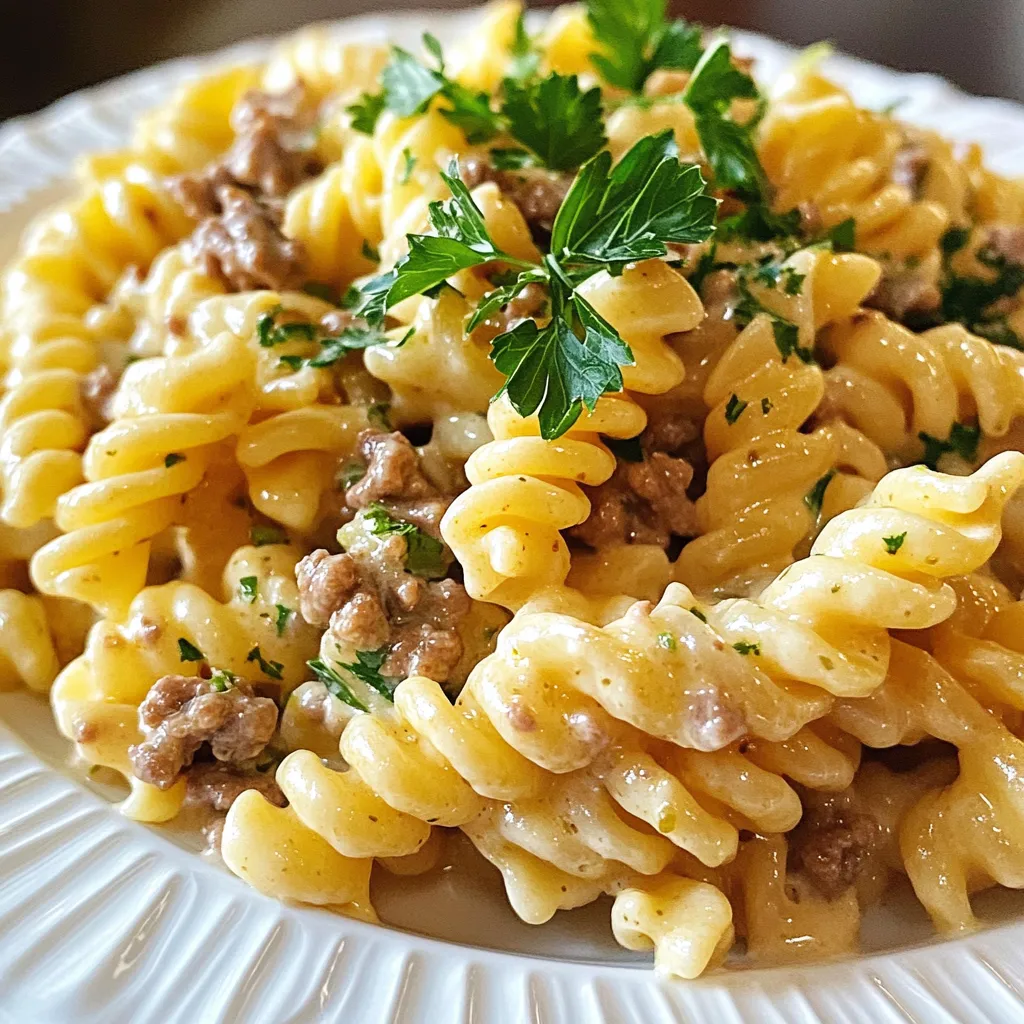 To make creamy garlic beef pasta, you need simple yet tasty ingredients. Here is what you'll need: - 8 oz (225g) fusilli or penne pasta - 1 lb (450g) ground beef - 3 tablespoons olive oil - 4 cloves garlic, minced - 1 medium onion, finely chopped - 1 cup beef broth - 1 cup heavy cream - 1 cup grated Parmesan cheese - 1 teaspoon Italian seasoning - Salt and pepper to taste - Fresh parsley, chopped (for garnish) Each ingredient plays a key role in creating this dish. The pasta gives the meal body, while the ground beef adds richness. Olive oil adds a smooth touch. Garlic and onion bring depth to the flavor. Beef broth gives the sauce a savory base, while heavy cream creates a creamy texture. Parmesan cheese rounds it all off with a salty bite. Italian seasoning adds a hint of herbs. Finally, salt and pepper enhance all the flavors, and fresh parsley brightens the dish. Choosing fresh, high-quality ingredients can make a big difference. The better the ingredients, the better your creamy garlic beef pasta will taste. {{ingredient_image_1}} - Bring salted water to a boil. - Cook pasta until al dente, usually about 8-10 minutes. - Drain the pasta and reserve ½ cup of pasta water for later. - Heat 3 tablespoons of olive oil in a large skillet over medium-high heat. - Add 1 pound of ground beef. Cook until it is browned and no longer pink, about 5-7 minutes. - If there is excess fat, drain it before moving on. - To the skillet, add 1 medium onion, finely chopped, and 4 cloves of minced garlic. - Sauté until fragrant, about 3-4 minutes. The onion should look translucent. - Pour in 1 cup of beef broth and let it simmer for 2-3 minutes. - Lower the heat and add 1 cup of heavy cream, stirring well to mix. - Gradually mix in 1 cup of grated Parmesan cheese and 1 teaspoon of Italian seasoning. - Stir until the cheese melts and the sauce becomes creamy. - Use the reserved pasta water to adjust the sauce's thickness as needed. - Combine the cooked pasta with the sauce and season with salt and pepper to taste. How to cook pasta al dente To cook pasta al dente, bring a large pot of salted water to a boil. Add your pasta and stir. Check the package for cooking time, but start tasting about two minutes early. The pasta should be firm but not hard. Drain it and save some pasta water for later. Best type of pasta for this recipe For creamy garlic beef pasta, I prefer fusilli or penne. Fusilli holds the sauce well due to its twists. Penne has a nice bite and allows the sauce to cling to its ridges. How to customize sauce thickness To change the sauce thickness, you can adjust the amount of heavy cream. Use less cream for a lighter sauce. If you want it thicker, let it simmer a bit longer. The sauce will reduce and become creamier. Alternatives to heavy cream If you need a substitute for heavy cream, try using half-and-half or coconut milk. You can also blend silken tofu with broth for a dairy-free option. This will give you a creamy texture without the heavy cream. Additional herbs or spices to try Add fresh basil or oregano for extra flavor. A pinch of red pepper flakes gives a nice kick. You can also sprinkle a bit of smoked paprika for a deeper taste. Suggestions for garnishes Top your pasta with fresh parsley for color. Grated cheese or toasted pine nuts add a nice crunch. You can even drizzle a little olive oil for richness. Pro Tips Cook Pasta Al Dente: To achieve the perfect texture, cook your pasta just until al dente. This ensures it retains a slight bite and won’t become mushy when mixed with the sauce. Use Quality Beef: Opt for a higher quality ground beef for a richer flavor. Grass-fed beef often provides a better taste and more nutrients compared to standard ground beef. Adjust Sauce Consistency: If your sauce is too thick, gradually add reserved pasta water until you reach your desired consistency. This water contains starch that helps the sauce cling to the pasta. Garnish for Freshness: Always finish your dish with a sprinkle of fresh herbs like parsley. It not only adds a pop of color but also enhances the flavor profile of the dish. {{image_2}} You can easily change the ground meat in this recipe. Try ground turkey or chicken for a lighter meal. If you want a richer flavor, use ground lamb or pork. Each choice brings a unique taste to the dish. For vegetarian options, consider meat substitutes like lentils or plant-based ground meat. These swaps keep the dish hearty while catering to plant-based diets. You can still enjoy the creamy sauce with these options. Adding vegetables can enhance the dish. Try spinach, bell peppers, or mushrooms. These add color, texture, and nutrients. Sauté them with the garlic and onion for the best flavor. Changing the cheese is another way to mix things up. Use mozzarella for a gooey texture or feta for a tangy kick. Each cheese brings a different depth to the sauce. For gluten-free eaters, swap the pasta for gluten-free varieties. Many brands offer great options that mimic traditional pasta. Just make sure to follow the cooking times on the package. If you want a dairy-free or low-calorie version, use coconut milk or a non-dairy cream. These alternatives can help you enjoy the creamy texture without the calories or dairy. Just taste as you go and adjust the seasoning as needed. To keep your creamy garlic beef pasta fresh, store it in an airtight container. Place it in the fridge within two hours of cooking. It stays good for about three to four days. If you want to freeze it, let it cool first. Use a freezer bag or container and remove as much air as possible. It can last for up to three months in the freezer. When it’s time to enjoy your pasta again, reheat it gently. The best methods are on the stove or in the microwave. If using the stove, add a splash of water or broth to help the sauce. Heat it on low until warmed through. In the microwave, cover the dish and heat in one-minute bursts, stirring in between. To keep the sauce creamy, avoid high heat. Adding a little cream or milk while reheating can help maintain that rich texture. Enjoy every bite! Yes, you can use other pasta shapes. Some great options are: - Spaghetti - Fettuccine - Rigatoni Cooking times vary. For example, spaghetti takes about 8-10 minutes. Fettuccine cooks in around 10-12 minutes. Always check the package for best results. If you need a substitute for heavy cream, consider these options: - Half-and-half: Use in a 1:1 ratio. - Greek yogurt: Mix with a bit of milk for a creamy texture. - Coconut cream: Great for a dairy-free option. Adjust the seasoning as needed. Some substitutes may alter the flavor slightly. Leftovers can last in the fridge for 3-4 days. To store, place them in an airtight container. If you freeze leftovers, they can last up to 2-3 months. Check for these signs before eating: - Off smell - Mold or discoloration - Unusual texture Always trust your senses. If it seems off, it's best to throw it out. This recipe offers a simple and tasty pasta dish that anyone can make. You learned how to cook pasta, prepare flavorful beef, and create a creamy sauce. We discussed tips for making the dish your own, such as ingredient swaps and flavor boosts. Remember to store leftovers properly and reheat them for the best taste. Enjoy making this dish, and don’t hesitate to get creative with it! Your kitchen can be a place of fun and delicious meals!