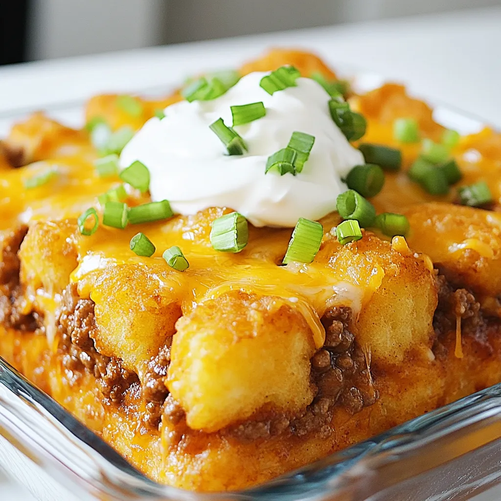 To make Chili Cheese Tater Tot Casserole, you need some tasty ingredients. Here’s a list to get you started: - Ground beef (or turkey) - Canned chili (with or without beans) - Cheddar cheese - Mozzarella cheese - Onion - Garlic - Spices (cumin, chili powder, salt, and pepper) - Frozen tater tots - Sour cream (optional) - Green onions (for garnish) Each ingredient brings its own flavor. Ground beef or turkey gives the dish a hearty base. The canned chili adds rich taste and warmth. Cheddar and mozzarella cheese melt to create a creamy topping. Onion and garlic provide a nice aroma and depth. Use spices like cumin and chili powder to add a kick. Frozen tater tots add crunch and fun. If you like, add sour cream for creaminess. Finally, garnish with green onions for a fresh touch. Gather these ingredients to create a comforting meal that everyone will enjoy. {{ingredient_image_1}} First, preheat your oven to 425°F (220°C). This step is key for a nice, crispy top. In a large skillet, add 1 pound of ground beef or turkey. Then, toss in 1 small diced onion and 2 minced garlic cloves. Cook this mixture over medium heat. You want the meat to brown and the onion to become clear. This will take about 7 to 10 minutes. Once done, drain any fat from the skillet. Next, stir in 1 can of chili, 1 teaspoon of cumin, 1 teaspoon of chili powder, and salt and pepper to taste. Let this simmer for about 5 minutes. This helps all the flavors come together. Grab a 9x13 inch casserole dish. Spread the chili beef mixture evenly across the bottom. Make sure it covers the whole dish. Next, take a bag of frozen tater tots. Evenly place them over the chili mix. You want to cover it completely so every bite has that crispy goodness. Now, sprinkle 1 cup of shredded cheddar cheese and 1 cup of shredded mozzarella cheese on top. This will melt beautifully in the oven. Now it’s time to bake. Place the casserole in your preheated oven. Bake it for 25 to 30 minutes. You want the cheese to be bubbly and the tater tots to turn golden brown. Once it’s done, carefully take it out of the oven. Let it cool for about 5 minutes before serving. If you like, you can add a dollop of sour cream on top and sprinkle some chopped green onions for a fresh touch. Enjoy this hearty meal! Start with good ground beef or turkey. I like to use 80/20 beef for flavor. Sauté it with diced onion and minced garlic. Cook until the meat is browned and the onion is soft. This step brings out great taste. After cooking, drain any fat. Then, stir in chili and spices like cumin and chili powder. Let it simmer for five minutes. This helps all the flavors blend. Taste and adjust salt and pepper as needed. For the best tater tots, spread them evenly over the meat mixture. Make sure they cover everything. This way, they cook evenly. Bake in a hot oven at 425°F for 25-30 minutes. Keep an eye on them. You want a nice golden brown color. If they look pale, give them a few extra minutes. Crispy tots make the dish even better. Cheese brings joy to this casserole. I recommend using a mix of cheddar and mozzarella. Cheddar adds a sharp taste, while mozzarella gives that gooey texture. Sprinkle it generously on top of the tater tots. For extra flavor, try adding pepper jack cheese. It gives a nice kick. Remember to let the casserole cool for a few minutes before serving. This helps the cheese set and makes it easier to cut. Pro Tips Choose Your Meat: You can use either ground beef or turkey depending on your preference. Turkey will give a lighter option while beef adds a richer flavor. Customize Your Cheese: Feel free to mix and match your cheeses! Adding pepper jack or a blend of Mexican cheeses can give an extra kick. Make It Spicy: For those who love heat, consider adding jalapeños or a dash of hot sauce to your chili mixture before baking. Perfect Tater Tot Crispiness: To ensure your tater tots get perfectly crispy, do not overcrowd the top. A single layer allows for better airflow and browning. {{image_2}} You can make this dish meat-free by using beans. Try black beans or kidney beans. Both add protein and flavor. Use two cans of beans instead of meat. Drain and rinse them well. This keeps the casserole light yet filling. For a kick, add sliced jalapeños to the mix. You can stir them into the meat mixture. Or, sprinkle them on top of the cheese. This gives your dish heat and a fresh taste. The balance of spice and cheese is delightful. Mix up the cheese for unique flavors. You can use pepper jack for heat. Gouda adds a smoky touch. Try mixing different cheeses for a richer taste. The blend of textures and flavors makes the casserole even better. To keep your Chili Cheese Tater Tot Casserole fresh, let it cool. Once cooled, scoop leftovers into an airtight container. Store them in the fridge for up to three days. Label the container with the date for easy tracking. Reheat your casserole in the oven for best results. Preheat the oven to 350°F (175°C). Place the casserole in a baking dish, cover it with foil, and heat for about 20 minutes. If you want crispy tots, remove the foil for the last 5 minutes. You can also use the microwave, but the texture may not be as good. Heat individual portions for 1-2 minutes, checking often. If you want to freeze the casserole, it’s best to do so before baking. Assemble the dish, but don’t cook it yet. Wrap the dish tightly in plastic wrap and aluminum foil to prevent freezer burn. It can last up to three months in the freezer. When you're ready to eat, thaw it overnight in the fridge and bake as directed. Yes, you can prepare the casserole ahead of time. Cook the meat and layer the dish. Store it in the fridge for up to 24 hours. When ready, just bake it. This saves time on busy days. You can serve this dish with a side salad or some fresh veggies. A simple green salad pairs well. You could also add a dollop of sour cream on top. Chopped green onions make a great garnish too. Yes! You can use frozen hash browns, mashed potatoes, or even zucchini slices. Each option gives a unique taste and texture. Just make sure to adjust baking time if needed. To reduce calories, use lean ground turkey instead of beef. You can also cut back on cheese or use low-fat versions. Using fewer tater tots will help too. Adding more veggies can also make it lighter. This blog post covered how to make a tasty Chili Cheese Tater Tot Casserole. You learned about the key ingredients, step-by-step instructions, and handy tips for success. We also explored fun variations to suit your taste. In the end, this dish is simple and satisfying. Enjoy your cooking, and feel free to add your own spin. You can make this meal a family favorite!