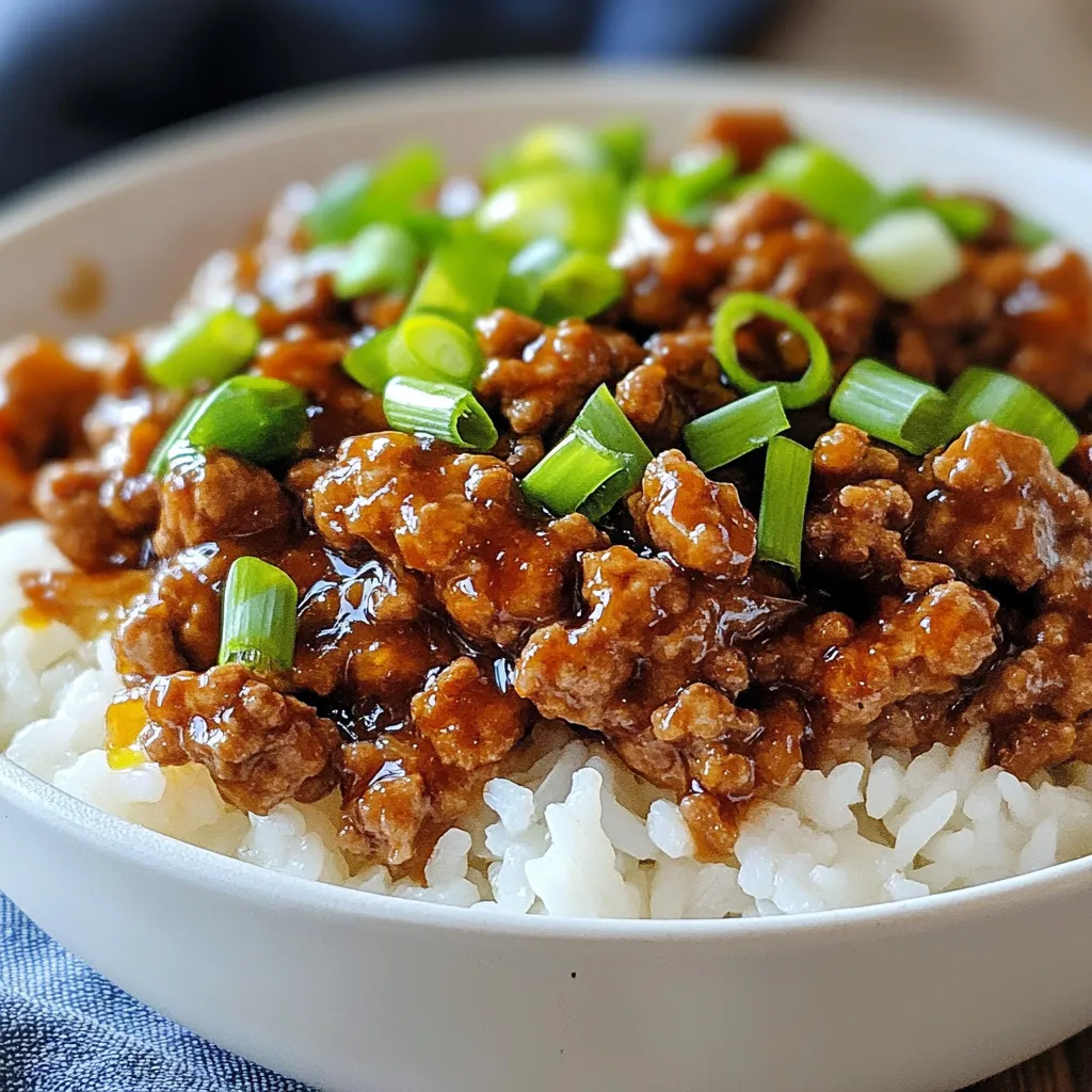 For this dish, you need: - 1 lb ground turkey - 3 tablespoons honey - 3 cloves garlic, minced - 2 tablespoons soy sauce (low sodium) - 1 tablespoon rice vinegar - 1 teaspoon grated ginger - 1 tablespoon sesame oil - Salt and pepper to taste - Cooked rice or quinoa (for serving) These ingredients come together to create a sweet and savory base. Ground turkey gives you a lean protein, while honey adds a nice sweetness. Garlic and ginger bring a punch of flavor. The soy sauce and rice vinegar balance the dish with umami and tang. You can make your meal even better with these extras: - 2 green onions, sliced (for garnish) - Sesame seeds (for a crunchy top) Using green onions adds a fresh taste and a pop of color. If you sprinkle sesame seeds, you’ll get a nice crunch too. If you don't have ground turkey, you can use ground chicken or beef. Both work well and give great flavor. For a vegetarian option, try crumbled tofu or tempeh. If honey is not available, maple syrup can give a similar sweetness. You can also swap soy sauce for tamari for a gluten-free version. Always taste as you go to adjust seasonings. {{ingredient_image_1}} To start, gather your ingredients. You need ground turkey, honey, garlic, soy sauce, rice vinegar, and ginger. In a medium bowl, combine the ground turkey with three tablespoons of honey. Add three minced cloves of garlic, two tablespoons of low-sodium soy sauce, one tablespoon of rice vinegar, and one teaspoon of grated ginger. Mix all the ingredients until they blend well together. This step is crucial; it builds the flavor foundation for your dish. Next, heat one tablespoon of sesame oil in a large skillet over medium heat. You want the oil to be hot but not smoking. Add the seasoned ground turkey mixture to the skillet. Use a wooden spoon to break apart the meat as it cooks. Cook for about 7 to 10 minutes, stirring often. The turkey should be fully cooked and no longer pink. For a deeper flavor, let it cook for an extra 2 to 3 minutes until it caramelizes slightly. Taste the mixture and add salt and pepper to your liking. Once the turkey is cooked, remove it from heat and let it cool for about a minute. Serve it over a bed of cooked rice or quinoa. This adds a nice texture to the dish. For a pop of color, garnish with sliced green onions on top. You can also sprinkle sesame seeds for extra crunch. Serving in a deep bowl or plate creates an appealing layered look. Enjoy your flavorful and easy honey garlic ground turkey! To get the best flavor from your Honey Garlic Ground Turkey, use fresh ingredients. Fresh garlic and ginger add a lot of taste. Mix the honey with soy sauce and rice vinegar for a sweet and tangy kick. If you want more depth, let the turkey cook a bit longer. This caramelizes the sauce, giving it a rich color and taste. If you're new to cooking, start by gathering all your ingredients first. This makes the process smooth and easy. When cooking the turkey, break it apart with a wooden spoon. Cook until it is no longer pink. This usually takes about 7 to 10 minutes. Taste as you go! Adjust the seasoning with salt and pepper to match your liking. For a restaurant-style look, serve your dish in a deep bowl or a nice plate. This adds layers and makes the meal pop. Top it with sliced green onions for color. You can also sprinkle sesame seeds on top for a crunchy finish. Serve the turkey over a bed of rice or quinoa for a complete look. This not only tastes great but also looks appealing to the eyes. Pro Tips Adjust the Sweetness: If you prefer a less sweet dish, reduce the amount of honey to your taste or substitute with a sugar alternative. Enhance the Umami Flavor: Adding a splash of fish sauce can deepen the savory notes in the dish without overpowering it. Use Fresh Ingredients: Fresh garlic and ginger will provide a brighter flavor compared to pre-minced varieties, enhancing the dish's overall taste. Meal Prep Friendly: This dish can be made in advance and stored in the fridge for up to 3 days, making it perfect for meal prep! {{image_2}} You can swap ground turkey for other meats. Ground chicken works well for a lighter taste. If you want beef, use ground sirloin for a richer flavor. For a vegetarian option, try using lentils or crumbled tempeh. Both add great texture and absorb the honey garlic sauce. For gluten-free diets, use tamari instead of soy sauce. This keeps the flavors without any gluten. If you avoid sugar, use a sugar substitute like stevia or monk fruit sweetener. You can also use cauliflower rice for a low-carb meal. Want to kick up the flavor? Add a dash of red pepper flakes for heat. You can also mix in chopped bell peppers or snap peas for crunch. For a fresh taste, toss in some cilantro or basil just before serving. These add-ins make this dish even more exciting and colorful! To store leftovers, let the dish cool first. Place it in an airtight container. You can keep it in the fridge for up to three days. Make sure to label the container with the date. When reheating, use a skillet for the best texture. Heat over low to medium heat. Stir occasionally to warm it evenly. You can also add a splash of water or broth to keep it moist. For long-term storage, freeze the dish in a freezer-safe container. It can last up to three months. When ready to eat, thaw in the fridge overnight. Reheat thoroughly before serving. Yes, you can use ground chicken or beef. Both options work well. Ground pork can also add a nice flavor. Just keep the cooking time similar. Absolutely! Honey garlic ground turkey is perfect for meal prep. It stores well in the fridge for up to four days. You can easily make a big batch and divide it into containers. Great sides include steamed broccoli, green beans, or a fresh salad. You can also serve it over rice or quinoa. These options add color and nutrition to your meal. To add heat, mix in crushed red pepper flakes or sriracha. You can also use a spicy soy sauce. Adjust the amount based on your spice level preference. Yes, you can prepare it ahead of time. Cook the turkey and store it in the fridge. Just reheat it before serving. This way, you can enjoy the party too! In this blog post, we explored a tasty recipe for Honey Garlic Ground Turkey. We covered main ingredients, helpful cooking tips, and fun variations. You learned how to store leftovers and how to spice things up. Remember, cooking can be simple and enjoyable. Use this recipe to delight your family or impress friends. Try different proteins or garnishes to make it your own. Enjoy your cooking journey!