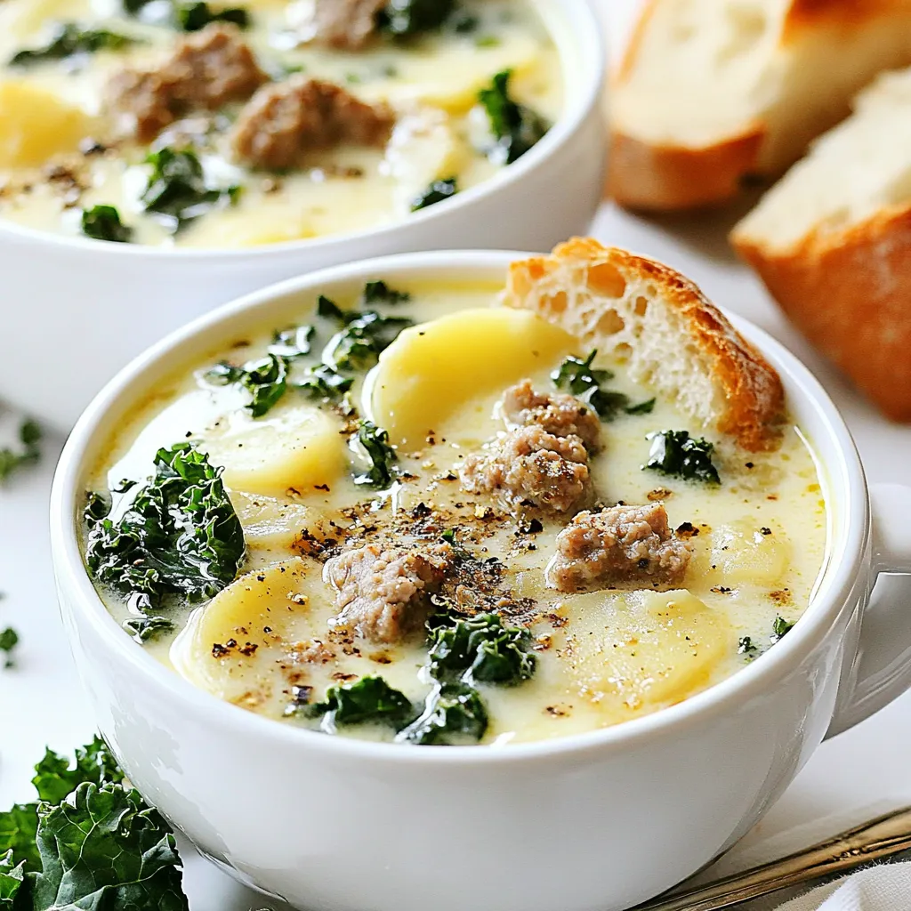 - 1 pound Italian sausage (mild or spicy) - 4 cups chicken broth - 4 large potatoes, thinly sliced - 1 cup kale, chopped The main ingredients form the heart of Zuppa Toscana. Italian sausage adds rich flavor. You can choose mild or spicy, based on your taste. Chicken broth provides a savory base. Potatoes give this soup its comforting texture. Kale brings a burst of color and nutrients. - 1 medium onion, diced - 3 cloves garlic, minced - 1 cup heavy cream - 1 teaspoon Italian seasoning - Salt and pepper to taste - Optional: red pepper flakes for heat Onion and garlic are key for flavor. They sauté to create a sweet, aromatic base. Heavy cream makes the soup creamy and rich. Italian seasoning adds depth. Adjust salt and pepper as needed. If you like heat, sprinkle in red pepper flakes for a kick. - Olive oil for sautéing - Slow cooker size recommendations Use olive oil to sauté onion and garlic. A medium-sized slow cooker works well for this recipe. If you plan to make a larger batch, choose a bigger slow cooker. This soup is great for sharing! {{ingredient_image_1}} To start, I heat a little olive oil in a skillet. I add my diced onion and sauté it. I cook it for about 3-4 minutes, until it looks clear. Then, I add 3 cloves of minced garlic. I sauté this mix for another minute until it smells great. Next, I add 1 pound of Italian sausage to the skillet. I break it apart with a spatula. I cook it for 5-7 minutes until it turns brown. Once done, I drain any extra fat. I then transfer the sausage, onion, and garlic into the slow cooker. Now, I add the thinly sliced potatoes to the slow cooker. I pour in 4 cups of chicken broth. I sprinkle in 1 teaspoon of Italian seasoning, along with salt and pepper to taste. I make sure to stir it all well so the flavors mix. I cover the slow cooker and set it to cook. If I choose low, it cooks for 6-8 hours. If I want it faster, I set it to high for 3-4 hours. I check for potato tenderness after the time is up. Once they are soft, I stir in 1 cup of chopped kale and 1 cup of heavy cream. I let it cook for another 15-20 minutes until the kale wilts. To make your Zuppa Toscana truly shine, think about your herbs. Fresh herbs bring bright flavor, while dried herbs offer convenience. If you have fresh basil or parsley, add them near the end. This way, they keep their vibrant taste. For creaminess, adjust the heavy cream to your liking. Want it richer? Add more cream. Prefer it lighter? Use less. Prepping your ingredients ahead of time can save you stress. Chop your onion and garlic the night before. Store them in the fridge until you're ready to cook. You can also slice the potatoes early. Using a food processor makes chopping quick and easy. Just be careful not to over-process everything into mush! When serving Zuppa Toscana, think about nice pairings. Crusty bread is perfect for dipping. You can also add toppings like grated cheese or a sprinkle of red pepper flakes for a little heat. For garnishing, a drizzle of cream or fresh herbs on top makes the dish look special. Serve it in deep bowls for a cozy feel! Pro Tips Use Fresh Ingredients: Fresh kale and quality Italian sausage will elevate the flavor of your Zuppa Toscana significantly. Customize the Heat: Adjust the amount of red pepper flakes to suit your spice preference, making it as mild or fiery as you like. Thicker Soup Option: For a heartier texture, mash a few of the cooked potatoes before adding the kale and cream. Leftover Storage: This soup stores well in the fridge for up to 3 days; just reheat gently on the stove for the best texture. {{image_2}} You can easily change the sausage in this dish. Using turkey or chicken sausage gives it a lighter touch. Both options still pack flavor. You might also swap out some veggies. Spinach or chard works well in place of kale. They add a nice color and taste. If you need to make this dish gluten-free, just check your broth. Many brands are gluten-free. You can also find gluten-free sausage. For a dairy-free version, replace the heavy cream. Use coconut cream or a nut-based milk. These options keep the dish creamy without dairy. Want to change how you serve it? You can turn this soup into a stew. Simply add less broth and let it cook longer. For a casserole, pour the soup into a baking dish. Top it with cheese and bake until golden. If you make extra, freeze it for later. It keeps well in the freezer. Just store it in airtight containers. This way, you can enjoy a warm bowl on a busy day. After enjoying your Zuppa Toscana, store leftovers right away. Cool the soup to room temperature. Then, place it in an airtight container. You can refrigerate it for up to three days. If you need to keep it longer, freeze the soup. Use freezer-safe containers to prevent freezer burn. When reheating, gently warm it on the stove over low heat. Stir often to keep it smooth. You can also microwave it; just cover the bowl to avoid splatters. In the fridge, your Zuppa Toscana stays fresh for about three days. After that, it might not taste as good. When frozen, it can last for about three months. Make sure to label your containers with the date. This way, you know when to use them. For storing, use glass or BPA-free plastic containers. These keep your soup fresh and safe. Divide the soup into smaller portions. This makes it easier to thaw and reheat. Plus, it helps with meal planning during the week. Zuppa Toscana is a tasty Italian soup. It features sausage, potatoes, and kale. You can enjoy it warm and creamy. The dish combines rich flavors and hearty ingredients. It is perfect for cold days or cozy dinners. Yes, you can make this soup ahead of time! Prepare the soup and store it in the fridge. It will taste even better the next day. Just reheat it on the stove. If you want to freeze it, leave out the cream. Add the cream when you reheat it. To change the spice level, you have a few options. If you like heat, add red pepper flakes. Start with a small amount, then taste. If you want less spice, skip the flakes. You can also use mild sausage instead of spicy sausage. In this post, I shared the main ingredients and steps to make Slow Cooker Zuppa Toscana. We explored how to enhance flavor and provided tips for meal prep. You can swap ingredients to suit your taste and discover great ways to store leftovers. This dish is not just about the process, but also about making it your own. Enjoy creating a warm, comforting bowl that satisfies your cravings and fits your needs. Let's keep exploring new recipes together!