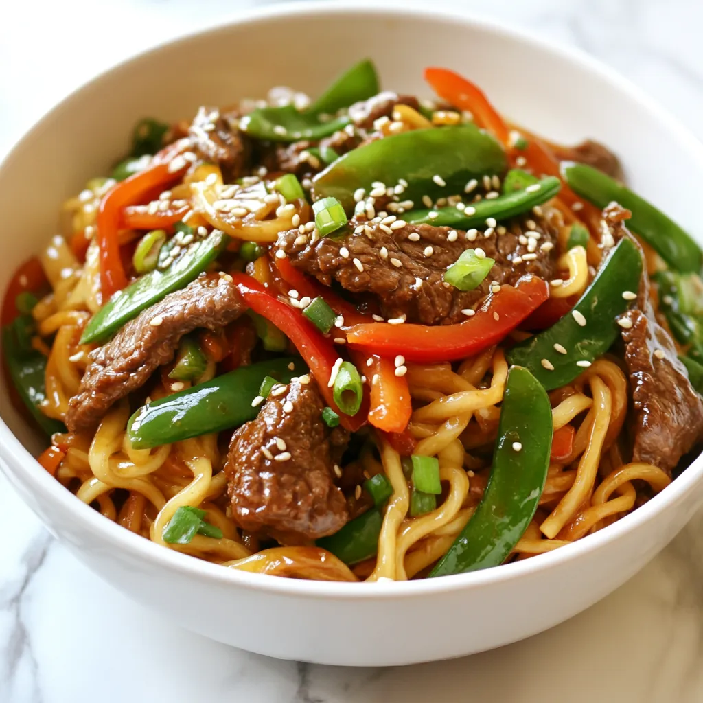- 8 oz beef sirloin, thinly sliced - 10 oz rice noodles - 2 tablespoons hoisin sauce - 1 tablespoon soy sauce - 1 tablespoon sesame oil - 2 cloves garlic, minced - 1-inch piece ginger, grated - 1 red bell pepper, sliced - 1 cup snap peas - 3 green onions, sliced - 1 teaspoon sesame seeds for garnish - Fresh cilantro for garnish (optional) - Salt and pepper The star of this dish is the beef sirloin. It gives a rich, juicy flavor. You want to slice it thinly for quick cooking. The rice noodles serve as a perfect base, soaking up all the tasty sauces. Hoisin sauce adds sweetness and depth. Soy sauce brings saltiness, making this dish balanced. Aromatics like garlic and ginger are key. They add warmth and a burst of flavor. Red bell pepper and snap peas bring color and crunch. They make the dish look bright and fresh. Green onions, sesame seeds, and cilantro are great for adding a lovely finish. Finally, salt and pepper help to elevate all the flavors. These ingredients come together quickly, making a tasty meal in just 30 minutes. You can impress your family or friends without spending all day cooking! {{ingredient_image_1}} To start, fill a pot with water and bring it to a boil. Use enough water to fully cover the rice noodles. Once it’s boiling, add the noodles and cook them until they are al dente. This usually takes about 4 to 6 minutes, but check the package for exact times. After cooking, drain the noodles in a colander and set them aside. This step is key for getting the perfect texture. Next, take your thinly sliced beef sirloin and place it in a bowl. Add two tablespoons of hoisin sauce and one tablespoon of soy sauce. Mix well, ensuring the beef is evenly coated. Sprinkle in a pinch of salt and pepper to enhance flavor. Let the beef marinate for about 15 minutes. This short time allows the flavors to soak in, making the beef taste amazing. Now, it’s time to bring everything together. Heat one tablespoon of sesame oil in a large skillet or wok over medium-high heat. Once hot, add two cloves of minced garlic and one-inch grated ginger. Stir-fry these for about 30 seconds until they smell great. Then, add the marinated beef to the skillet. Cook it for about 3 to 4 minutes. You want the beef to be browned and cooked all the way through. After that, remove the beef from the skillet and set it aside. In the same skillet, toss in one sliced red bell pepper and one cup of snap peas. Stir-fry these for about 2 to 3 minutes. You want them to be bright and tender-crisp, which adds great texture and color. Finally, return the beef to the skillet along with the cooked noodles. Toss everything together gently. Ensure the noodles are well-coated with the tasty sauce from the beef. Stir in three sliced green onions for a fresh finish. Taste your dish and adjust the seasoning if needed. How long to marinate: Marinating the beef for 15 minutes works well. This short time allows the flavors to soak in without overdoing it. If you have more time, you can let it marinate for up to an hour for deeper flavor. Ideal beef cuts to use: I recommend using beef sirloin for this recipe. It is tender and cooks quickly. Other good options include flank steak or ribeye. Both cuts will give you a nice bite and great taste. Ensuring noodles are al dente: To get the best texture, follow the package instructions carefully. Cook the rice noodles until they are firm but not hard. They should have a slight bite to them, also known as al dente. Tips for not sticking: After draining the noodles, rinse them with cold water. This step helps remove excess starch that can make them sticky. Toss them lightly with a bit of oil to keep them separate until you mix them with the beef. Additional sauces or spices to consider: You can spice things up by adding chili paste or sriracha for heat. A splash of rice vinegar can add brightness, too. Just remember to add these in small amounts to avoid overpowering the dish. Suggestions for adjusting seasoning: Always taste before serving. If you find the dish needs more flavor, add a pinch of salt or a drizzle of soy sauce. Fresh herbs like cilantro or basil can also boost the taste and freshness of your meal. Pro Tips Choose Quality Beef: Opt for grass-fed or organic beef sirloin for a richer flavor and better texture. Soak Noodles Ahead: For an even better texture, soak the rice noodles in warm water for 20 minutes before cooking. Customize Veggies: Feel free to substitute snap peas and bell peppers with your favorite vegetables like broccoli or carrots for added nutrition. Garnish Generously: Don’t skip the sesame seeds and cilantro—they add a burst of flavor and a beautiful presentation. {{image_2}} You can change up the protein in your Hoisin beef noodles. Chicken, tofu, and shrimp work great. - Chicken: Use thinly sliced chicken breast. It cooks fast and absorbs flavors well. - Tofu: Opt for firm tofu. Cube it, and pan-fry until golden for a crispy texture. - Shrimp: Add peeled shrimp for a quick cook. They’ll add a sweet taste to the dish. Switching proteins keeps this meal fresh and fun. You can play with the vegetables in this dish too. Many pair well with the sauce and noodles. - Broccoli: This veggie adds crunch and a nice green color. - Carrots: Thinly sliced carrots bring sweetness and a pop of orange. - Bell Peppers: You can mix colors. Yellow or green bell peppers work as well. - Zucchini: Sliced zucchini adds a soft texture and mild flavor. Feel free to experiment with your favorites or what you have on hand. If you need gluten-free options, you have choices. - Noodles: Look for rice noodles labeled gluten-free. They are often made from rice flour. - Sauces: Use tamari instead of soy sauce. Tamari is a gluten-free soy sauce alternative. These simple swaps make this dish safe for gluten-sensitive diets. Enjoy your meal without worry! You can store Hoisin Beef Noodles in an airtight container. Keep them in the fridge for up to three days. If you want to keep them longer, consider freezing. Just make sure they cool down before storing. To reheat your noodles, use a skillet over medium heat. Add a splash of water for moisture. Stir gently until heated through. This keeps the noodles from getting mushy. You can also use the microwave. Heat in short bursts, stirring in between. Yes, you can freeze Hoisin Beef Noodles. Put them in a freezer-safe container. They will stay good for about three months. When ready to eat, thaw them in the fridge overnight. Then reheat as mentioned above. This method helps preserve the texture and flavor. Hoisin sauce is a thick, dark sauce used in many Asian dishes. It has a sweet and salty flavor. The key components include: - Fermented soybeans - Sugar - Vinegar - Garlic - Spices These ingredients create a unique taste. You can use hoisin sauce in marinades, stir-fries, or as a dip. It adds depth to Hoisin Beef Noodles. Yes, you can prepare Hoisin Beef Noodles in advance. Here are some best practices for meal prep: - Cook the Noodles: Prepare the rice noodles as instructed and drain them. - Marinate the Beef: Marinate the beef with hoisin and soy sauce. You can do this up to a day ahead. - Store Separately: Keep the noodles, beef, and vegetables in separate containers. This prevents sogginess. - Reheat Carefully: When ready to serve, stir-fry everything together again. This keeps the flavors fresh. You can enhance your meal with side dishes or pairings. Consider these options: - Spring Rolls: Fresh or fried, they add a nice crunch. - Stir-Fried Vegetables: Broccoli, bok choy, or carrots pair well. - Rice: Steamed jasmine or fried rice complements the flavors. - Soup: A light broth can balance the meal. These sides make your dinner more enjoyable and complete. This blog post covered how to make delicious Hoisin Beef Noodles. We talked about the key ingredients, step-by-step cooking instructions, and tips for perfect results. Remember, marinating beef enhances the flavor, and choosing the right noodles matters. In summary, you can adjust the recipe to suit your taste and dietary needs. So get creative! Enjoy trying different proteins and veggies. With easy storage and reheating tips, you can savor your dish even longer. Happy cooking!