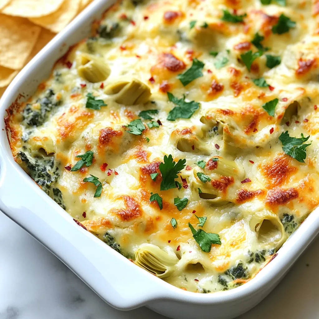 To make a great cheesy spinach artichoke dip, gather these simple ingredients: - Spinach - Artichoke Hearts - Cream Cheese - Sour Cream - Shredded Mozzarella Cheese - Grated Parmesan Cheese - Garlic - Onion Powder - Red Pepper Flakes - Salt and Pepper Each ingredient plays a key role in creating that creamy, cheesy goodness. Spinach adds a fresh, green touch. Make sure to chop it well. Artichoke hearts give a nice, tangy flavor. They should be drained and chopped for the best taste. Cream cheese and sour cream form the base. They create a rich, smooth texture. Shredded mozzarella cheese adds stretch and gooeyness. Grated Parmesan cheese brings a salty, nutty note. Garlic gives a warm, aromatic flavor. Use fresh minced garlic for the best taste. Onion powder adds depth without overpowering the dip. Red pepper flakes can spice things up if you like extra heat. Finally, salt and pepper enhance all the flavors. Adjust these to your liking. With these ingredients, you are on your way to a delicious party treat! {{ingredient_image_1}} 1. Preheating the Oven First, set your oven to 350°F (175°C). This warms the oven so your dip cooks evenly. 2. Mixing the Base Ingredients In a medium bowl, mix 1 cup of softened cream cheese, 1 cup of sour cream, and 2 cloves of minced garlic. Stir until the mix is smooth and creamy. 3. Adding Spinach and Artichokes Add 1 cup of chopped spinach and 1 cup of drained, chopped artichoke hearts to the bowl. Then, stir in 1 cup of shredded mozzarella cheese and ½ cup of grated Parmesan cheese. Mix well until everything combines. 4. Seasoning the Mix Season your dip with ½ teaspoon of onion powder, ½ teaspoon of red pepper flakes (if you like spice), and salt and pepper to taste. Stir again to blend the flavors. 5. Transferring to Baking Dish Take an oven-safe baking dish and transfer your dip mixture into it. Spread the dip evenly across the dish for even cooking. 6. Baking Time and Temperature Place the dish in the preheated oven and bake for 20-25 minutes. Watch for the dip to be hot, bubbly, and slightly golden on top. Enjoy the delightful aroma filling your kitchen while it bakes! - Ensuring Cream Cheese is Softened Use room temperature cream cheese for a smooth dip. Softening makes mixing easier. Let it sit out for about 30 minutes before use. - Mixing Ingredients Thoroughly Mix all ingredients well to ensure even flavor. You want every bite to have a great taste. Use a spatula to scrape the bowl as you mix. - Checking for Doneness Bake until the dip is hot and bubbly. A golden top shows it’s ready. If it’s not golden after 25 minutes, give it some more time. - Adjusting Spice Levels Spice it up or tone it down! Add more red pepper flakes for heat. If you want it milder, skip them or reduce the amount. - Best Dippers Serve with tortilla chips for crunch. Baguette slices add a nice chew. Fresh vegetable sticks like carrots or cucumbers work well too. - Garnishing Ideas Sprinkle extra red pepper flakes on top for color. A few chopped parsley leaves can add freshness. These small touches make your dip look even better. Pro Tips Use Fresh Ingredients: For the best flavor, opt for fresh spinach instead of frozen. Fresh ingredients will give your dip a vibrant taste and texture. Adjust the Creaminess: If you prefer a creamier dip, add more cream cheese or sour cream to your mixture. This will enhance the overall consistency and richness. Add More Flavor: Experiment with additional spices like garlic powder or smoked paprika for a unique twist. These flavors can elevate your dip to the next level. Serve with Variety: Pair the dip with a variety of dippers such as pita chips, crackers, or fresh veggies. This adds texture and a colorful presentation to your serving platter. {{image_2}} - Low-fat Options: You can swap cream cheese with low-fat cream cheese. Use Greek yogurt instead of sour cream. These changes cut calories but keep the dip tasty. - Dairy-Free Alternatives: For a dairy-free dip, use cashew cream. This gives a creamy texture. Nutritional yeast adds a cheesy flavor without dairy. - Flavor Variations: You can add cooked bacon bits for a smoky kick. Chopped sun-dried tomatoes bring a sweet, tangy taste. Fresh herbs like basil or dill will brighten the dip. - Holiday Hosting: During the holidays, serve this dip with festive bread. Try using a bread bowl for a fun twist. Add a sprinkle of nutmeg for a holiday flavor. - Game Day Improvements: For game day, boost the spice with extra red pepper flakes. Add jalapeños for a spicy touch. Serve with a variety of dippers like nachos or pretzel bites. Refrigeration Tips After your dip cools, store it in an airtight container. This keeps it fresh. Place it in the fridge. It will last about three to four days. Make sure to let it cool before sealing. This step helps avoid extra moisture. Freezing Instructions You can freeze leftovers, too! Transfer the cooled dip into a freezer-safe container. Leave a little space at the top for expansion. Seal it well and label with the date. It can stay in the freezer for about two months. When ready to enjoy, thaw it in the fridge overnight. Best Methods for Reheating To reheat, use the oven or microwave. If using the oven, preheat to 350°F (175°C). Place the dip in an oven-safe dish. Cover with foil to keep it from drying out. Heat for about 15 to 20 minutes. If using the microwave, heat in short bursts. Stir in between to ensure even heating. Maintaining Texture and Flavor To keep the dip creamy, add a splash of cream or milk while reheating. Stir well to combine. This tip helps restore some moisture. Always check the temperature before serving to enjoy it hot. Yes, you can make this dip ahead of time. Prepare it, then store it in the fridge. When you’re ready, just bake it. This dip tastes great after resting, as flavors deepen. You can use Greek yogurt as a great substitute for sour cream. It adds creaminess and tang without losing flavor. You can also try cream cheese or cottage cheese for a different taste. The dip lasts about 3 to 4 days in the fridge. Store it in an airtight container to keep it fresh. Always check for any signs of spoilage before eating. Definitely! Mix all ingredients in the slow cooker. Cook on low for about 2 to 3 hours. Stir occasionally until it is hot and bubbly. This method is perfect for parties. Yes, you can add many ingredients! Cooked bacon, sun-dried tomatoes, or different cheeses can enhance the flavor. Feel free to experiment with your favorite additions to make it your own. In this post, we covered tasty ingredients for Cheesy Spinach Artichoke Dip. We provided step-by-step instructions to help you prepare it easily. I shared helpful tips to improve your cooking and serving ideas. You can also explore ingredient substitutions and storage options to enjoy this dish longer. Remember, this dip is versatile and great for any occasion. Try experimenting with flavors and ingredients to make it your own!