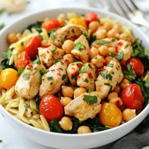 - 2 cups orzo pasta - 1 lb boneless, skinless chicken breast, diced - 1 cup spinach, chopped - 1 cup cherry tomatoes, halved - 1 cup cooked chickpeas (canned or boiled) - 4 cups chicken broth - 2 tablespoons olive oil - 1 teaspoon garlic powder - 1 teaspoon paprika - ½ teaspoon black pepper - ¼ teaspoon red pepper flakes (optional) - Salt to taste - Fresh parsley, chopped (for garnish) High Protein Chicken Orzo is a delightful dish packed with flavor and nutrition. You need simple, fresh ingredients to make it shine. Here’s a breakdown of what you will use: - Orzo Pasta: This small pasta cooks quickly and absorbs flavors well. - Chicken Breast: Lean protein that keeps the dish filling and healthy. - Spinach: Adds great color and nutrients; it cooks down nicely. - Cherry Tomatoes: They bring sweetness and juiciness to the dish. - Chickpeas: A fantastic source of protein and fiber that adds texture. - Chicken Broth: It gives the dish a robust, savory base. - Olive Oil: This adds richness and helps cook the chicken perfectly. - Seasonings: Garlic powder, paprika, black pepper, and salt enhance the taste. - Garnish: Fresh parsley makes it look appealing and fresh. These ingredients come together to create a warm, comforting meal. Each one plays a role in the flavor and nutrition of the dish. {{ingredient_image_1}} - Sautéing the Chicken Start by heating olive oil in a large pot over medium heat. Add the diced chicken breast. Season it with garlic powder, paprika, black pepper, and salt. Cook the chicken for about 5 to 7 minutes until it turns golden brown and is fully cooked. This step adds flavor and ensures the chicken is juicy. - Toasting the Orzo Next, add the orzo pasta to the pot. Stir it well with the chicken. Toast the orzo for about 2 minutes. This helps it absorb more flavors later on. Keep stirring to avoid burning. - Simmering the Ingredients Now, pour in the chicken broth. Bring this mixture to a boil. Once it boils, reduce the heat to low and cover the pot. Let it simmer for about 10 minutes. The orzo will soak up most of the liquid and become tender. - Combining with Vegetables After simmering, add the cherry tomatoes, chopped spinach, and cooked chickpeas to the pot. Stir everything well. Cook for another 2 to 3 minutes. This step adds color and nutrients to your dish as the spinach wilts. - Final Adjustments Taste your dish and add more salt or spices if needed. Remove the pot from heat and let it sit for a few minutes. This resting time helps the flavors blend better. Serve it hot, garnished with fresh parsley and a sprinkle of red pepper flakes for extra flair. Enjoy your delicious High Protein Chicken Orzo! - Perfecting the Sautéed Chicken: Start with a hot pan. Add olive oil first. When the oil shimmers, add the diced chicken. Season it with garlic powder, paprika, black pepper, and salt. Cook for 5-7 minutes until golden brown. This step ensures juicy and flavorful chicken. - Ensuring Proper Orzo Texture: Toast the orzo in the pan for about 2 minutes before adding broth. This gives the pasta a nutty flavor. Make sure to stir often. When you add the broth, let it come to a boil. Lower the heat and cover the pot. Simmer until most liquid is absorbed, about 10 minutes. - Flavor Enhancements: You can add red pepper flakes for a kick. Fresh herbs like basil or thyme also work well. Squeeze a little lemon juice before serving. It brightens up all the flavors. - Ideas for Serving: Use bowl plates for a warm, inviting look. Serve the orzo hot, straight from the pot. This keeps everything cozy and fresh. - Garnishing Suggestions: Top your dish with fresh chopped parsley. This adds a pop of color. For extra spice, sprinkle some red pepper flakes on top. It makes the dish look appealing and adds flavor. Pro Tips Perfect Pasta Texture: For al dente orzo, make sure to monitor the cooking time closely. Orzo should be firm to the bite, providing a nice texture in the dish. Seasoning the Chicken: Don’t skimp on seasoning the chicken before cooking. This foundational step infuses flavor into the entire dish, making it more delicious. Add Garlic Freshly: For an extra punch of flavor, consider adding freshly minced garlic when you sauté the chicken instead of garlic powder. Customizable Vegetables: Feel free to swap in your favorite vegetables or whatever you have on hand. Zucchini, bell peppers, or peas can be great additions! {{image_2}} Alternative Proteins You can swap chicken for other proteins. Try turkey or tofu for a lighter meal. Shrimp also works well if you like seafood. For a vegetarian option, use lentils or tempeh. Each choice brings its own unique taste and texture. Vegetable Swaps Feel free to change the vegetables. Use kale or Swiss chard instead of spinach. Zucchini or bell peppers add color and crunch. Carrots or peas can also boost nutrition. Get creative with what you have on hand! Adding Quinoa Quinoa is a great way to add more protein. Cook it separately, then mix it in with the orzo. Quinoa adds a nutty flavor and a nice bite. It also packs a healthy punch with fiber and vitamins. Incorporating Nuts and Seeds Nuts and seeds add extra protein and crunch. Consider adding slivered almonds or sunflower seeds. They give a delightful texture and flavor. Sprinkle them on top just before serving for a tasty finish. - Refrigeration Tips: Store any leftovers in an airtight container. Let the dish cool down first. Place it in the fridge within two hours. It will stay fresh for up to four days. - Freezing Guidance: You can freeze leftovers too! Use a freezer-safe container. The dish can last for up to three months in the freezer. To avoid freezer burn, remove as much air as possible. - Best Ways to Reheat: The best way to reheat High Protein Chicken Orzo is on the stove. Add a splash of chicken broth or water to help it warm evenly. Heat on low, stirring often. If you prefer the microwave, use a microwave-safe bowl. Heat in short intervals, stirring in between. This keeps it moist and tasty. How high is the protein content in High Protein Chicken Orzo? High Protein Chicken Orzo packs a lot of protein. You get about 40 grams per serving. The chicken and chickpeas boost this amount. Can I make this recipe in advance? Yes, you can make this dish ahead of time. Store it in the fridge for up to three days. Just reheat it when ready to eat. Can I use whole grain orzo instead? Absolutely! Whole grain orzo is a great choice. It adds fiber and keeps the dish healthy. The cooking time may be a bit longer, so check the package. What sides pair well with High Protein Chicken Orzo? This orzo dish goes well with a fresh salad. You can also serve it with roasted veggies. Try some crusty bread to soak up the flavors. How do I adjust the recipe for more servings? To make more servings, simply double or triple the ingredients. Keep the same cooking steps. Just make sure your pot is big enough! This blog post covered a tasty recipe featuring orzo, chicken, and veggies. We walked through ingredients, steps, and tips to enhance your dish. You now know about storage, reheating, and even variations for your needs. Cooking doesn’t have to be hard. With these steps, you can enjoy a healthy meal that you can share or adapt. I hope you feel confident to try making this dish today. Happy cooking!
