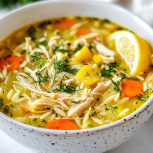 To make Greek Lemon Chicken Soup, you will need: - 2 tablespoons olive oil - 1 medium onion, finely chopped - 2 garlic cloves, minced - 3 medium carrots, diced - 2 celery stalks, diced - 6 cups low-sodium chicken broth - 1 pound boneless, skinless chicken breasts - 1 cup orzo pasta - Juice of 2 large lemons - Zest of 1 lemon - Salt and pepper to taste - Fresh dill, chopped, for garnish - Fresh parsley, chopped, for garnish Using fresh ingredients makes a big difference in this soup. Fresh vegetables add more flavor and nutrients. Fresh herbs like dill and parsley bring brightness to the dish. The zest and juice of lemons give it a bright taste. When you use fresh items, your soup will taste better and look more appealing. If you can’t find orzo, you can use other small pasta shapes. Quinoa or rice can also work well for a different texture. Instead of fresh herbs, you can try dried herbs, but use less. If you want a leaner soup, use chicken thighs instead of breasts. You can also use vegetable broth for a vegetarian version. {{ingredient_image_1}} 1. Start by gathering all your ingredients. This makes cooking easier. 2. Chop the onion finely. Mince the garlic cloves. Dice the carrots and celery. 3. Measure out the orzo pasta. Squeeze juice from two lemons. 4. Zest one lemon to add bright flavor to the soup. 1. Heat the olive oil in a large pot over medium heat. 2. Add the chopped onion and sauté for about five minutes. It should look clear. 3. Stir in the minced garlic, diced carrots, and celery. Cook for another five minutes. 4. Pour in the chicken broth and bring it to a gentle boil. 5. Add the chicken breasts to the pot. Lower the heat to simmer for 15-20 minutes. 6. Once the chicken is cooked, take it out and shred it with two forks. 7. Return the shredded chicken to the pot. 8. Add the orzo pasta and cook it per package instructions, about 8-10 minutes. 9. In the last few minutes, stir in the lemon juice and zest. Add salt and pepper to taste. 10. Remove from the heat and mix in the fresh dill and parsley. - Make sure the chicken is fully cooked. It should feel firm to the touch. - Use two forks to pull apart the chicken easily. - Shred the chicken while it is still warm for best results. To make your Greek lemon chicken soup burst with flavor, use fresh herbs. Fresh dill and parsley add a bright taste. Zest your lemon before juicing it. This adds a rich lemony aroma. Don’t skip the salt and pepper; they bring out all the flavors. A squeeze of lemon juice right before serving adds a fresh kick. You can also use homemade chicken broth for a deeper taste. Start by chopping your veggies small. This helps them cook evenly. When you sauté the onion, wait until it’s soft and clear. This takes about five minutes. When cooking the chicken, keep an eye on the time. Overcooked chicken can become dry. Use two forks to shred chicken easily. Stir in the orzo pasta gently so it doesn’t clump together. A common mistake is not seasoning enough. Always taste your soup before serving. If it lacks flavor, add more salt and pepper. Don’t boil the soup too hard after adding the lemon juice. High heat can make the soup bitter. Lastly, avoid overcooking the orzo. This can turn it mushy, ruining your soup’s texture. Pro Tips Use Homemade Broth: For an even richer flavor, use homemade chicken broth instead of store-bought. It adds depth to the soup. Perfect Pasta Cooking: To prevent the orzo from becoming mushy, cook it separately and add it to the soup just before serving. Fresh Herbs Matter: Always use fresh dill and parsley for garnishing. They enhance the soup's flavor and freshness significantly compared to dried herbs. Adjusting Acidity: Taste the soup before serving; you can always add more lemon juice for extra brightness if needed. {{image_2}} You can boost the nutrition of Greek lemon chicken soup by adding more vegetables. Try adding spinach or kale for a leafy green touch. These greens add vitamins and minerals. You can also add zucchini or bell peppers for extra flavor and crunch. Each new vegetable gives the soup a different taste and texture. This makes it more exciting to eat! If you need a gluten-free version, swap the orzo pasta for rice or quinoa. Both options work well and add a nice texture. You can use brown rice for more fiber, too. Always check the chicken broth to ensure it is gluten-free. This way, everyone can enjoy this delicious soup without worry. You can switch the chicken for other proteins if you prefer. Turkey works well and gives a similar taste. You can also use chickpeas for a vegetarian option. They add protein and make the soup hearty. Just remember to adjust the cooking time based on your protein choice. Each swap can create a new version of this classic dish! To keep your Greek lemon chicken soup fresh, store it in an airtight container. Let the soup cool down first. This avoids steam buildup that can change the soup's texture. You can keep it in the fridge for up to four days. Make sure to label it with the date you made it. This way, you know when to enjoy it again! When reheating your soup, do it slowly. Pour the soup into a pot and heat over medium-low heat. Stir it often to keep it from sticking. Heat until it's warm throughout, usually about 5 to 10 minutes. You can also use the microwave. Place it in a microwave-safe bowl, cover it, and heat in one-minute intervals. Stir in between to ensure even heating. Freezing soup is a great way to save it for later. Use a freezer-safe container, leaving some space at the top. The soup will expand as it freezes. It can last for up to three months in the freezer. To thaw, place the container in the fridge overnight. Reheat it on the stove or in the microwave. Enjoy the taste of Greece anytime! Greek Lemon Chicken Soup, or Avgolemono, is a warm and zesty dish. It features chicken, lemon juice, and orzo pasta in a flavorful broth. The soup has a bright taste thanks to fresh lemon juice and zest. It warms you up and comforts the soul. It’s perfect for chilly days or when you feel under the weather. Yes, you can use leftover chicken in this soup. Shredded chicken from a roast works great. Just add it during the last few minutes of cooking. This saves time and adds flavor. Ensure to adjust the broth as needed for moisture. To make Greek Lemon Chicken Soup creamier, you can add egg yolks. Whisk two egg yolks and some soup broth together. Stir this mix back into the pot after cooking. This creates a rich and smooth texture. You can also add a splash of cream for extra richness. Serve Greek Lemon Chicken Soup with crusty bread for a complete meal. A fresh salad with greens and tomatoes pairs well too. You can also enjoy it with a side of roasted vegetables. A glass of white wine enhances the meal, making it even more enjoyable. This blog post explored how to make Greek Lemon Chicken Soup. We covered key ingredients, why freshness matters, and how to work with substitutes. I shared easy steps for preparation, cooking tips, and ways to get the best texture from chicken. The section on flavor enhancement and cooking mistakes helps beginners avoid pitfalls. We also discussed nutritious variations and proper storage for your soup. In summary, with the right tips and fresh ingredients, you can enjoy a delicious bowl of this comforting soup. Try it today!