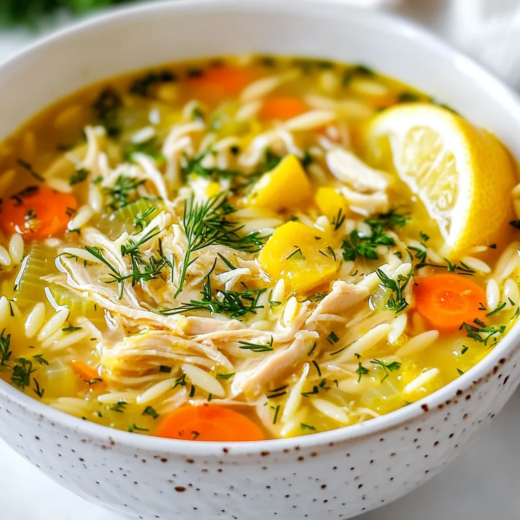 To make Greek Lemon Chicken Soup, you will need: - 2 tablespoons olive oil - 1 medium onion, finely chopped - 2 garlic cloves, minced - 3 medium carrots, diced - 2 celery stalks, diced - 6 cups low-sodium chicken broth - 1 pound boneless, skinless chicken breasts - 1 cup orzo pasta - Juice of 2 large lemons - Zest of 1 lemon - Salt and pepper to taste - Fresh dill, chopped, for garnish - Fresh parsley, chopped, for garnish Using fresh ingredients makes a big difference in this soup. Fresh vegetables add more flavor and nutrients. Fresh herbs like dill and parsley bring brightness to the dish. The zest and juice of lemons give it a bright taste. When you use fresh items, your soup will taste better and look more appealing. If you can’t find orzo, you can use other small pasta shapes. Quinoa or rice can also work well for a different texture. Instead of fresh herbs, you can try dried herbs, but use less. If you want a leaner soup, use chicken thighs instead of breasts. You can also use vegetable broth for a vegetarian version. {{ingredient_image_1}} 1. Start by gathering all your ingredients. This makes cooking easier. 2. Chop the onion finely. Mince the garlic cloves. Dice the carrots and celery. 3. Measure out the orzo pasta. Squeeze juice from two lemons. 4. Zest one lemon to add bright flavor to the soup. 1. Heat the olive oil in a large pot over medium heat. 2. Add the chopped onion and sauté for about five minutes. It should look clear. 3. Stir in the minced garlic, diced carrots, and celery. Cook for another five minutes. 4. Pour in the chicken broth and bring it to a gentle boil. 5. Add the chicken breasts to the pot. Lower the heat to simmer for 15-20 minutes. 6. Once the chicken is cooked, take it out and shred it with two forks. 7. Return the shredded chicken to the pot. 8. Add the orzo pasta and cook it per package instructions, about 8-10 minutes. 9. In the last few minutes, stir in the lemon juice and zest. Add salt and pepper to taste. 10. Remove from the heat and mix in the fresh dill and parsley. - Make sure the chicken is fully cooked. It should feel firm to the touch. - Use two forks to pull apart the chicken easily. - Shred the chicken while it is still warm for best results. To make your Greek lemon chicken soup burst with flavor, use fresh herbs. Fresh dill and parsley add a bright taste. Zest your lemon before juicing it. This adds a rich lemony aroma. Don’t skip the salt and pepper; they bring out all the flavors. A squeeze of lemon juice right before serving adds a fresh kick. You can also use homemade chicken broth for a deeper taste. Start by chopping your veggies small. This helps them cook evenly. When you sauté the onion, wait until it’s soft and clear. This takes about five minutes. When cooking the chicken, keep an eye on the time. Overcooked chicken can become dry. Use two forks to shred chicken easily. Stir in the orzo pasta gently so it doesn’t clump together. A common mistake is not seasoning enough. Always taste your soup before serving. If it lacks flavor, add more salt and pepper. Don’t boil the soup too hard after adding the lemon juice. High heat can make the soup bitter. Lastly, avoid overcooking the orzo. This can turn it mushy, ruining your soup’s texture. Pro Tips Use Homemade Broth: For an even richer flavor, use homemade chicken broth instead of store-bought. It adds depth to the soup. Perfect Pasta Cooking: To prevent the orzo from becoming mushy, cook it separately and add it to the soup just before serving. Fresh Herbs Matter: Always use fresh dill and parsley for garnishing. They enhance the soup's flavor and freshness significantly compared to dried herbs. Adjusting Acidity: Taste the soup before serving; you can always add more lemon juice for extra brightness if needed. {{image_2}} You can boost the nutrition of Greek lemon chicken soup by adding more vegetables. Try adding spinach or kale for a leafy green touch. These greens add vitamins and minerals. You can also add zucchini or bell peppers for extra flavor and crunch. Each new vegetable gives the soup a different taste and texture. This makes it more exciting to eat! If you need a gluten-free version, swap the orzo pasta for rice or quinoa. Both options work well and add a nice texture. You can use brown rice for more fiber, too. Always check the chicken broth to ensure it is gluten-free. This way, everyone can enjoy this delicious soup without worry. You can switch the chicken for other proteins if you prefer. Turkey works well and gives a similar taste. You can also use chickpeas for a vegetarian option. They add protein and make the soup hearty. Just remember to adjust the cooking time based on your protein choice. Each swap can create a new version of this classic dish! To keep your Greek lemon chicken soup fresh, store it in an airtight container. Let the soup cool down first. This avoids steam buildup that can change the soup's texture. You can keep it in the fridge for up to four days. Make sure to label it with the date you made it. This way, you know when to enjoy it again! When reheating your soup, do it slowly. Pour the soup into a pot and heat over medium-low heat. Stir it often to keep it from sticking. Heat until it's warm throughout, usually about 5 to 10 minutes. You can also use the microwave. Place it in a microwave-safe bowl, cover it, and heat in one-minute intervals. Stir in between to ensure even heating. Freezing soup is a great way to save it for later. Use a freezer-safe container, leaving some space at the top. The soup will expand as it freezes. It can last for up to three months in the freezer. To thaw, place the container in the fridge overnight. Reheat it on the stove or in the microwave. Enjoy the taste of Greece anytime! Greek Lemon Chicken Soup, or Avgolemono, is a warm and zesty dish. It features chicken, lemon juice, and orzo pasta in a flavorful broth. The soup has a bright taste thanks to fresh lemon juice and zest. It warms you up and comforts the soul. It’s perfect for chilly days or when you feel under the weather. Yes, you can use leftover chicken in this soup. Shredded chicken from a roast works great. Just add it during the last few minutes of cooking. This saves time and adds flavor. Ensure to adjust the broth as needed for moisture. To make Greek Lemon Chicken Soup creamier, you can add egg yolks. Whisk two egg yolks and some soup broth together. Stir this mix back into the pot after cooking. This creates a rich and smooth texture. You can also add a splash of cream for extra richness. Serve Greek Lemon Chicken Soup with crusty bread for a complete meal. A fresh salad with greens and tomatoes pairs well too. You can also enjoy it with a side of roasted vegetables. A glass of white wine enhances the meal, making it even more enjoyable. This blog post explored how to make Greek Lemon Chicken Soup. We covered key ingredients, why freshness matters, and how to work with substitutes. I shared easy steps for preparation, cooking tips, and ways to get the best texture from chicken. The section on flavor enhancement and cooking mistakes helps beginners avoid pitfalls. We also discussed nutritious variations and proper storage for your soup. In summary, with the right tips and fresh ingredients, you can enjoy a delicious bowl of this comforting soup. Try it today!