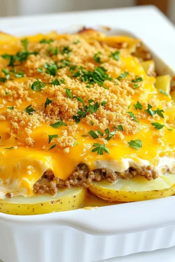 - Ground beef: This is the star of the dish. It adds rich flavor and protein. Choose lean ground beef to keep it healthier. You can also use turkey or chicken if you prefer lighter meat. - Russet potatoes: Fresh russet potatoes give the best texture. They hold up well during baking and become soft inside. Slice them thinly for even cooking. - Optional ingredients: You can add 1 cup of breadcrumbs for a crunchy top. Mixing them with melted butter makes them golden and tasty. Feel free to skip this if you want a simpler dish. - Seasonings: This recipe uses Worcestershire sauce, salt, black pepper, and paprika. Worcestershire adds depth, while paprika gives a slight kick. Adjust the salt and pepper to fit your taste. - Cheese: I use shredded cheddar cheese for its sharp flavor. You could try mozzarella for a milder taste or pepper jack for some heat. Mix different cheeses for a unique flavor. - Sour cream and milk: These add creaminess to the casserole. The sour cream gives it a tangy taste, while milk makes it smooth. The combo creates a lovely sauce that coats the layers well. 1. First, preheat your oven to 350°F (175°C). This temperature cooks the casserole evenly. 2. Grease a 9x13 inch baking dish with cooking spray or butter. This helps prevent sticking. 3. In a large skillet, cook 1 pound of ground beef over medium heat until it is browned. Make sure to drain any excess fat after cooking. 4. Add 1 chopped medium onion and 2 minced garlic cloves to the skillet with the beef. Cook until the onion is soft, about 5 minutes. This adds great flavor. 5. Mix in 1 tablespoon of Worcestershire sauce, 1 teaspoon of salt, ½ teaspoon of black pepper, and 1 teaspoon of paprika. Stir well and then remove the skillet from heat. Set it aside. 1. Start by layering half of the sliced potatoes in the greased baking dish. This is about 4 large russet potatoes, thinly sliced. 2. Pour half of the sour cream and milk mixture over the potatoes. This adds creaminess and helps bind the layers. 3. Next, add half of the beef mixture on top of the sour cream. This ensures every bite has flavor. 4. Sprinkle half of the shredded cheddar cheese (1 cup) over the beef. Cheese makes everything better! 5. Repeat the layers with the remaining potatoes, sour cream mixture, beef, and the rest of the cheddar cheese. 6. If you want a crunchy topping, mix 1 cup of breadcrumbs with 2 tablespoons of melted butter and sprinkle it on top. This is optional but adds great texture. 1. Cover your casserole with aluminum foil. This keeps moisture in while baking. 2. Bake for 45 minutes. This allows the flavors to meld and the potatoes to cook. 3. After 45 minutes, remove the foil. Bake for an additional 15 minutes. This step helps the cheese become bubbly and golden. 4. Check if the potatoes are cooked through. They should be tender when pierced with a fork. 5. Let the casserole cool for 5–10 minutes before serving. This resting time helps with serving. To make sure your potatoes are tender, slice them thinly. Thin slices cook faster and soak up flavors well. Layer them evenly in the dish. This helps them cook uniformly. Prevent excess moisture by cooking the ground beef until browned. Drain fat well to keep it from making the casserole soggy. You can also cover the dish with foil while baking. This traps steam, but do remove it later for a nice, golden top. For garnish, sprinkle fresh parsley on top. It adds color and a fresh taste. Add a dollop of sour cream to each serving for extra creaminess. This also makes the dish look inviting. When serving, pair the casserole with a simple side salad or steamed vegetables. These will add freshness and balance the richness of the casserole. {{image_2}} You can easily switch up the meats in this casserole. Ground turkey or chicken works great. They add a lighter taste with fewer calories. If you want something spicy, try ground chorizo. It gives a fun twist! Cheese is another fun area to explore. While cheddar is classic, mozzarella melts beautifully. Pepper jack adds a nice kick. You can even use a mix of different cheeses for more flavor. If you need a gluten-free dish, skip the breadcrumbs. Instead, you can use crushed gluten-free crackers or oats. Both add a nice crunch without the gluten. Want a vegetarian version? Swap the ground beef for plant-based meat. There are many tasty options today. Some brands even make crumbles that taste like beef. This way, everyone can enjoy the casserole! To keep your Cheesy Hamburger Potato Casserole fresh, follow these tips: - Refrigerate: Cool the casserole to room temperature. Cover it tightly with plastic wrap or foil. It stays good for about 3-4 days in the fridge. - Freeze: For long-term storage, freeze leftovers. Use an airtight container or heavy-duty freezer bags. This way, it can last up to 3 months. For optimal storage, glass or plastic containers work well. Make sure they have tight lids to keep air out. Label your containers with dates to track freshness. Reheating your casserole can be easy and rewarding. Here are some methods: - Oven: Preheat your oven to 350°F (175°C). Place the casserole in an oven-safe dish. Cover it with foil to keep it moist. Heat for about 20-25 minutes or until warm. - Microwave: For a quick option, use the microwave. Place a portion in a microwave-safe dish. Cover it loosely to avoid splatters. Heat in short bursts of 1-2 minutes, checking often. To maintain texture and moisture, avoid overheating. If the casserole seems dry, add a splash of milk before reheating. This keeps it creamy and delicious. How long does Cheesy Hamburger Potato Casserole last in the fridge? This casserole can last about 3 to 4 days in the fridge. Make sure to store it in an airtight container. This keeps it fresh and tasty for your next meal. Can I prepare this casserole ahead of time? Yes, you can prep this casserole a day before. Assemble it, cover it, and store it in the fridge. Just remember to bake it when you're ready. It saves time on busy days! What can I serve with Cheesy Hamburger Potato Casserole? This dish pairs well with a simple green salad. You can also serve it with garlic bread for a tasty side. Both options add freshness and balance to the meal. Is it possible to make this recipe lighter? Absolutely! Use lean ground beef or ground turkey. You can also swap full-fat sour cream for Greek yogurt. These changes cut calories while keeping the flavor rich. How do I know when the casserole is done baking? Look for bubbly cheese and tender potatoes. The top should be golden brown if you added breadcrumbs. A knife should slide easily through the layers when it’s cooked. In this article, we explored the delicious Cheesy Hamburger Potato Casserole. We covered the key ingredients, such as fresh russet potatoes and ground beef. We shared simple steps for preparation and baking, along with tips for perfecting flavor and texture. You can swap ingredients to suit your taste or dietary needs. Lastly, we discussed how to store and reheat leftovers. This dish is versatile, easy to make, and perfect for any meal. Enjoy making this casserole for family and friends!
