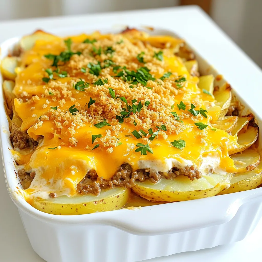 - Ground beef: This is the star of the dish. It adds rich flavor and protein. Choose lean ground beef to keep it healthier. You can also use turkey or chicken if you prefer lighter meat. - Russet potatoes: Fresh russet potatoes give the best texture. They hold up well during baking and become soft inside. Slice them thinly for even cooking. - Optional ingredients: You can add 1 cup of breadcrumbs for a crunchy top. Mixing them with melted butter makes them golden and tasty. Feel free to skip this if you want a simpler dish. - Seasonings: This recipe uses Worcestershire sauce, salt, black pepper, and paprika. Worcestershire adds depth, while paprika gives a slight kick. Adjust the salt and pepper to fit your taste. - Cheese: I use shredded cheddar cheese for its sharp flavor. You could try mozzarella for a milder taste or pepper jack for some heat. Mix different cheeses for a unique flavor. - Sour cream and milk: These add creaminess to the casserole. The sour cream gives it a tangy taste, while milk makes it smooth. The combo creates a lovely sauce that coats the layers well. 1. First, preheat your oven to 350°F (175°C). This temperature cooks the casserole evenly. 2. Grease a 9x13 inch baking dish with cooking spray or butter. This helps prevent sticking. 3. In a large skillet, cook 1 pound of ground beef over medium heat until it is browned. Make sure to drain any excess fat after cooking. 4. Add 1 chopped medium onion and 2 minced garlic cloves to the skillet with the beef. Cook until the onion is soft, about 5 minutes. This adds great flavor. 5. Mix in 1 tablespoon of Worcestershire sauce, 1 teaspoon of salt, ½ teaspoon of black pepper, and 1 teaspoon of paprika. Stir well and then remove the skillet from heat. Set it aside. 1. Start by layering half of the sliced potatoes in the greased baking dish. This is about 4 large russet potatoes, thinly sliced. 2. Pour half of the sour cream and milk mixture over the potatoes. This adds creaminess and helps bind the layers. 3. Next, add half of the beef mixture on top of the sour cream. This ensures every bite has flavor. 4. Sprinkle half of the shredded cheddar cheese (1 cup) over the beef. Cheese makes everything better! 5. Repeat the layers with the remaining potatoes, sour cream mixture, beef, and the rest of the cheddar cheese. 6. If you want a crunchy topping, mix 1 cup of breadcrumbs with 2 tablespoons of melted butter and sprinkle it on top. This is optional but adds great texture. 1. Cover your casserole with aluminum foil. This keeps moisture in while baking. 2. Bake for 45 minutes. This allows the flavors to meld and the potatoes to cook. 3. After 45 minutes, remove the foil. Bake for an additional 15 minutes. This step helps the cheese become bubbly and golden. 4. Check if the potatoes are cooked through. They should be tender when pierced with a fork. 5. Let the casserole cool for 5–10 minutes before serving. This resting time helps with serving. To make sure your potatoes are tender, slice them thinly. Thin slices cook faster and soak up flavors well. Layer them evenly in the dish. This helps them cook uniformly. Prevent excess moisture by cooking the ground beef until browned. Drain fat well to keep it from making the casserole soggy. You can also cover the dish with foil while baking. This traps steam, but do remove it later for a nice, golden top. For garnish, sprinkle fresh parsley on top. It adds color and a fresh taste. Add a dollop of sour cream to each serving for extra creaminess. This also makes the dish look inviting. When serving, pair the casserole with a simple side salad or steamed vegetables. These will add freshness and balance the richness of the casserole. {{image_2}} You can easily switch up the meats in this casserole. Ground turkey or chicken works great. They add a lighter taste with fewer calories. If you want something spicy, try ground chorizo. It gives a fun twist! Cheese is another fun area to explore. While cheddar is classic, mozzarella melts beautifully. Pepper jack adds a nice kick. You can even use a mix of different cheeses for more flavor. If you need a gluten-free dish, skip the breadcrumbs. Instead, you can use crushed gluten-free crackers or oats. Both add a nice crunch without the gluten. Want a vegetarian version? Swap the ground beef for plant-based meat. There are many tasty options today. Some brands even make crumbles that taste like beef. This way, everyone can enjoy the casserole! To keep your Cheesy Hamburger Potato Casserole fresh, follow these tips: - Refrigerate: Cool the casserole to room temperature. Cover it tightly with plastic wrap or foil. It stays good for about 3-4 days in the fridge. - Freeze: For long-term storage, freeze leftovers. Use an airtight container or heavy-duty freezer bags. This way, it can last up to 3 months. For optimal storage, glass or plastic containers work well. Make sure they have tight lids to keep air out. Label your containers with dates to track freshness. Reheating your casserole can be easy and rewarding. Here are some methods: - Oven: Preheat your oven to 350°F (175°C). Place the casserole in an oven-safe dish. Cover it with foil to keep it moist. Heat for about 20-25 minutes or until warm. - Microwave: For a quick option, use the microwave. Place a portion in a microwave-safe dish. Cover it loosely to avoid splatters. Heat in short bursts of 1-2 minutes, checking often. To maintain texture and moisture, avoid overheating. If the casserole seems dry, add a splash of milk before reheating. This keeps it creamy and delicious. How long does Cheesy Hamburger Potato Casserole last in the fridge? This casserole can last about 3 to 4 days in the fridge. Make sure to store it in an airtight container. This keeps it fresh and tasty for your next meal. Can I prepare this casserole ahead of time? Yes, you can prep this casserole a day before. Assemble it, cover it, and store it in the fridge. Just remember to bake it when you're ready. It saves time on busy days! What can I serve with Cheesy Hamburger Potato Casserole? This dish pairs well with a simple green salad. You can also serve it with garlic bread for a tasty side. Both options add freshness and balance to the meal. Is it possible to make this recipe lighter? Absolutely! Use lean ground beef or ground turkey. You can also swap full-fat sour cream for Greek yogurt. These changes cut calories while keeping the flavor rich. How do I know when the casserole is done baking? Look for bubbly cheese and tender potatoes. The top should be golden brown if you added breadcrumbs. A knife should slide easily through the layers when it’s cooked. In this article, we explored the delicious Cheesy Hamburger Potato Casserole. We covered the key ingredients, such as fresh russet potatoes and ground beef. We shared simple steps for preparation and baking, along with tips for perfecting flavor and texture. You can swap ingredients to suit your taste or dietary needs. Lastly, we discussed how to store and reheat leftovers. This dish is versatile, easy to make, and perfect for any meal. Enjoy making this casserole for family and friends!