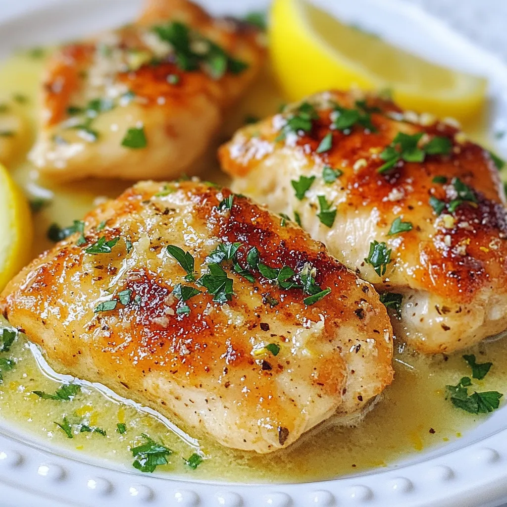 To make this creamy lemon Parmesan chicken, gather these key ingredients: - 2 boneless, skinless chicken breasts - Salt and pepper, to taste - 1 tablespoon olive oil - 1 tablespoon butter - 3 cloves garlic, minced - 1 cup heavy cream - ½ cup grated Parmesan cheese - Zest of 1 lemon - Juice of 1 lemon - 1 teaspoon dried Italian herbs (oregano, thyme, basil) - Fresh parsley, chopped (for garnish) You can make this dish your own by adding: - Fresh spinach or kale for added greens - Cherry tomatoes for a pop of color and sweetness - A dash of red pepper flakes for a little heat - Lemon slices for a beautiful garnish If you need to swap out ingredients, try these options: - Use chicken thighs instead of chicken breasts for juiciness - Replace heavy cream with half-and-half or coconut cream for a lighter sauce - Parmesan cheese can be switched with Pecorino Romano for a sharper flavor - Use fresh herbs like basil or thyme instead of dried for a fresher taste These ingredients will help you create a delicious and creamy lemon Parmesan chicken. Each choice lets you personalize the dish to fit your taste. {{ingredient_image_1}} Start by seasoning your chicken breasts. Use salt and pepper on both sides. This step adds flavor. In a large skillet, heat olive oil and butter on medium-high. Wait until it gets hot. Add the chicken breasts and sear them for about 5-7 minutes. Look for a golden brown color. Once cooked, remove the chicken from the skillet and set it aside. In the same skillet, add minced garlic. Sauté it for about 30 seconds. This makes the kitchen smell great. Next, pour in the heavy cream. Use a wooden spoon to scrape the browned bits from the bottom. These bits add flavor to your sauce. Stir in grated Parmesan cheese. Keep stirring until it melts and the sauce thickens. Then add lemon zest, lemon juice, and dried Italian herbs. Mix everything well. Now, return the cooked chicken to the skillet. Coat the chicken with the creamy sauce. Let it simmer for about 2-3 minutes. This helps the chicken absorb all the flavors. Finally, taste the sauce and adjust seasoning if needed. Garnish with fresh chopped parsley before serving. To cook chicken breasts just right, start with even thickness. If your chicken is thick, pound it gently to make it uniform. This helps it cook evenly. Season both sides with salt and pepper right before cooking. Heat olive oil and butter in your skillet. Once hot, place the chicken in the pan. Cook for 5-7 minutes on each side. Look for a golden brown color and check if juices run clear. Once done, set the chicken aside to rest. This keeps it juicy. For a dreamy sauce, control the heat. After cooking the chicken, lower the heat slightly. Add minced garlic and sauté briefly, just until fragrant. Pour in heavy cream and stir to mix well. Scrape the bottom of the pan to lift those tasty bits. Next, add grated Parmesan cheese. Stir until it melts into the sauce. To thicken the sauce, let it simmer for a few minutes. If it seems too thick, add a splash of chicken broth or more cream to adjust. To boost flavor, consider adding fresh herbs like thyme or basil. They bring a bright taste. You might also add a pinch of red pepper flakes for a kick. Serve your chicken with sides like steamed veggies or pasta to soak up the sauce. For extra zing, a fresh salad pairs nicely too. Don't forget to garnish with chopped parsley for a pop of color and fresh taste! Pro Tips Perfectly Cooked Chicken: Use a meat thermometer to ensure the chicken reaches an internal temperature of 165°F (74°C) for safe consumption and optimal juiciness. Enhance the Sauce: For an extra burst of flavor, add a splash of white wine or chicken broth to the sauce after sautéing the garlic, allowing it to reduce before adding the cream. Fresh Herbs Matter: Substitute dried Italian herbs with fresh ones if available, as they provide a brighter, more vibrant flavor to the dish. Serving Suggestions: Serve this creamy lemon parmesan chicken over a bed of pasta or alongside steamed vegetables for a complete meal. {{image_2}} You can boost the nutrition in this dish by adding vegetables. Try adding spinach or broccoli. Both add color and taste. You could also include bell peppers for a crunchy bite. Just sauté the veggies in the same skillet before adding the cream. This makes your meal healthier and more colorful. If you want to change things up, consider using shrimp or tofu. Shrimp cooks quickly and adds a nice flavor. Just sauté them until they turn pink. For tofu, use firm tofu and cut it into cubes. Cook it until it’s golden brown before adding the creamy sauce. Both options keep the dish tasty and filling. You can easily switch the flavors by adding herbs or spices. Try fresh basil for a sweet touch. A sprinkle of red pepper flakes can give it heat. You can also add lemon thyme for a zesty twist. Experimenting with flavors can make this dish new each time you cook it. To store leftovers, let the chicken cool. Place it in an airtight container. Keep it in the fridge. It will last for about 3 days. Make sure to keep the sauce with the chicken. This helps maintain flavor and moisture. When you are ready to eat, reheat the chicken gently. Use a skillet over low heat. Add a splash of cream if needed. Stir the chicken in the sauce to keep it moist. This should take about 5-7 minutes. You can also use a microwave. Heat it in short bursts. Check often to avoid overcooking. If you want to freeze the dish, do it before reheating. Place the chicken and sauce in a freezer bag. Squeeze out excess air to prevent freezer burn. It can last for up to 3 months in the freezer. When ready to eat, thaw it overnight in the fridge. Reheat as mentioned above for the best taste. Yes, you can use low-fat cream. It will change the texture. The sauce may be less rich, but it will still taste good. If you want to keep the creaminess, consider adding a little extra cheese. This will help maintain a nice flavor. The chicken is done when it reaches 165°F. You can use a meat thermometer for this. If you cut into the chicken, the juice should run clear, not pink. Cook it until it's golden brown. This shows it has a nice sear. You can serve this dish with pasta, rice, or a fresh salad. Garlic bread pairs well too. Steamed vegetables like broccoli or green beans add nutrition. These sides help balance the rich flavors of the chicken. To make more servings, simply double the ingredients. If you use four chicken breasts, you may need to cook in batches. Ensure the sauce is enough to coat all the chicken. You can also use a bigger skillet or pot to fit everything. This blog post detailed how to make a tasty Creamy Lemon Parmesan Chicken. We discussed the ingredients you need and how to prepare the dish. I shared tips on cooking chicken and making a great sauce. You now know how to customize the recipe and store leftovers. In the end, this dish offers great flavor and flexibility. Try it for your next meal, and enjoy!