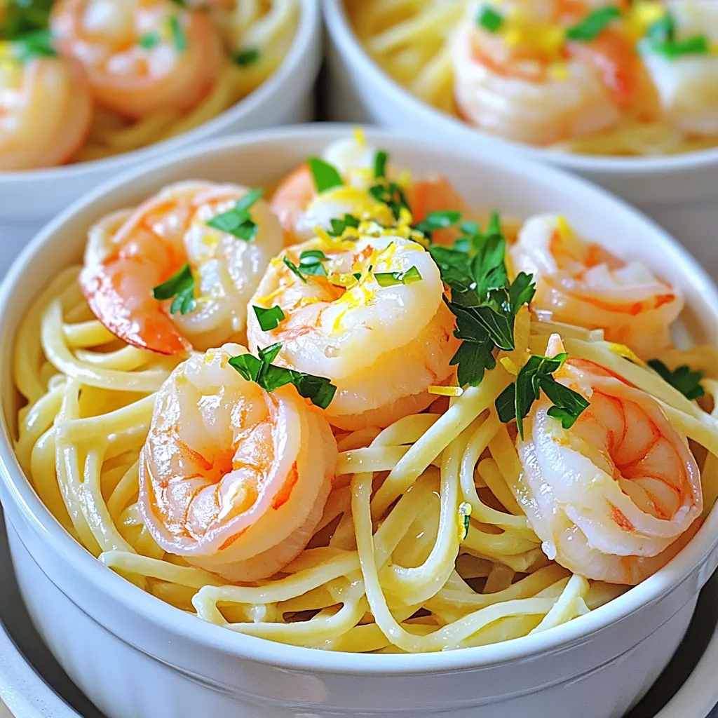 - 8 oz linguine pasta - 1 lb large shrimp, peeled and deveined - 4 tablespoons unsalted butter - 4 cloves garlic, minced The base of this dish is simple yet packed with flavor. Linguine pasta gives a nice texture. Shrimp adds a sweet seafood taste. Butter and garlic create a rich, savory sauce. - ¼ teaspoon red pepper flakes (adjust to taste) - 1 lemon (juice and zest) - ¼ cup fresh parsley, chopped - Grated Parmesan cheese (for serving, optional) The optional ingredients can elevate your dish. Red pepper flakes add heat. Lemon brightens the flavors. Fresh parsley brings a pop of color and freshness. Parmesan cheese gives a creamy touch when served. - Salt and pepper - Reserved pasta water Salt and pepper enhance the dish's overall taste. Reserved pasta water helps adjust the sauce's thickness. It also adds flavor, making every bite enjoyable. To start, you need to cook the linguine pasta. Boil water in a large pot. Add 8 ounces of linguine and cook as directed on the package. This usually takes about 8 to 10 minutes. You want it to be al dente, which means firm to the bite. After cooking, save ½ cup of the pasta water before draining the rest. This water is rich in starch and helps bind the sauce later. Don’t skip this step; it makes a big difference in the dish! While your pasta cooks, it’s time to prepare the shrimp. In a large skillet, heat 2 tablespoons of butter over medium heat. Once melted, add 4 cloves of minced garlic. Cook this for about 30 seconds until it smells great. Next, add 1 pound of peeled and deveined shrimp. Sprinkle some salt, pepper, and ¼ teaspoon of red pepper flakes for a little kick. Cook the shrimp for 2 to 3 minutes on each side. They will turn pink and opaque when ready. Once done, take the shrimp out and set them aside. Now, let's make the garlic butter sauce. In the same skillet, add the remaining 2 tablespoons of butter. Squeeze in the juice of 1 lemon and add the zest. Stir together and let it simmer for about a minute. Return the shrimp to the skillet and add the drained linguine. Toss everything well, adding the reserved pasta water bit by bit. This helps create the perfect sauce. Finally, stir in ¼ cup of chopped fresh parsley for color and taste. Adjust seasoning if needed. Serve right away in shallow bowls. Top with extra parsley and grated Parmesan cheese if you like! Achieving Perfectly Cooked Shrimp To cook shrimp well, heat oil in a skillet. Add shrimp in a single layer. Cook until pink for about 2-3 minutes on each side. Don’t crowd the pan. This helps them cook evenly. If they curl too tightly, they may be overcooked. How to Enhance the Garlic Flavor For a stronger garlic taste, use fresh garlic. Mince it finely for better flavor release. Add garlic at the start of cooking for a rich base. If you like more heat, add red pepper flakes when cooking the garlic. This brings out a nice kick. Best Ways to Plate Garlic Butter Shrimp Linguine Serve your dish in shallow bowls. Twirl the linguine for a nice presentation. Top with cooked shrimp and a sprinkle of parsley. Finish with grated Parmesan for a creamy touch. This adds color and taste. Recommended Wine Pairing Pair this dish with a crisp white wine. A Sauvignon Blanc or Pinot Grigio works best. The wine cuts through the butter and enhances the shrimp flavor. How to Prepare in Under 30 Minutes To keep it quick, prep all your ingredients first. Cook the linguine while you prepare the sauce. This makes the dish come together fast. If you multitask, you can easily finish in 20 minutes. Multitasking While Cooking While the pasta cooks, focus on the shrimp. Heat the skillet and start with the garlic. This way, you save time and keep everything fresh. Always keep an eye on the stove to avoid burning. {{image_2}} Alternative Pastas You can use other pastas if you want a change. Try fettuccine, spaghetti, or whole wheat pasta. Each type gives a different texture. Remember to cook them the same way as linguine. Different Protein Options If shrimp isn’t your thing, try chicken or scallops. Both cook quickly and soak up flavor well. Just adjust cooking times to keep them tender. Adding Vegetables Want more color and nutrients? Add fresh spinach or cherry tomatoes. They cook fast and add a nice pop. Toss them in just before serving for a fresh crunch. Spices and Herbs Variations For more spice, add more red pepper flakes or some paprika. Fresh herbs like basil or thyme can also make a big difference. Experiment and find your favorite mix. Gluten-Free Options If you need a gluten-free dish, use gluten-free pasta. Many great options are available. Just check the package for cooking instructions. Vegan Alternatives To make this dish vegan, swap shrimp for chickpeas or tofu. Use vegan butter in place of regular butter. You can also skip the Parmesan or use a vegan cheese. To keep your Garlic Butter Shrimp Linguine fresh, store it right. First, let it cool completely. Then, place it in an airtight container. This helps keep moisture in and air out. For best taste, eat leftovers within three days. Use glass or BPA-free plastic containers. Glass containers work well when reheating. They do not absorb flavors. Choose a size that fits your serving needs. Smaller containers are great for lunch portions. To reheat, add a small splash of water or broth to the pan. This helps keep the dish moist. Heat it over medium heat for about five minutes. Stir often to ensure even heating. Be careful not to overheat the shrimp. They can become tough if cooked too long. Heat just until warm. If using a microwave, heat in short bursts. Stir in between bursts for even heating. Freezing Garlic Butter Shrimp Linguine is not the best idea. The shrimp may lose texture and flavor. However, if you must freeze, do so without the shrimp. To thaw, place the container in the fridge overnight. This keeps the dish safe. Reheat in a pan with a bit of water or broth. Stir gently until heated through. Enjoy your meal just like fresh! It takes about 20 minutes to make Garlic Butter Shrimp Linguine. This includes 10 minutes of prep time and 10 minutes of cooking time. You can enjoy a tasty meal fast! Yes, you can use frozen shrimp. Make sure to thaw them first. To thaw, place the shrimp in a bowl of cold water for about 15-20 minutes. Once thawed, pat them dry before cooking. This helps the shrimp cook evenly and stay juicy. If you don’t have linguine, you can use other types of pasta. Good choices include spaghetti, fettuccine, or even penne. Each type will change the dish's look and feel, but all will taste great with the garlic butter sauce! This blog post shared the essentials for making Garlic Butter Shrimp Linguine. You learned about key ingredients like shrimp, butter, and pasta. I provided step-by-step cooking instructions and handy tips to make this dish shine. Remember, variations and smart storage keep your meal fresh and fun. Whether you're an expert cook or a beginner, this dish is easy to master. Enjoy your delicious meal and impress others with your skills!
