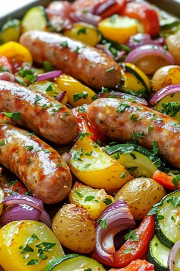 The main ingredients for this dish create a colorful and tasty meal. You need: - 4 Italian chicken sausages (or your choice of sausage) - 2 cups baby potatoes, halved - 1 red bell pepper, diced - 1 yellow bell pepper, diced - 1 zucchini, sliced - 1 red onion, cut into wedges - 3 cloves garlic, minced These ingredients blend well and cook evenly, giving you great flavors and textures. You can customize this dish to fit your taste. Consider adding: - Broccoli florets - Carrots, sliced - Asparagus, cut into pieces - Cherry tomatoes These veggies add color and make your meal even more nutritious. You can mix and match based on what you have at home. Seasoning enhances the flavors of the dish. Use: - 2 tablespoons olive oil - 1 teaspoon dried oregano - 1 teaspoon smoked paprika - Salt and pepper to taste For a fresh finish, sprinkle chopped parsley on top after cooking. This adds a pop of color and a hint of flavor. Enjoy your meal straight from the sheet pan for a fun, rustic dining experience! First, you need to preheat your oven to 400°F (200°C). This step is key for getting your meal crispy and golden. While the oven heats, grab a large sheet pan. Make sure it is clean and ready to use. This will help your veggies and sausage cook evenly. In a big bowl, add the halved baby potatoes, diced red and yellow bell peppers, sliced zucchini, and red onion wedges. Next, toss in the minced garlic. Drizzle 2 tablespoons of olive oil over the veggies. This adds rich flavor and helps them roast well. Now, sprinkle in 1 teaspoon of dried oregano, 1 teaspoon of smoked paprika, and some salt and pepper. Mix everything together until the veggies are well coated. This blend of spices brings out the best flavors in each ingredient. Spread the seasoned veggies evenly on your sheet pan. Make sure they are not crowded. Nestle the Italian chicken sausages among the veggies. This allows the flavors to mix while cooking. Put the sheet pan in your preheated oven. Roast for about 25-30 minutes. Check to see if the sausages are browned and cooked through. The veggies should be tender and caramelized. Flip the veggies halfway through to ensure they cook evenly. Once done, take the sheet pan out of the oven. Sprinkle fresh parsley on top for a pop of color and taste. Serve hot from the pan for a fun touch or move everything to a serving dish for a nicer look. Enjoy your meal! When picking sausages, look for fresh ones. Check the expiry date. I prefer chicken sausages for this recipe. They are lean and flavorful. You can also use pork or turkey sausages. Always choose high-quality meat. Look for natural casings. This makes them juicy and gives a nice snap when you bite in. If you can, ask the butcher for advice. They can help you find the best options. To get great roasted veggies, cut them into even pieces. This helps them cook evenly. I like to add a mix of colors. Red and yellow bell peppers, zucchini, and red onion make a lovely dish. Toss them well with olive oil and seasoning. This ensures each piece is coated. Don’t crowd the pan; give them space. This helps them caramelize. Flip the veggies halfway through cooking for the best results. Ovens can vary, so check your food as it cooks. If your oven runs hot, start checking the dish early. At 400°F, it should take about 25-30 minutes. Look for browned sausages and tender veggies. If your oven is cooler, it might take longer. You can use a meat thermometer to check the sausages. They should reach 165°F. This way, you ensure your meal is safe and tasty! {{image_2}} You can mix and match veggies for this dish. Try using broccoli or carrots for a different taste. Cauliflower adds a nice crunch. Sweet potatoes can bring a hint of sweetness. Asparagus or green beans can also work well. The key is to choose what you love. While Italian chicken sausages are great, feel free to experiment. Try spicy sausage for extra heat. Pork sausage adds rich flavor. Turkey sausage is a leaner option. You can even use plant-based sausage for a veggie twist. Each type changes the dish's flavor. To make this dish gluten-free, ensure your sausage is certified gluten-free. You can swap potatoes for cauliflower or turnips for a low-carb option. Zucchini noodles can also replace traditional pasta. These swaps keep the meal light and healthy without losing taste. To store your sausage and veggie sheet pan dinner, let it cool first. Then, place the leftovers in an airtight container. Make sure to divide it into smaller portions for easy access. You can keep it in the fridge for up to three days. This way, you can enjoy it again without fuss. When you’re ready to eat the leftovers, reheating is simple. Preheat your oven to 350°F (175°C). Spread the leftovers on a baking sheet. Heat them for about 15-20 minutes. This method helps keep the sausages juicy and the veggies crisp. You can also use the microwave, but the oven gives better results. If you want to save the dish for later, freezing works well. After cooling, place the meal in a freezer-safe container. Make sure to label it with the date. You can freeze it for up to three months. To enjoy, thaw it overnight in the fridge, then reheat as mentioned above. This makes meal prep easy and fun! Yes, you can use frozen vegetables for this dish. Frozen veggies save time and are still tasty. Just remember to adjust the cooking time. They may need a few extra minutes to cook through. Check them often to avoid mushiness. The internal temperature for sausages should reach 165°F (74°C). Use a meat thermometer to check. This ensures they are safe to eat. Cook them until they are no longer pink inside. This keeps the meal both safe and delicious. To make it a one-pan meal, add a few more items. You can include chickpeas or quinoa for protein. Leafy greens like spinach or kale can add nutrients. Just make sure to chop them small for even cooking. Mix these extras in with the other veggies before roasting. This way, you get a complete meal in one pan. In this article, I shared how to craft a tasty roasted sausage and veggie dish. I covered key ingredients, step-by-step cooking methods, and helpful tips for perfect results. I also explored variations to keep meals exciting and storage tips for leftovers. Remember, the best meals come from simple steps and fresh choices. Stay creative. Enjoy your cooking journey!