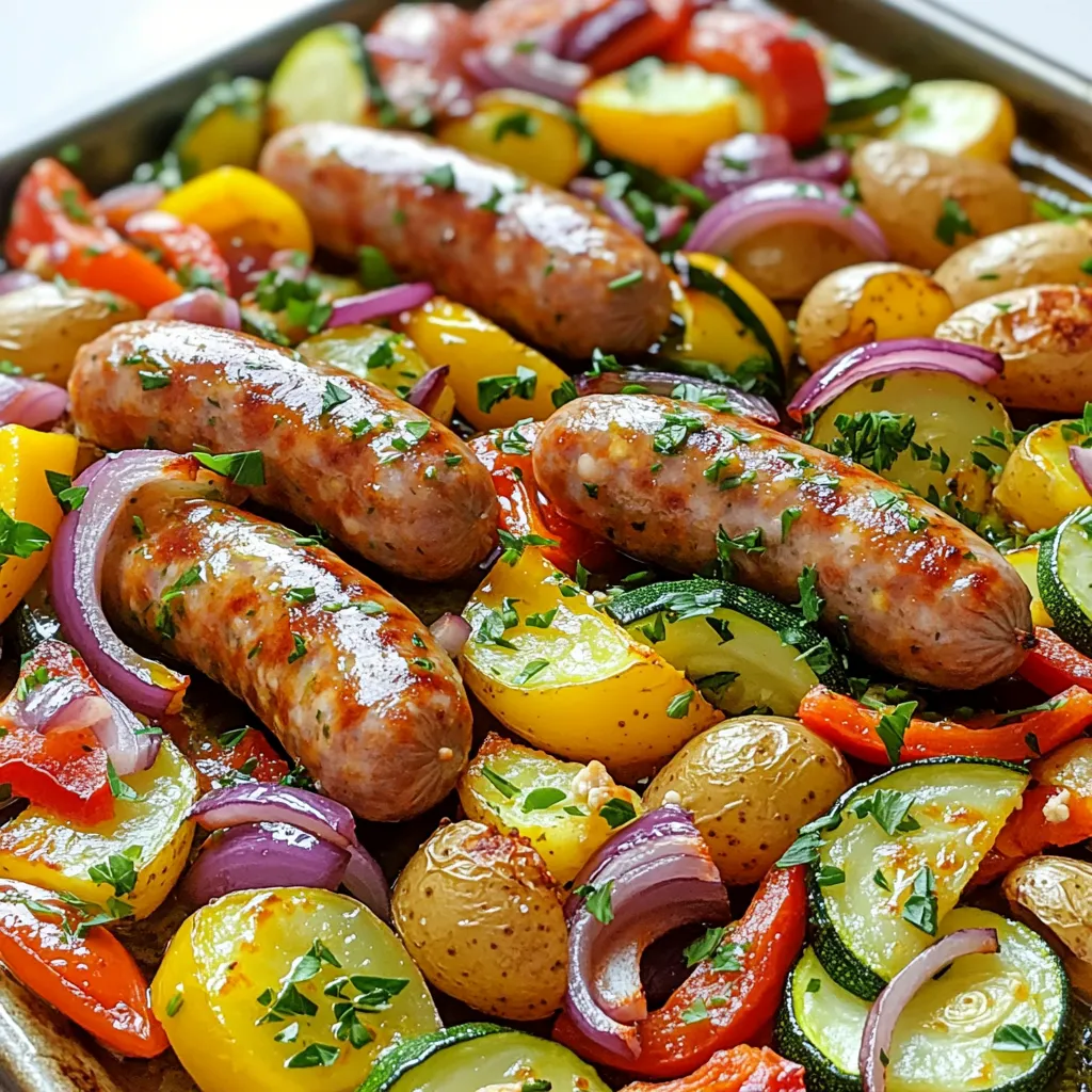 The main ingredients for this dish create a colorful and tasty meal. You need: - 4 Italian chicken sausages (or your choice of sausage) - 2 cups baby potatoes, halved - 1 red bell pepper, diced - 1 yellow bell pepper, diced - 1 zucchini, sliced - 1 red onion, cut into wedges - 3 cloves garlic, minced These ingredients blend well and cook evenly, giving you great flavors and textures. You can customize this dish to fit your taste. Consider adding: - Broccoli florets - Carrots, sliced - Asparagus, cut into pieces - Cherry tomatoes These veggies add color and make your meal even more nutritious. You can mix and match based on what you have at home. Seasoning enhances the flavors of the dish. Use: - 2 tablespoons olive oil - 1 teaspoon dried oregano - 1 teaspoon smoked paprika - Salt and pepper to taste For a fresh finish, sprinkle chopped parsley on top after cooking. This adds a pop of color and a hint of flavor. Enjoy your meal straight from the sheet pan for a fun, rustic dining experience! First, you need to preheat your oven to 400°F (200°C). This step is key for getting your meal crispy and golden. While the oven heats, grab a large sheet pan. Make sure it is clean and ready to use. This will help your veggies and sausage cook evenly. In a big bowl, add the halved baby potatoes, diced red and yellow bell peppers, sliced zucchini, and red onion wedges. Next, toss in the minced garlic. Drizzle 2 tablespoons of olive oil over the veggies. This adds rich flavor and helps them roast well. Now, sprinkle in 1 teaspoon of dried oregano, 1 teaspoon of smoked paprika, and some salt and pepper. Mix everything together until the veggies are well coated. This blend of spices brings out the best flavors in each ingredient. Spread the seasoned veggies evenly on your sheet pan. Make sure they are not crowded. Nestle the Italian chicken sausages among the veggies. This allows the flavors to mix while cooking. Put the sheet pan in your preheated oven. Roast for about 25-30 minutes. Check to see if the sausages are browned and cooked through. The veggies should be tender and caramelized. Flip the veggies halfway through to ensure they cook evenly. Once done, take the sheet pan out of the oven. Sprinkle fresh parsley on top for a pop of color and taste. Serve hot from the pan for a fun touch or move everything to a serving dish for a nicer look. Enjoy your meal! When picking sausages, look for fresh ones. Check the expiry date. I prefer chicken sausages for this recipe. They are lean and flavorful. You can also use pork or turkey sausages. Always choose high-quality meat. Look for natural casings. This makes them juicy and gives a nice snap when you bite in. If you can, ask the butcher for advice. They can help you find the best options. To get great roasted veggies, cut them into even pieces. This helps them cook evenly. I like to add a mix of colors. Red and yellow bell peppers, zucchini, and red onion make a lovely dish. Toss them well with olive oil and seasoning. This ensures each piece is coated. Don’t crowd the pan; give them space. This helps them caramelize. Flip the veggies halfway through cooking for the best results. Ovens can vary, so check your food as it cooks. If your oven runs hot, start checking the dish early. At 400°F, it should take about 25-30 minutes. Look for browned sausages and tender veggies. If your oven is cooler, it might take longer. You can use a meat thermometer to check the sausages. They should reach 165°F. This way, you ensure your meal is safe and tasty! {{image_2}} You can mix and match veggies for this dish. Try using broccoli or carrots for a different taste. Cauliflower adds a nice crunch. Sweet potatoes can bring a hint of sweetness. Asparagus or green beans can also work well. The key is to choose what you love. While Italian chicken sausages are great, feel free to experiment. Try spicy sausage for extra heat. Pork sausage adds rich flavor. Turkey sausage is a leaner option. You can even use plant-based sausage for a veggie twist. Each type changes the dish's flavor. To make this dish gluten-free, ensure your sausage is certified gluten-free. You can swap potatoes for cauliflower or turnips for a low-carb option. Zucchini noodles can also replace traditional pasta. These swaps keep the meal light and healthy without losing taste. To store your sausage and veggie sheet pan dinner, let it cool first. Then, place the leftovers in an airtight container. Make sure to divide it into smaller portions for easy access. You can keep it in the fridge for up to three days. This way, you can enjoy it again without fuss. When you’re ready to eat the leftovers, reheating is simple. Preheat your oven to 350°F (175°C). Spread the leftovers on a baking sheet. Heat them for about 15-20 minutes. This method helps keep the sausages juicy and the veggies crisp. You can also use the microwave, but the oven gives better results. If you want to save the dish for later, freezing works well. After cooling, place the meal in a freezer-safe container. Make sure to label it with the date. You can freeze it for up to three months. To enjoy, thaw it overnight in the fridge, then reheat as mentioned above. This makes meal prep easy and fun! Yes, you can use frozen vegetables for this dish. Frozen veggies save time and are still tasty. Just remember to adjust the cooking time. They may need a few extra minutes to cook through. Check them often to avoid mushiness. The internal temperature for sausages should reach 165°F (74°C). Use a meat thermometer to check. This ensures they are safe to eat. Cook them until they are no longer pink inside. This keeps the meal both safe and delicious. To make it a one-pan meal, add a few more items. You can include chickpeas or quinoa for protein. Leafy greens like spinach or kale can add nutrients. Just make sure to chop them small for even cooking. Mix these extras in with the other veggies before roasting. This way, you get a complete meal in one pan. In this article, I shared how to craft a tasty roasted sausage and veggie dish. I covered key ingredients, step-by-step cooking methods, and helpful tips for perfect results. I also explored variations to keep meals exciting and storage tips for leftovers. Remember, the best meals come from simple steps and fresh choices. Stay creative. Enjoy your cooking journey!