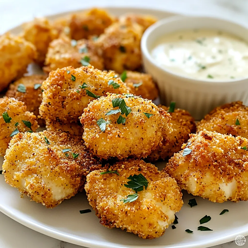To make Cajun chicken bites, you will need simple and fresh ingredients. Here is what you need: - 1 lb chicken breast, cut into bite-sized pieces - 2 tablespoons Cajun seasoning - ½ cup buttermilk - ½ cup all-purpose flour - ¼ cup cornmeal - ½ teaspoon garlic powder - ½ teaspoon paprika - ¼ teaspoon cayenne pepper (optional for extra heat) - Salt and pepper to taste - Vegetable oil (for frying) - Fresh parsley, chopped (for garnish) Each ingredient plays a key role in the flavor and texture of the dish. The chicken breast offers lean protein. Cajun seasoning brings that spicy, bold flavor. Buttermilk adds creaminess and helps tenderize the chicken. The flour and cornmeal together create a crispy coating. Garlic powder and paprika add depth and warmth. Cayenne pepper gives a kick, but you can skip it if you want milder bites. Salt and pepper enhance everything. Finally, vegetable oil is perfect for frying, giving a nice crisp. Fresh parsley adds a pop of color and freshness when you serve. {{ingredient_image_1}} First, gather your chicken breast pieces. Place them in a medium bowl. Pour in the buttermilk. Make sure all the chicken is covered. Let it sit for at least 30 minutes. This step helps make the chicken juicy and soft. While the chicken marinates, grab another bowl. Mix the Cajun seasoning, flour, cornmeal, garlic powder, paprika, salt, and pepper. If you want more heat, add cayenne pepper. Stir well until everything is combined. This coating gives the chicken its flavorful crunch. Next, take a deep skillet or frying pan. Fill it with vegetable oil. Heat the oil over medium heat. Use a thermometer to check when it reaches 350°F (175°C). This is the right temperature for frying. Too hot will burn the chicken; too cool will make it soggy. Once the oil is hot, take the chicken out of the buttermilk. Let the excess buttermilk drip off. Then, dredge each piece in the flour mixture. Ensure each piece is fully coated. Carefully place them in the hot oil. Do not overcrowd the pan. Fry for about 4-5 minutes. Flip them halfway through for even cooking. Look for a golden brown color. When the chicken bites are done, use a slotted spoon to take them out. Place them on a plate lined with paper towels. This will help soak up extra oil. Finally, sprinkle fresh parsley on top for a pop of color. Your Cajun chicken bites are now ready to enjoy! Marinating the chicken is key. I use buttermilk to tenderize the meat. It makes the chicken juicy and adds flavor. Let the chicken soak for at least 30 minutes. If you have time, try marinating for a few hours. This step makes a big difference in taste. For a crispy bite, use a mix of flour and cornmeal. This combo gives great texture. Add garlic powder and paprika for extra flavor. Make sure to coat each chicken piece well. Shake off any extra flour mix before frying. This helps to keep the coating intact while cooking. When frying, always be careful. Heat the oil to about 350°F (175°C). Use a thermometer to check the temp. Never overcrowd the pan. This can lower the oil's heat and make your chicken soggy. Use tongs to place chicken in the oil gently. Keep a close eye on the cooking time. Flip the bites halfway for even cooking. Pro Tips Marinate for Maximum Flavor: Allowing the chicken to marinate in buttermilk for at least 30 minutes not only tenderizes the meat but also enhances the overall flavor of your dish. Perfect Coating Ratio: Mixing cornmeal with flour adds a delightful crunch to your chicken bites. Make sure to coat each piece evenly for the best texture. Oil Temperature Matters: Ensure your oil is at the right temperature (350°F) before frying. This helps achieve a golden brown crust while keeping the chicken juicy inside. Drain Properly: After frying, place the chicken bites on a paper towel-lined plate to absorb excess oil. This will keep them crispy and prevent them from becoming soggy. {{image_2}} Want to turn up the heat? Add more cayenne to the seasoning mix. You can also use hot sauce in the buttermilk. This will give your chicken bites a delightful kick. Remember, spice levels depend on your taste, so adjust as needed. Air frying is a great way to make these bites crispy without deep frying. After marinating, coat the chicken as usual. Preheat your air fryer to 400°F (200°C). Place the chicken in a single layer and cook for about 10-12 minutes. Flip halfway through for even cooking. They will come out crispy and delicious! You can easily make this dish gluten-free. Swap out all-purpose flour for a gluten-free blend. Cornmeal is often gluten-free, but check the label. Use gluten-free Cajun seasoning too. This way, everyone can enjoy the tasty Cajun chicken bites! After you enjoy your Cajun chicken bites, store leftovers in an airtight container. This keeps them fresh. Be sure to let them cool down first. You can store them in the fridge for up to three days. If you want to save them longer, consider freezing. To reheat, you have a few options. The best way is to use an oven. Preheat it to 350°F (175°C). Place the chicken bites on a baking sheet. Heat for about 10 minutes until they are hot. You can also use a microwave, but they may not stay crispy. Heat in 30-second intervals until warm. If you want to freeze your Cajun chicken bites, follow these steps. First, let them cool completely. Then, place them in a freezer-safe bag. Remove as much air as possible. Label the bag with the date. They can last up to three months. When you are ready to eat them, thaw in the fridge overnight before reheating. To spice up your Cajun chicken bites, add more cayenne pepper. You can also try adding hot sauce to the buttermilk marinade. If you like heat, use a spicier Cajun seasoning blend. Adjust the amount based on your heat preference. Yes, you can use chicken thighs! They are juicier and have more flavor than chicken breasts. Cut the thighs into bite-sized pieces just like you would with breasts. The cooking time will be similar as long as the pieces are roughly the same size. Cajun chicken bites go great with several dipping sauces. I recommend ranch dressing for a cool contrast. Honey mustard adds a sweet touch. For a kick, try spicy aioli or a zesty remoulade. Feel free to experiment with your favorite sauces! Yes, you can bake the chicken bites! Preheat your oven to 400°F (200°C). Place the coated chicken on a baking sheet lined with parchment paper. Bake for about 20-25 minutes, flipping halfway through. This method gives you a healthier option while still keeping the flavor. You can store leftover Cajun chicken bites in the fridge for up to three days. Keep them in an airtight container to maintain freshness. If you want to keep them longer, consider freezing them for up to three months. In this article, we covered how to make delicious Cajun chicken bites. You learned about the key ingredients, step-by-step instructions, and helpful tips. I shared variations to fit your taste and storage info for leftovers. Keep experimenting and adjusting the spices to find your perfect flavor. Cajun chicken bites are fun to make and even more fun to eat. Enjoy your cooking adventure!