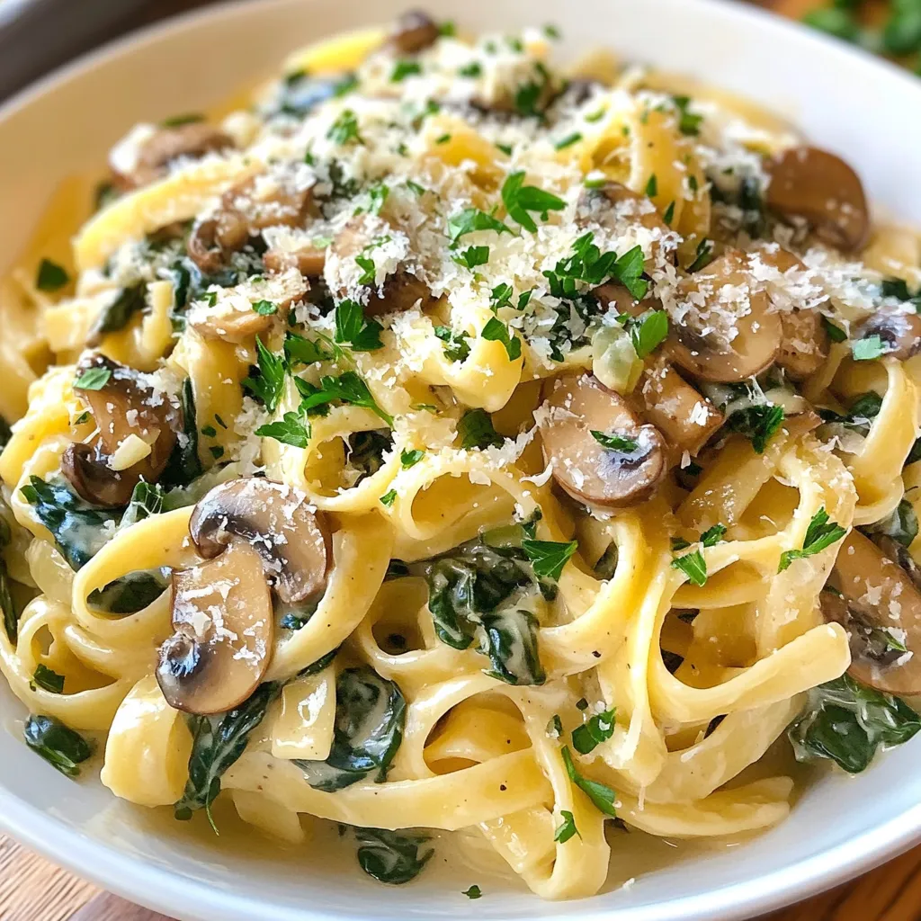 To make this Mushroom Spinach Pasta, you'll need the following main ingredients: - 8 oz (225 g) fettuccine or spaghetti - 2 cups fresh spinach, roughly chopped - 8 oz (225 g) cremini mushrooms, sliced - 3 cloves garlic, minced - 1 small onion, finely chopped - ½ cup vegetable broth - ¼ cup heavy cream (or coconut cream for a dairy-free option) - 2 tablespoons olive oil - 1 teaspoon dried Italian herbs (oregano, basil, thyme) - Salt and pepper to taste These ingredients come together to create a delightful dish. The fettuccine or spaghetti serves as the base. The spinach and mushrooms add great flavor and texture. You can enhance your dish with these optional ingredients: - Freshly grated Parmesan cheese (for serving) - Chopped fresh parsley (for garnish) Parmesan cheese adds a rich flavor, while parsley gives a fresh touch. Feel free to add these based on your taste. This dish offers several health benefits: - Spinach is packed with vitamins A and C. It also has iron and fiber. - Mushrooms provide antioxidants and are low in calories. They can boost your immune system. - Olive oil is a healthy fat. It can help reduce heart disease risk. - Garlic has anti-inflammatory properties. It may help lower blood pressure. Overall, this dish is not only tasty but also nutritious. You will enjoy every bite while knowing you're eating healthy! {{ingredient_image_1}} Start by boiling a large pot of salted water. Once the water is bubbling, add 8 oz of fettuccine or spaghetti. Cook the pasta according to the package instructions until it is al dente. This usually takes about 8-10 minutes. When the pasta is ready, drain it and set it aside. Remember to save about ½ cup of that pasta water for later. In a large skillet, heat 2 tablespoons of olive oil over medium heat. Once the oil is warm, add 1 small finely chopped onion. Sauté the onion for about 3-4 minutes. It should become nice and translucent. Next, add 3 cloves of minced garlic. Cook this for another minute until it smells great. Now, it’s time to add 8 oz of sliced cremini mushrooms to the skillet. Cook these for about 5-7 minutes until they turn golden brown and release their moisture. Finally, add 2 cups of roughly chopped fresh spinach. Stir this in and cook for about 2-3 minutes until the spinach has wilted. Now, let’s make the sauce! Pour in ½ cup of vegetable broth and ¼ cup of heavy cream into the skillet. Stir well to mix everything. Add 1 teaspoon of dried Italian herbs, along with salt and pepper to taste. Let the sauce simmer for about 5 minutes. This will help it thicken up a bit. Once the sauce is ready, gently add the cooked pasta to the skillet. Toss everything together until the pasta is well coated. If the sauce feels too thick, add some of that reserved pasta water until it reaches the right consistency. Your meal is almost ready! To get your sauce just right, pay close attention to the thickness. Start with the heavy cream and vegetable broth. If it’s too thick, add a bit of the reserved pasta water. This helps make the sauce silky and smooth. If it’s too thin, let it simmer a little longer. The goal is a creamy sauce that coats the pasta well. Use a large skillet for cooking the mushrooms and spinach. This allows for even cooking and helps the mushrooms brown nicely. When cooking the garlic and onion, be careful not to burn them. Stir often to keep them from sticking. Sautéing at medium heat gives you great flavor without burning. Herbs can take your dish to a new level. Italian herbs like oregano, basil, and thyme add depth. Fresh parsley adds brightness when you serve the pasta. If you enjoy cheese, sprinkle freshly grated Parmesan on top for rich flavor. Mix it into the sauce for more creaminess. Each herb and cheese choice enhances the dish’s taste, making it truly delightful. Pro Tips Use Fresh Ingredients: Fresh spinach and mushrooms enhance the flavor and texture of the dish. Try to use them as close to their harvest date as possible for the best taste. Adjust Creaminess: If you prefer a lighter sauce, reduce the amount of heavy cream or substitute it with more vegetable broth. For a richer flavor, consider adding a bit more cream. Pasta Cooking Water: Always reserve pasta cooking water before draining. It’s starchy and can help adjust the sauce consistency while adding flavor. Herb Variations: Feel free to experiment with different herbs, such as fresh basil or parsley, to give your pasta a unique flavor profile. Adding fresh herbs at the end maximizes their aroma. {{image_2}} You can swap out heavy cream for coconut cream. This change keeps the dish creamy without dairy. Coconut cream adds a hint of sweetness. It pairs well with mushrooms and spinach. To use coconut cream, simply replace the heavy cream in the recipe. The texture will stay rich and smooth. Want to add some protein? You can use chicken or tofu. If you choose chicken, slice it thinly. Cook it in the skillet before adding the mushrooms. If you prefer tofu, use firm or extra-firm tofu. Cut it into cubes and sauté it until golden. Both options bring heartiness to the meal and make it more filling. While fettuccine or spaghetti works great, many other pasta types fit well. Penne, rigatoni, or farfalle all work nicely. These shapes hold the sauce well. You can also try whole grain or gluten-free pasta for a different twist. Each type will give a new texture and taste to your dish. To store leftover mushroom spinach pasta, let it cool first. Place it in an airtight container. Make sure to seal it tightly to keep it fresh. Leftovers can last in the fridge for up to 3 days. Label the container with the date to track freshness. When you're ready to enjoy your pasta again, take it out of the fridge. You can reheat it in a few ways. One way is to use a microwave. Place the pasta in a bowl and cover it. Heat it in 30-second bursts, stirring in between. Another way is to use a skillet. Add a splash of water or broth to the skillet. Heat over medium until warm, stirring often. This helps keep the pasta moist. If you want to freeze mushroom spinach pasta, follow these steps. Cool the pasta completely before freezing. Portion it into freezer-safe bags or containers. Remove as much air as possible to prevent freezer burn. Label each bag with the date. You can freeze it for up to 2 months. When you’re ready to eat, thaw it in the fridge overnight and reheat as mentioned above. Yes, you can use frozen spinach. It’s easy to find and saves time. Just be sure to thaw and drain it well before adding it to the dish. This helps avoid excess water in your pasta. Frozen spinach is often picked at peak freshness, so it still has good flavor and nutrients. Fettuccine or spaghetti works well for this dish. They hold the sauce nicely and give a good bite. You can also try other pasta shapes like penne or farfalle. Choose what you like best! The key is to cook the pasta until it is al dente for the best texture. To make it vegan, simply replace the heavy cream with coconut cream. This adds a creamy texture without dairy. You can also omit the Parmesan cheese or use a vegan alternative. With these swaps, you keep all the flavor while making it plant-based. Enjoy every bite guilt-free! This blog post covered how to make a tasty Mushroom Spinach Pasta. We talked about the key ingredients and their health perks. I shared step-by-step instructions to guide you through cooking. Useful tips and tricks can help you perfect your meal. You learned about variations like dairy-free options and using different pasta. Lastly, I offered storage info for leftovers. With these insights, you can create a great dish while enjoying its health benefits. Happy cooking!