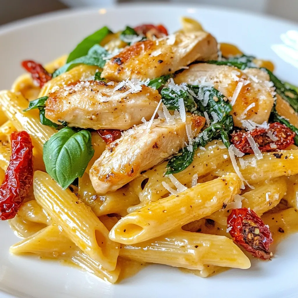 - 2 boneless, skinless chicken breasts, sliced - 8 oz (about 225g) penne pasta - 2 tablespoons olive oil - 2 cloves garlic, minced - 1 cup sun-dried tomatoes, sliced - 2 cups fresh spinach - 1 cup heavy cream - 1 cup grated Parmesan cheese The heart of Tuscan chicken pasta lies in its main ingredients. First, the chicken gives protein and a juicy bite. Next, penne pasta holds the sauce well and adds texture. The olive oil brings richness, while garlic adds a nice kick. Sun-dried tomatoes provide a sweet and tangy flavor. Fresh spinach offers color and nutrients. Heavy cream makes the sauce creamy, and Parmesan cheese adds a savory finish. - Salt and pepper to taste - Fresh basil leaves, for garnish Seasoning is key to great flavor. A sprinkle of salt and pepper enhances every ingredient. Fresh basil leaves brighten the dish and add a fragrant touch. They make each bite feel fresh. This combination of simple yet vibrant flavors makes Tuscan chicken pasta a true delight for any weeknight dinner. {{ingredient_image_1}} To cook the pasta, start with a large pot of water. Add salt to the boiling water. This step adds flavor. Use 8 oz of penne pasta. Cook it until it is al dente. This usually takes about 10-12 minutes. Drain the pasta and set it aside for the next steps. For the chicken, use two boneless, skinless breasts. Slice them into thin pieces. Season the chicken with salt and pepper. Heat 2 tablespoons of olive oil in a large skillet over medium heat. Add the chicken slices. Cook them for about 5-7 minutes until they turn golden brown. Make sure they are cooked through. Remove the chicken from the skillet and set it aside. In the same skillet, add 2 cloves of minced garlic and 1 cup of sliced sun-dried tomatoes. Sauté these for about 2 minutes. You want the kitchen to smell great. This step builds flavor for your sauce. Next, pour in 1 cup of heavy cream. Stir well to mix it with the garlic and tomatoes. Let it simmer for 2-3 minutes. This makes the sauce slightly thick. Check the consistency. It should be creamy but not too thick. Now, add the cooked pasta back into the skillet. Include the sautéed chicken as well. Stir everything together. Add 2 cups of fresh spinach. Let it wilt for about 1-2 minutes. This adds freshness to your dish. To serve, spoon the pasta onto plates or into bowls. Garnish with fresh basil leaves for a pop of color and flavor. Enjoy your Tuscan Chicken Pasta! To keep the chicken juicy, use a skillet over medium heat. Heat 2 tablespoons of olive oil before adding the chicken. This helps to seal in the moisture. Cook the chicken for about 5-7 minutes, until golden brown. Make sure to check the internal temperature. It should reach 165°F (75°C). Overcooking dries out the chicken, so stay close. If it starts to brown too fast, lower the heat. Remove it from the skillet once it is done. For perfect pasta, cook the penne until it is al dente. This means it should still have a slight bite when you eat it. Follow the package instructions, but start checking a minute early. Drain the pasta and do not rinse it. This keeps the starch, which helps the sauce stick. I recommend using penne, but you can try fusilli or rigatoni too. These shapes hold the sauce well. Fresh herbs can make a big difference. I love adding basil for a fresh taste. You can also add thyme or oregano. These herbs pair well with the creamy sauce. For an extra kick, consider adding crushed red pepper flakes. They can bring a nice heat without overpowering the dish. Adjust the amounts based on your taste. Pro Tips Use Fresh Ingredients: Always opt for fresh spinach and high-quality sun-dried tomatoes to enhance the flavor of your dish. Customize Your Cheese: Feel free to mix different cheeses like mozzarella or goat cheese for a unique twist on the classic recipe. Adjust the Creaminess: If you prefer a lighter sauce, substitute half of the heavy cream with chicken broth or a splash of white wine. Perfect Pasta Cooking: Make sure to cook the pasta just until al dente, as it will continue to cook slightly when mixed with the sauce. {{image_2}} - Alternative proteins: You can use shrimp or tofu instead of chicken. Both options cook quickly and soak up the sauce's flavors well. If you prefer beef, thinly sliced steak works nicely too. - Dairy-free options: For a dairy-free version, swap the heavy cream for coconut milk. Use a vegan cheese blend in place of Parmesan. This keeps the dish creamy without dairy. - Vegetables to include: Add bell peppers or zucchini for extra color and crunch. Mushrooms also add a nice earthy flavor. Toss in some asparagus for a spring twist. - Flavorful mix-ins: Try adding capers or olives for a briny kick. Sunflower seeds or pine nuts add a great crunch. A splash of lemon juice brightens the dish and enhances the flavors. - Other Tuscan-inspired ingredients: Incorporate cannellini beans for added protein and fiber. You can also use fresh herbs like sage or rosemary for a more robust flavor. - Traditional pairings: Serve with crusty bread and a fresh salad. A simple arugula and lemon salad complements the dish well. Pair with a light red wine for a true Tuscan experience. To keep your Tuscan chicken pasta fresh, store it in an airtight container. Use glass or plastic containers that seal tightly. This helps prevent air from getting in and keeps the flavors intact. Always let the pasta cool to room temperature before sealing it. This avoids condensation, which can make the pasta soggy. - Best Practices: - Store in an airtight container - Cool before sealing - Keep in the fridge for up to 3 days You can freeze Tuscan chicken pasta for later. First, let the dish cool completely. Then, divide it into meal-sized portions and place them in freezer-safe bags. Squeeze out as much air as possible before sealing. This helps prevent freezer burn. - How to Freeze: - Cool completely before freezing - Use freezer-safe bags or containers - Portion for easy meals To thaw, place the frozen pasta in the fridge overnight. Reheat it on the stove over low heat or in the microwave. Add a splash of cream or water to keep it moist while reheating. - Thawing and Reheating Tips: - Thaw in the fridge overnight - Reheat in a skillet or microwave - Add liquid to maintain moisture Tuscan chicken pasta is a creamy and savory dish. It features tender chicken and fresh ingredients. You cook penne pasta and mix it with sun-dried tomatoes, spinach, and a rich sauce. The dish is topped with Parmesan cheese and fresh basil. This meal brings the flavors of Tuscany to your table. Yes, you can prepare this dish ahead of time. Cook the pasta and chicken, then store them separately. You can make the sauce and add it just before serving. This way, you keep the flavors fresh. Reheat everything on the stove for a quick meal. If you want to replace heavy cream, try these options: - Half-and-half for a lighter sauce - Coconut milk for a dairy-free choice - Greek yogurt for creaminess without the fat These swaps will change the taste slightly but still taste great. This dish is not spicy. It has mild flavors from garlic and sun-dried tomatoes. If you want some heat, add red pepper flakes. Start with a small amount and adjust to your taste. To make Tuscan chicken pasta healthier, you can: - Use whole wheat pasta for more fiber - Add more fresh vegetables like bell peppers or zucchini - Use less cheese or choose a lighter cheese option These changes will keep the dish tasty while cutting calories. This blog post covered how to make Tuscan chicken pasta. We explored main ingredients, cooking steps, and tips to enhance flavor. Remember to season your chicken well and cook the pasta al dente for the best texture. You can also try variations like adding vegetables or dairy-free options. Proper storage and reheating will keep your dish fresh. Tuscan chicken pasta is versatile and can fit many diets. Try it your way, and enjoy this savory meal with family and friends!