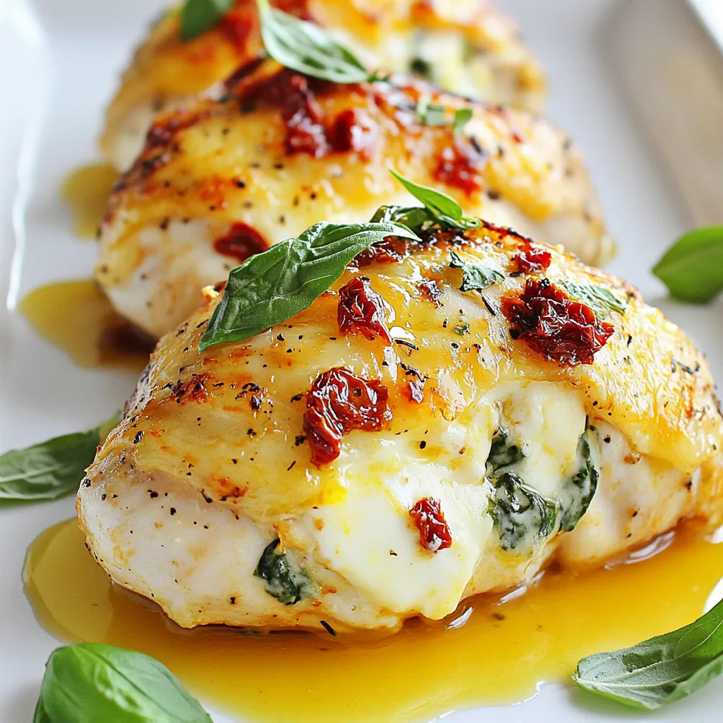 - 4 boneless, skinless chicken breasts - 8 oz cream cheese, softened - 1 cup shredded mozzarella cheese - 1 cup baby spinach, chopped - ½ cup sun-dried tomatoes, chopped - 2 cloves garlic, minced - 1 teaspoon Italian seasoning - Salt and pepper to taste - 1 tablespoon olive oil - Fresh basil leaves for garnish (optional) I love using fresh ingredients for my Baked Cream Cheese Chicken. Each one adds flavor and texture. The chicken breasts are the star of the dish. They are juicy and tender when cooked right. I always use cream cheese for its rich and creamy taste. It blends well with mozzarella, making the filling deliciously gooey. Baby spinach adds a nice pop of color and nutrition. I chop it finely so it mixes well. Sun-dried tomatoes bring a sweet and tangy flavor. The garlic adds a burst of aroma. I use Italian seasoning to tie all the flavors together. Adding salt and pepper helps enhance the taste. I drizzle olive oil on top before baking. It adds a nice golden color and helps keep the chicken moist. Fresh basil leaves can be a bright garnish. They make the dish look pretty and fresh. Gather these ingredients, and you're ready to create a meal that will impress everyone! {{ingredient_image_1}} - Preheat your oven to 375°F (190°C). - In a bowl, mix softened cream cheese, shredded mozzarella, chopped spinach, sun-dried tomatoes, minced garlic, Italian seasoning, salt, and pepper. Blend it well. - Take the chicken breasts and place them on a baking sheet. Use a knife to cut a pocket in each chicken breast. Make sure not to cut all the way through. - Stuff each chicken breast with the cream cheese filling you made. - Drizzle olive oil over the chicken breasts. Add some salt and pepper to boost the flavor. - Bake the chicken in the oven for 25-30 minutes. Check the internal temperature. It should reach 165°F (75°C). - After baking, let the chicken rest for about 5 minutes before serving. - For a great look, serve the chicken on a plate. Drizzle with olive oil and add fresh basil leaves. This adds color and flavor. Pair it with steamed veggies or a light salad for a full meal. - To keep chicken juicy, avoid overcooking. Use a meat thermometer for best results. - For the right cheese consistency, mix cream cheese with shredded mozzarella well. This blend provides creaminess and flavor. - Bake at 375°F for 25-30 minutes. This ensures even cooking throughout the chicken. - For a nice look, serve the chicken on a white plate. It makes the colors pop. - Add fresh basil leaves for garnish. This brings a vibrant touch and fresh aroma. - Pair with steamed veggies or a light salad for a balanced meal. This adds color and nutrients to your plate. Pro Tips Use Fresh Ingredients: For the best flavor, use fresh spinach and high-quality sun-dried tomatoes. This will enhance the overall taste of your dish. Don’t Overstuff: While it’s tempting to cram the filling into the chicken, avoid overstuffing. This can cause the filling to spill out during cooking. Let it Rest: Allow the chicken to rest for a few minutes after baking. This helps the juices redistribute, keeping the chicken moist and tender. Experiment with Cheese: Feel free to mix in different cheeses like feta or cheddar for a unique flavor twist. Each cheese will complement the dish differently. {{image_2}} You can change some ingredients in Baked Cream Cheese Chicken to create new flavors. - Alternative cheeses: Swap cream cheese with ricotta or goat cheese for a twist. - Different vegetables: Try adding broccoli, bell peppers, or mushrooms for extra nutrition. - Adding spices: Sprinkle in paprika or cayenne for a bit of heat and fun. These swaps keep the dish exciting while still keeping it creamy and tasty. You don't have to bake this chicken every time. Here are some fun methods: - Pan-searing before baking: Sear the chicken in a skillet first. This will give it a nice brown crust before it bakes. - Grilling options: Grill the stuffed chicken on medium heat. This adds a smoky flavor that's hard to beat. - Slow cooker adaptation: Cook the chicken in a slow cooker for a tender, juicy dish. Just place the stuffed chicken in with a bit of broth and let it go. These methods can change the way you enjoy this dish while still keeping it juicy and flavorful. To store leftover baked cream cheese chicken, place it in an airtight container. Ensure it cools to room temperature first. You can store it in the fridge for up to three days. To avoid spoilage, keep it covered tightly. Reheat only what you plan to eat, as repeated heating can dry it out. Always check for any off smells or changes in color before eating leftovers. You can freeze cooked chicken for up to three months. To freeze it, let the chicken cool completely. Wrap each piece tightly in plastic wrap, then place in a freezer-safe bag. When you are ready to eat, thaw the chicken in the fridge overnight. For reheating, place it in the oven at 350°F (175°C) until heated through. This keeps it juicy and tasty. Avoid microwaving, as it can make the chicken tough. You can serve many tasty sides with this dish. Here are some ideas: - Steamed broccoli - Roasted carrots - Garlic bread - A fresh garden salad - Quinoa or rice These sides add color and balance to your meal. They also complement the rich flavors of the chicken. Feel free to mix and match! To check if the chicken is done, use a meat thermometer. The internal temperature should reach 165°F (75°C). This ensures it’s safe to eat. You can also look for visual cues. The chicken should be white and the juices should run clear. If you see pink, it needs more time. Yes, you can prepare this dish ahead of time. You can stuff the chicken and store it in the fridge for up to 24 hours. Just cover it well to keep it fresh. When you’re ready to cook, just pop it in the oven. This makes dinner prep easy and quick! In this post, we covered how to make baked cream cheese chicken. We discussed the key ingredients, easy preparation steps, and helpful cooking tips. I shared ways to tweak the recipe for your taste and how to store leftovers properly. When you follow these steps, you'll whip up a tasty meal that impresses. Enjoy your cooking journey and feel free to experiment with the variations. Your kitchen creations can be both fun and delicious!