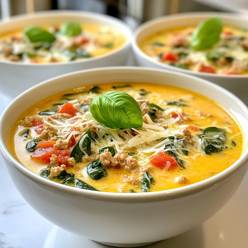 - 1 lb ground chicken - 1 medium onion, diced - 2 cloves garlic, minced - 1 medium carrot, diced - 1 medium celery stalk, diced - 1 can (14 oz) diced tomatoes, with juice - 4 cups chicken broth The main ingredients in this soup create a flavorful base. Ground chicken adds protein and a light texture. The diced onion and minced garlic bring depth and aroma. Carrots and celery add sweetness and crunch. The diced tomatoes provide acidity, while chicken broth makes it hearty. - 1 cup heavy cream - ½ cup grated Parmesan cheese Heavy cream makes the soup rich and smooth. It gives that creamy texture we love. Grated Parmesan cheese adds a salty kick. Together, they balance the flavors in the soup. - 1 teaspoon Italian seasoning - Salt and pepper to taste - 1 cup fresh spinach, chopped - Fresh basil leaves for garnish Italian seasoning brings warmth and herb flavors. Salt and pepper enhance all the tastes. Fresh spinach adds color and nutrients. Finally, basil leaves make the soup look pretty and fresh. {{ingredient_image_1}} 1. Start by heating a splash of olive oil in a large pot over medium heat. 2. Add the diced onion. Sauté for about 3-5 minutes. The onion should become soft and fragrant. 3. Next, add minced garlic, diced carrot, and diced celery. Cook these for another 5 minutes. The vegetables should soften nicely. 1. Increase the heat to medium-high. Now, add the ground chicken to the pot. 2. Season the chicken with salt, pepper, and Italian seasoning. Cook until it turns brown, about 5-7 minutes. 3. Stir in the canned diced tomatoes, including their juice. Then pour in the chicken broth. 4. Bring the mixture to a simmer. Let it cook for about 10-15 minutes. This helps the flavors blend well. 1. Lower the heat and stir in the heavy cream and chopped spinach. 2. Cook for another 5 minutes. The spinach should wilt and the soup should heat up. 3. Taste the soup. Adjust the seasoning if needed. Just before serving, stir in the grated Parmesan cheese. Serve the soup in shallow bowls with fresh basil leaves on top and a sprinkle of extra cheese. Enjoy every bite! To make your soup great, start with the vegetables. Sauté the onion in olive oil first. Cook it over medium heat until it is soft and clear. This helps to build a strong base of flavor. Next, add garlic, carrot, and celery. Cook these for about five minutes. You want them to soften but not lose their shape. When you add ground chicken, make sure it is cooked well. Use medium-high heat to brown the chicken evenly. Break it up with a spoon while it cooks. It should take about five to seven minutes. This step keeps the meat juicy and flavorful. To boost the taste, try adding more seasonings. You can use fresh herbs like thyme or oregano. A splash of lemon juice can add brightness. This helps balance the creaminess from the heavy cream. Taste your soup often and adjust the seasoning. This makes sure every bowl is full of flavor. When serving, think about how to make it look nice. Use shallow bowls for a lovely display. Top each bowl with fresh basil and a bit of grated Parmesan. This adds color and makes the soup pop. Pair the soup with crusty bread. This adds a great texture and makes it a complete meal. Enjoy your creation! Pro Tips Use Fresh Ingredients: The flavor of your soup will greatly benefit from using fresh vegetables and herbs. Fresh spinach and basil will add a vibrant taste compared to dried alternatives. Adjust the Creaminess: For a lighter version, you can substitute half of the heavy cream with low-fat milk or Greek yogurt. This will still give you a creamy texture without the extra calories. Customize the Seasoning: Feel free to modify the Italian seasoning based on your taste preferences. Adding a pinch of red pepper flakes can provide a nice kick! Store Leftovers Properly: If you have leftovers, store them in an airtight container in the refrigerator for up to 3 days. Reheat gently on the stove to maintain the creamy texture. {{image_2}} You can switch ground chicken with other meats. Ground turkey works well and is leaner. If you prefer beef, use a ground beef option. Each choice brings a unique flavor and texture. If you want a dairy-free soup, replace heavy cream with coconut milk. It adds creaminess without dairy. You can also try almond milk or cashew cream for a lighter touch. For cheese, nutritional yeast offers a cheesy flavor without dairy. Adding herbs and spices can change the soup's taste. Try fresh thyme or oregano for a different twist. A pinch of red pepper flakes can add heat if you like spice. Fresh parsley or dill also brightens the flavor. Don’t hesitate to add more vegetables! Zucchini, bell peppers, or green beans work great. They add color and nutrients. Just chop them small so they cook evenly. Want a chunkier soup? Cut your vegetables larger. This gives a heartier feel. You can also add more chicken for extra protein. For a smoother texture, blend the soup. Use an immersion blender for a few seconds. This creates a creamy base while keeping some bits for texture. Adjust the blending until it reaches your desired smoothness. To store leftover soup, let it cool first. Transfer it to an airtight container. This keeps the soup fresh and safe. Place the container in the fridge. The shelf life in the fridge is about 3 to 4 days. If you want to eat it later, freezing is a great option. For the best freezing results, cool the soup completely. Use freezer-safe containers or bags. Leave a little space at the top for expansion. When you’re ready to eat, thaw the soup in the fridge overnight. This keeps it safe and tasty. For quick thawing, you can use the microwave. For quick reheating, use the stove or microwave. If using the stove, heat on low. Stir often to avoid hot spots. To avoid overcooking, only heat until warm. If the soup gets too thick, add a splash of broth or cream. Enjoy your delicious soup! Creamy Italian Ground Chicken Soup lasts about 3-4 days in the fridge. Store it in an airtight container to keep it fresh. When it comes to freezing, this soup can last up to 3 months. Just make sure to let it cool completely before you put it in the freezer. This way, it won't get freezer burn. When you're ready to eat it, thaw it overnight in the fridge before reheating. Yes, you can use frozen ground chicken in this recipe. It's best to thaw it in the fridge overnight. If you're in a hurry, you can cook it straight from frozen, but it may take longer to brown. Just break it up in the pan as it cooks. Always ensure it reaches a safe temperature of 165°F for safety. This soup pairs well with crusty bread or a simple green salad. You could also serve it over cooked pasta for a heartier meal. A sprinkle of extra Parmesan cheese on top adds flavor and a nice touch. For a refreshing side, consider a side of garlic bread. It’s perfect for dipping! This blog covered all you need to know about making a tasty Creamy Italian Ground Chicken Soup. We discussed main ingredients like chicken, veggies, and herbs. I shared easy steps for cooking and tips for perfect flavor. You can even try fun variations or learn how to store leftovers. In the end, this soup is simple and adaptable. You can make it your own and enjoy it anytime. Happy cooking!