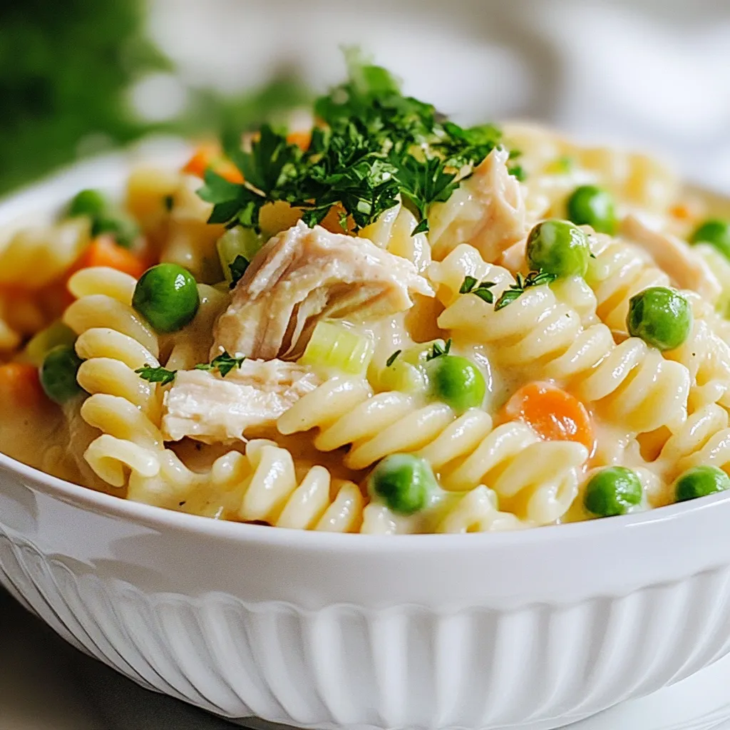 - 8 ounces of pasta (such as fusilli or penne) - 1 tablespoon olive oil - 1 onion, diced - 2 carrots, diced - 2 celery stalks, diced - 2 cups cooked chicken, shredded - 1 cup frozen peas - 4 cups chicken broth - 1 cup heavy cream - 1 teaspoon dried thyme - 1 teaspoon garlic powder - Salt and pepper to taste - ¼ cup all-purpose flour (for thickening) - Fresh parsley for garnish You can swap pasta types. Use rotini or farfalle if you prefer. If you don’t have olive oil, try butter or canola oil. Instead of chicken, use turkey or tofu for a different taste. If you want a lighter version, use low-fat milk instead of heavy cream. Frozen mixed veggies could replace peas and carrots. This dish serves four and offers a balanced meal. Each serving contains about 450 calories. It provides protein from chicken and carbs from pasta. The cream adds some fat, while veggies give fiber and vitamins. Adjust quantities for your needs. {{ingredient_image_1}} First, grab a large pot and fill it with water. Add a generous pinch of salt. Bring the water to a rolling boil. Once boiling, add 8 ounces of pasta, like fusilli or penne. Cook the pasta according to the package instructions until it's al dente. This usually takes about 8-10 minutes. Once done, drain the pasta and set it aside. Next, take a large pot and heat 1 tablespoon of olive oil over medium heat. Add the diced onion, carrots, and celery. Sauté these for about 5-7 minutes. You want them to soften and become fragrant. This step adds great flavor to your dish. Now it's time to add the shredded chicken and frozen peas to the pot. Stir them in and cook for another 2-3 minutes. Then, sprinkle ¼ cup of all-purpose flour over the chicken and veggies. Stir well to coat everything. Cook for a minute to lightly toast the flour. Slowly pour in 4 cups of chicken broth while stirring continuously. This helps avoid lumps. After the sauce thickens, it’s time to add the heavy cream. Pour in 1 cup of cream, then add 1 teaspoon of dried thyme and 1 teaspoon of garlic powder. Season with salt and pepper to taste. Bring this mixture to a gentle simmer, stirring frequently for about 5-10 minutes. Once the sauce is thick, add the cooked pasta back into the pot. Gently mix everything until the pasta is well coated with the creamy sauce. Spoon the Chicken Pot Pie Pasta into bowls. For a beautiful touch, garnish each serving with fresh parsley. This adds color and flavor. Enjoy your comforting meal with a side salad or some crusty bread to soak up the sauce. To cook pasta just right, start with a big pot. Fill it with water and add salt. This helps flavor the pasta. Bring the water to a full boil before adding the pasta. Stir it often to keep it from sticking. Cook it until it is al dente. This means it should be firm but not hard. Drain the pasta, but save a little water for later. This starchy water can help your sauce stick better. A thick sauce makes your Chicken Pot Pie Pasta rich and creamy. To thicken your sauce, use flour. When you sauté your veggies and chicken, sprinkle the flour over the mix. Stir it in to coat everything well. This cooks the flour a bit, which makes it taste better. Slowly add the chicken broth while stirring. This helps avoid lumps. Let it simmer a bit to thicken up. If it’s still too thin, add a bit more flour mixed with water. To make your dish pop, use herbs and spices wisely. Dried thyme adds a nice earthy taste. Garlic powder gives a great boost to the flavor. You can also try adding fresh herbs like parsley at the end for brightness. If you want more kick, consider adding a pinch of red pepper flakes. Taste your sauce as you cook. Adjust the salt and pepper to make sure it’s just right. This will make every bite delightful. Pro Tips Cook Pasta Al Dente: Make sure to cook the pasta until it is al dente, as it will continue to cook when mixed with the sauce, ensuring it doesn't become mushy. Use Rotisserie Chicken: For a quicker option, use store-bought rotisserie chicken. It saves time and adds a delicious flavor to your dish. Customize Your Vegetables: Feel free to add or substitute vegetables based on your preference, such as mushrooms, bell peppers, or even spinach for added nutrition and flavor. Garnish for Freshness: Always garnish with fresh parsley or other herbs before serving to add a pop of color and enhance the flavors of the dish. {{image_2}} You can easily make a vegetarian version of Chicken Pot Pie Pasta. Swap the chicken for mushrooms or chickpeas. Both add nice texture and flavor. Use vegetable broth instead of chicken broth. Add tofu or tempeh for more protein. This version still gives you that comforting taste. For a gluten-free meal, use gluten-free pasta. Many brands offer great options that taste good. Instead of all-purpose flour, use cornstarch or almond flour for thickening. These substitutes work well without losing flavor. Check the labels to ensure everything is gluten-free. Feel free to add more veggies to your dish. Broccoli, bell peppers, or zucchini can boost nutrition. Just chop them small and sauté them with the onions, carrots, and celery. This adds color and crunch. You can customize it to your liking and make it even more delicious. To keep your Chicken Pot Pie Pasta fresh, first let it cool. Then, transfer it to an airtight container. Make sure to seal it tightly. Store the leftovers in the fridge for up to three days. This way, you can enjoy it again later! When you're ready to eat your leftovers, reheating is simple. You can use a microwave or a stove. If using a microwave, place the pasta in a bowl and cover it. Heat for 1-2 minutes, stirring halfway. On the stove, warm it in a pot over low heat. Add a splash of chicken broth if it looks dry. Stir often until hot. If you want to save it for later, freezing works well too. First, let it cool completely. Then, use a freezer-safe container or bag. Remove as much air as possible to avoid freezer burn. Label it with the date. You can freeze it for up to three months. To eat, thaw it in the fridge overnight, then reheat as mentioned above. Yes, you can use rotisserie chicken. It saves time and adds great flavor. Just shred the chicken and add it to the pot. This makes your cooking faster. Plus, it still tastes amazing in the pasta dish. To add spice, try using crushed red pepper flakes. Start with a pinch and taste. You can always add more. Another option is to use spicy seasoning blends. They can give your dish a nice kick. You can use many pasta types for this dish. Fusilli and penne are great, but try shells or bowties too. Each shape holds the sauce well. This keeps every bite full of flavor. This blog post covered how to make Chicken Pot Pie Pasta. We explored the key ingredients, including substitutions and their nutrition. I shared step-by-step cooking instructions, tips for perfect pasta, and ways to enhance flavor. We also looked at variations, storage tips, and answered common questions. Remember, cooking should be fun and flexible. Feel free to experiment with ingredients and make it your own! Enjoy your meal and the journey of cooking.