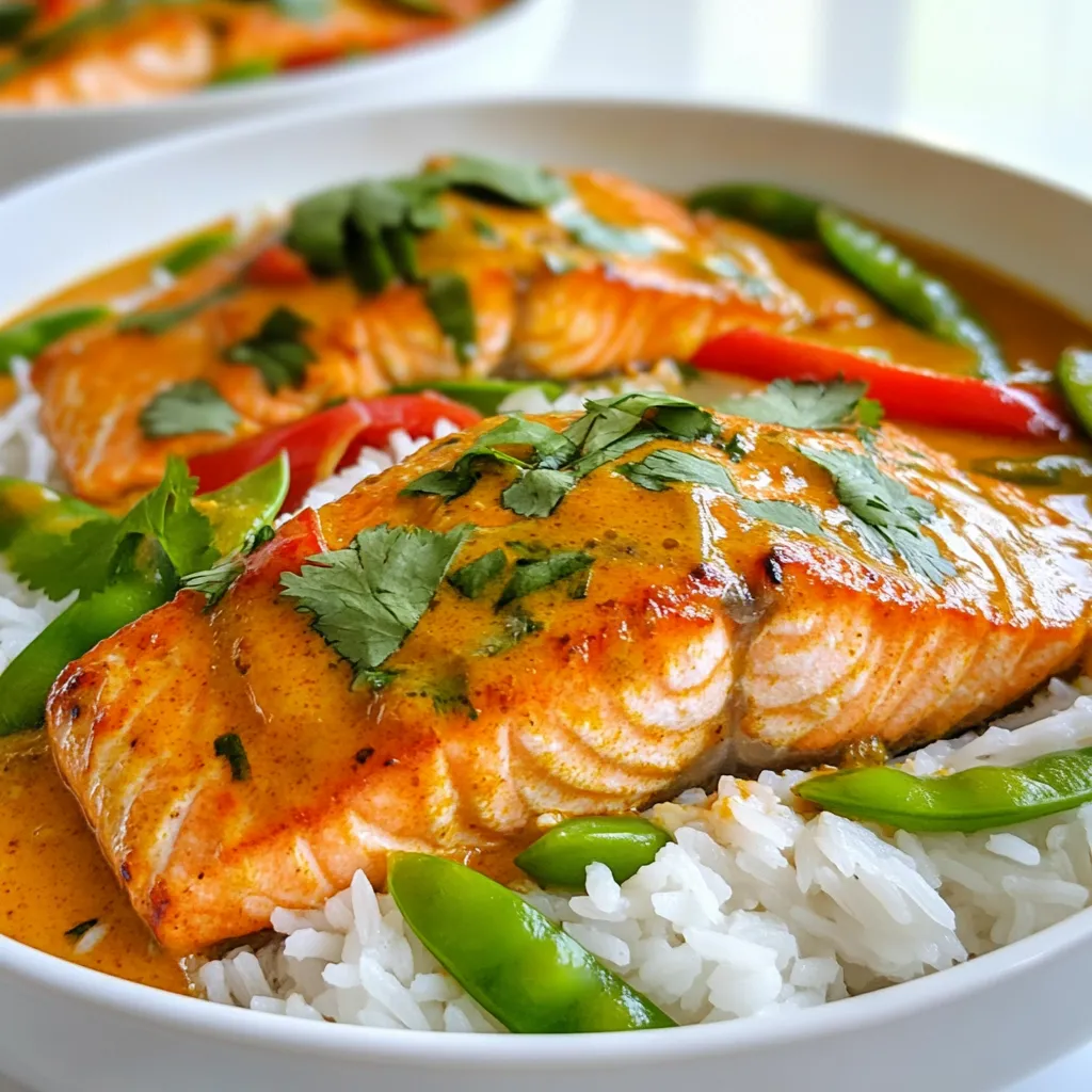 To make a savory salmon coconut curry, you need a few key items. - 4 salmon fillets (skinless) - 1 can (400ml) coconut milk - 2 tablespoons red curry paste - 1 tablespoon fish sauce - 1 tablespoon lime juice - 1 teaspoon ginger, grated - 3 garlic cloves, minced - 1 red bell pepper, sliced - 1 cup snap peas - 1 tablespoon olive oil - Fresh cilantro for garnish - Salt and pepper to taste - Cooked jasmine rice for serving These ingredients blend well, giving you a rich flavor. The coconut milk adds creaminess, while the red curry paste gives it a kick. Fresh herbs like cilantro add brightness, and lime juice balances the dish. You can serve this curry with jasmine rice, making it a complete meal. {{ingredient_image_1}} Start by heating olive oil in a large skillet over medium heat. Add minced garlic and grated ginger. Sauté them for about one minute until they smell great. Next, stir in two tablespoons of red curry paste. Cook it for another minute until the spice blends well and fills your kitchen with a warm aroma. Now, it’s time to add the rich coconut milk. Pour in one can of coconut milk and stir to mix. Let it come to a gentle simmer. After that, add the sliced red bell pepper and one cup of snap peas. Cook these for about three to four minutes until they soften a bit. To bring out the flavor even more, season the sauce with one tablespoon of fish sauce and one tablespoon of lime juice. Stir well to combine everything. Gently place four salmon fillets in the skillet. If your fillets have skin, put them skin-side down. Spoon some of the curry sauce over the top of the salmon. Cover the skillet and let it simmer for about eight to ten minutes. The salmon is ready when it flakes easily with a fork. Taste the curry and adjust with salt and pepper if needed. Enjoy your meal! To make your Salmon Coconut Curry pop, spice adjustments can really help. If you like heat, add more red curry paste. For milder flavors, use less. You can also try adding a dash of chili flakes for extra kick. Fresh herbs play a big role in flavor and look. Cilantro is my go-to for garnish. It adds a fresh taste and bright color to your dish. You can also use fresh basil or mint if you want to mix things up. Cooking salmon right is key to a great dish. Use medium heat to cook the salmon gently. This helps it stay moist and tender. Always check if the salmon flakes easily with a fork. This shows it’s done. For the curry, aim for a creamy, smooth texture. If it’s too thick, add a splash of water or more coconut milk. This will help balance the flavors and keep it light. Pro Tips Use Fresh Ingredients: Fresh salmon and vegetables will enhance the flavor and texture of your curry, making it more vibrant and delicious. Adjust Spice Level: If you prefer a milder curry, reduce the amount of red curry paste or add a bit of coconut milk to temper the heat. Add More Veggies: Feel free to include other vegetables like broccoli, zucchini, or carrots for added nutrition and color. Let It Rest: Allow the curry to sit for a few minutes after cooking; this helps the flavors meld together beautifully before serving. {{image_2}} If you want to switch things up, there are great options! Instead of salmon, try using tofu for a plant-based meal. Tofu soaks up the curry flavors well. If you're a seafood fan, shrimp is another tasty choice. It cooks quickly and adds a nice touch. You can also play with the veggies. Snap peas and red peppers are great, but don't stop there! You can add zucchini, carrots, or broccoli. Each vegetable brings its own flavor and texture. This makes your curry fun and fresh. Curry varies widely across cultures. Thai curry uses coconut milk and fresh herbs, while Indian curry often relies on spices like turmeric and cumin. You can mix and match these styles to create your own version. Adjusting spices can help you find your perfect blend. If you like heat, add more red curry paste or some chili flakes. For a milder taste, reduce the curry paste. This way, you can make a curry that suits your taste buds. To keep your salmon coconut curry fresh, cool it first. Let it sit at room temperature for about 30 minutes before refrigerating. This step helps prevent bacteria growth. Use airtight containers for storage. Glass or plastic containers with tight lids work well. Make sure to label the containers with the date. This way, you’ll know how long they’ve been in the fridge. Store leftovers in the fridge for up to three days. When reheating your curry, do it gently. The best method is to use a stovetop. Pour the curry into a skillet over low heat. Stir occasionally to heat it evenly. If you use a microwave, heat it in short bursts. This way, you avoid overcooking the salmon. Salmon cooks quickly, so keep an eye on it. You want it warm, not dry. Enjoy your meal! Salmon cooks quickly in curry. It takes about 8 to 10 minutes. The salmon should be skin-side down if there is skin. You want the salmon to be opaque and flake easily with a fork. This timing helps keep the salmon moist and tender. Yes, you can prepare this dish ahead of time. Cook the curry base and store it in the fridge. Cook the salmon fresh when you are ready to eat. This method keeps the salmon from getting dry. You can also store leftovers in an airtight container for up to three days. I suggest serving this curry with jasmine rice. The rice soaks up the rich curry sauce. You can also add a side of steamed vegetables or a fresh salad. For extra flavor, try garnishing with fresh cilantro or lime wedges. These add brightness and freshness to your meal. This Salmon Coconut Curry recipe combines simple ingredients like salmon, coconut milk, and red curry paste. You can enhance flavors with fresh herbs and adjust spices to your taste. With the right techniques, you get delicious salmon cooked perfectly in a creamy, fragrant sauce. Don't forget to store any leftovers properly for future meals. This dish is easy to customize, making it perfect for everyone. Enjoy creating your curry and exploring new flavors in your kitchen.