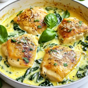 - 2 boneless, skinless chicken breasts - 1 cup heavy cream - 1 cup chicken broth - 3 cloves garlic, minced - 2 cups fresh spinach, chopped - 1 teaspoon onion powder - 1 teaspoon paprika - 1 tablespoon olive oil - ½ cup Parmesan cheese, grated - Salt and pepper to taste - Fresh basil leaves for garnish I love using fresh and simple ingredients for this dish. You start with chicken. I prefer boneless and skinless breasts. They cook evenly and stay juicy. Next, you need heavy cream and chicken broth. These give the dish its creamy base. Don’t forget garlic. It adds a nice flavor. Onion powder and paprika bring in warmth and depth. You will also need fresh spinach. It wilts down beautifully in the sauce. For the finishing touch, grab some grated Parmesan cheese. It melts into the sauce and makes it rich. Finally, you can add salt and pepper to taste. Fresh basil leaves make a lovely garnish. They add color and a hint of freshness. This mix of ingredients creates a tasty, comforting meal. {{ingredient_image_1}} First, take your chicken breasts. Pat them dry with a paper towel. This step helps the seasoning stick. Now, season both sides with salt, pepper, paprika, and onion powder. Make sure to cover every inch. This adds great flavor to the chicken. Next, heat up a large skillet over medium heat. Add the olive oil and let it warm up. Place the seasoned chicken breasts in the skillet. Cook for about 6-7 minutes on each side. You want them golden brown and cooked through. Once done, remove the chicken from the skillet and set it aside. In the same skillet, add the minced garlic. Sauté it for about 1 minute. You want to smell that garlic! Now, pour in the chicken broth and bring it to a gentle simmer. Add the heavy cream and stir well. Let it simmer for about 3-4 minutes. This helps the sauce thicken a bit. Now, add the chopped spinach to the skillet. Stir it in until it wilts, which takes about 2 minutes. Then, sprinkle in the grated Parmesan cheese. Mix until it melts into the sauce. Finally, return the chicken to the skillet. Spoon some sauce over the top. Let it cook for another 2 minutes. This helps all the flavors blend. When you serve, consider garnishing with fresh basil leaves. It makes the dish look great! To cook chicken breasts well, start with even thickness. If they are thick, pound them gently. This helps them cook evenly. Season both sides with salt, pepper, paprika, and onion powder. Heat olive oil in the skillet over medium heat. Cook the chicken for 6-7 minutes on each side. Look for a golden crust and make sure they are cooked through. You can swap heavy cream for half-and-half if you want a lighter sauce. Coconut milk is a great dairy-free option. For a little zing, add lemon juice or zest. If you like a different flavor, try using feta cheese instead of Parmesan. Each choice brings a fresh twist to the recipe. When you sauté garlic, keep the heat medium-low. This prevents burning and gives a rich flavor. Cook minced garlic for just one minute until fragrant. Then add the spinach. Stir it in until it wilts, which should take about two minutes. This keeps the vibrant color and nutrients of the spinach intact. Pro Tips Perfectly Cooked Chicken: Use a meat thermometer to ensure the chicken reaches an internal temperature of 165°F (75°C) for safe consumption. Fresh Spinach: Always use fresh spinach for the best flavor and texture. If using frozen spinach, make sure to thaw and drain it well. Customize the Creaminess: Adjust the amount of heavy cream and Parmesan cheese according to your desired creaminess level for the sauce. Garnish for Presentation: Enhance the dish’s look and flavor by topping with freshly chopped basil and an extra sprinkle of Parmesan before serving. {{image_2}} You can easily change this dish by adding other veggies. Try bell peppers for sweetness or mushrooms for a rich flavor. You can also add zucchini or cherry tomatoes for a fresh touch. Just sauté them with garlic before adding the cream. This gives you a colorful and tasty meal. If you want to swap the chicken, consider shrimp or tofu. Shrimp cooks fast and adds a light flavor. Tofu gives a nice texture and soaks up the sauce well. Just adjust the cooking time based on the protein you choose. This keeps the dish exciting and caters to different diets. To make this dish dairy-free, use coconut milk instead of heavy cream. It adds a hint of sweetness. Nutritional yeast can replace Parmesan cheese for a cheesy taste. You can also use a dairy-free cream alternative. This way, everyone can enjoy this creamy spinach chicken skillet! To keep your creamy spinach chicken skillet fresh, let it cool first. Then, place it in an airtight container. This helps lock in flavors and moisture. Store it in the fridge for up to three days. If you want to enjoy it later, freezing works too. To reheat, you can use the stove or microwave. If using the stove, warm it in a pan over low heat. Stir often to prevent sticking. For the microwave, place in a bowl and cover it. Heat in short bursts, stirring in between. This keeps the meal creamy and delicious. You can freeze the creamy spinach chicken skillet. Portion it into freezer-safe containers. It can last up to three months in the freezer. When ready to eat, thaw it in the fridge overnight. Reheat as mentioned before for the best taste. Yes, you can use frozen spinach. Just thaw and drain it first. Frozen spinach is a great option. It saves time and still tastes good. Add it to the sauce after you sauté the garlic. You can serve this dish with many sides. Here are some great ideas: - Rice: White or brown rice absorbs the creamy sauce well. - Pasta: Any type of pasta pairs nicely with the chicken. - Bread: Crusty bread is perfect for soaking up the sauce. - Salad: A fresh green salad adds a nice crunch. To add spice, try these tips: - Use cayenne pepper: Add a pinch when seasoning the chicken. - Red pepper flakes: Stir some into the sauce for heat. - Hot sauce: Drizzle a bit on top before serving. These options let you control the spice level easily. In this post, I shared how to make a delicious Creamy Spinach Chicken Skillet. We covered the key ingredients, like chicken, cream, and fresh veggies. I guided you through each step from preparing the chicken to serving the dish. I also provided tips for cooking, possible variations, and best ways to store leftovers. Remember, cooking is a fun journey. Don’t hesitate to try new ingredients or flavors. Enjoy every bite!