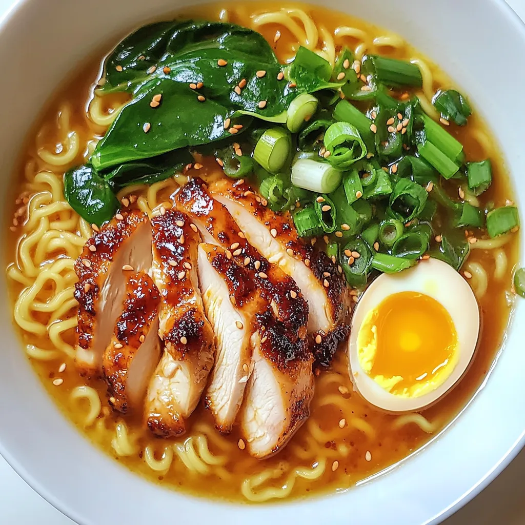 Here’s what you need to make Fiery Chicken Ramen with Garlic Sauce: - 2 boneless, skinless chicken thighs - 4 cups chicken broth - 2 packs of ramen noodles (discard seasoning packets) - 3 tablespoons sesame oil - 4 cloves garlic, minced - 1 tablespoon fresh ginger, grated - 1 red chili pepper, sliced (adjust based on spice preference) - 2 tablespoons soy sauce - 1 tablespoon chili paste (like sambal oelek) - 2 green onions, chopped - 1 cup baby spinach - 1 soft-boiled egg (optional) - Sesame seeds for garnish Each ingredient plays a key role in the dish. The chicken thighs add protein and flavor. Chicken broth serves as the base, bringing warmth. Ramen noodles provide that comforting texture. I use sesame oil for a rich, nutty taste. Garlic and ginger give a fragrant kick. The red chili pepper and chili paste add heat, but you can adjust these to your liking. Green onions offer a fresh crunch, while baby spinach adds color and nutrients. If you want to elevate your ramen, a soft-boiled egg on top is great! Finally, sesame seeds add a nice finish. Gather these ingredients, and you’re ready to start cooking. {{ingredient_image_1}} Seasoning the chicken thighs Start by seasoning the chicken thighs. Use salt and pepper for taste. This step boosts the flavor of the chicken. Cooking the chicken In a large pot, heat 1 tablespoon of sesame oil over medium heat. Add the chicken thighs to the pot. Cook them for about 5-7 minutes on each side. Look for a nice golden brown color. This shows they are cooked through. Resting and slicing the chicken After cooking, remove the chicken from the pot. Let it rest for a few minutes. This keeps the chicken juicy. Once rested, slice the chicken into thin strips. Sautéing garlic, ginger, and chili pepper In the same pot, add the rest of the sesame oil. Then, toss in the minced garlic, grated ginger, and sliced red chili pepper. Sauté these for about 2 minutes. This step fills your kitchen with a great smell. Adding chicken broth and simmering Next, pour in the chicken broth. Bring it to a gentle simmer. Add soy sauce and chili paste, stirring well. Let this simmer for about 5 minutes. This helps the flavors blend together. Adding ramen noodles and cooking time Now, add the ramen noodles to the broth. Cook them according to the package instructions. This usually takes about 3-4 minutes. You want the noodles to be al dente. Incorporating chicken and spinach Once the noodles are cooked, add the sliced chicken back into the pot. Also, throw in the baby spinach. Stir everything until the spinach wilts. This should take about 1-2 minutes. Now, your Fiery Chicken Ramen is ready for serving! To make your fiery chicken ramen shine, adjust the spice levels. Use less red chili pepper if you prefer milder heat. If you like it hot, add more chili paste. Balancing broth flavors is key. Taste the broth and add soy sauce gradually. This way, you can find the perfect salty touch without overpowering the other flavors. For soft-boiled eggs, start with cold water. Place the eggs in the water, then bring it to a boil. Boil for 6-7 minutes for a runny yolk. After boiling, place the eggs in ice water to stop the cooking. Peel them gently to keep the shape intact. When sautéing garlic and ginger, use medium heat. This allows their flavors to bloom without burning. Stir them quickly for about two minutes until fragrant. This step adds depth to your ramen. You can get creative with garnishing. Try adding sliced radishes or cilantro for a fresh touch. Sesame seeds add crunch and a nutty flavor. Presentation matters! Serve the ramen in deep bowls. Arrange the chicken and spinach neatly. Place the soft-boiled egg on top and sprinkle with green onions. A beautiful dish makes every bite more enjoyable. Pro Tips Adjust the Spice Level: If you prefer a milder dish, reduce the amount of red chili pepper and chili paste. You can also add more broth to dilute the heat. Perfect Soft-Boiled Egg: For the perfect soft-boiled egg, boil it for exactly 6-7 minutes, then plunge it into ice water to stop the cooking process before peeling. Flavor Boosters: Try adding a splash of rice vinegar or lime juice for an extra layer of flavor that complements the spiciness of the ramen. Make it a Meal Prep: This ramen can be made ahead of time! Just store the broth and noodles separately to prevent sogginess, and combine when ready to eat. {{image_2}} You can switch up the protein in this recipe. Try tofu for a tasty veggie option. Beef works well too, adding a rich flavor. If you need gluten-free noodles, look for rice noodles or gluten-free ramen. These swaps keep the dish fun and exciting. Want to boost the flavor? Add mushrooms or bok choy for extra crunch and nutrients. You can also try different spice blends. A dash of five-spice powder or some chili flakes can give your ramen a new twist. Mix and match to find your favorite! Ramen pairs well with side dishes. Serve it with a simple salad or some spring rolls. Both options balance the meal nicely. For drinks, try a light beer or a refreshing iced tea. These choices enhance your ramen experience. Enjoy experimenting! To keep your fiery chicken ramen fresh, store it right. First, let the ramen cool to room temperature. Then, place it in an airtight container. This helps to lock in flavors and moisture. I suggest using glass or BPA-free plastic containers. They are great for storing food and easy to clean. When it's time to enjoy your leftovers, you can reheat them in a few ways. The best method is to use the stove. Put your ramen in a pot over low heat. Add a splash of chicken broth or water to avoid dryness. Stir gently until it heats through. You can also use a microwave, but be careful! Heat it in short bursts and stir often to keep the flavor and texture intact. Can you freeze chicken ramen? Yes, you can! But remember, the noodles may get mushy. For best results, freeze the broth and chicken separately from the noodles. Use freezer-safe bags or containers. When you want to eat it, thaw the broth overnight in the fridge. Then, reheat it on the stove and add fresh noodles. This keeps your meal tasty and enjoyable! To tone down the heat, start by using less red chili pepper. You can also skip the chili paste or use a milder version. Adding more chicken broth can soften the spice as well. Lastly, some sugar can balance the heat. If you need a substitute, use vegetable broth or mushroom broth. Both give a rich flavor. Water can work in a pinch, but add extra spices for taste. If you want more depth, use a mix of water and soy sauce. Fiery chicken ramen stays good in the fridge for about 3 days. Make sure to store it in an airtight container. It is best to keep the noodles separate from the broth to avoid sogginess. Yes, you can! Use tofu or tempeh instead of chicken. Substitute chicken broth with vegetable broth. For extra flavor, add more garlic and ginger. Spinach and other veggies can also boost the dish. Serve the ramen hot in deep bowls. Top it with sliced green onions and sesame seeds. If you add a soft-boiled egg, cut it in half for a nice look. This adds creaminess and makes the dish special. This article shared how to create a tasty chicken ramen. You learned about key ingredients and step-by-step cooking. We covered tips for flavor and perfect garnishes to impress. Variations offer you options for different tastes and diets. Plus, we discussed storage and reheating for leftovers. Enjoy making this dish, knowing you can personalize it. With practice, you will master a delicious bowl of chicken ramen. Dive in and make it your own!