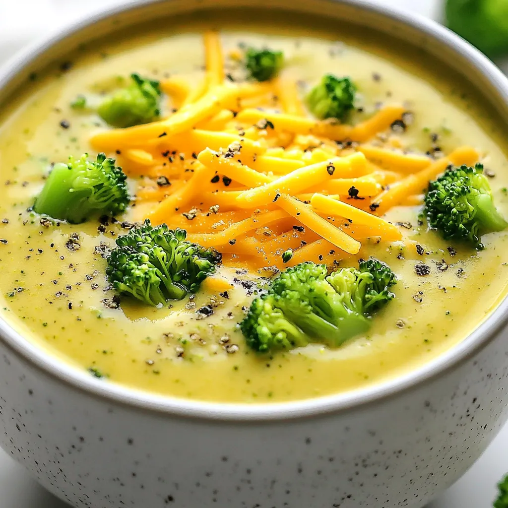 To make a tasty keto broccoli cheddar soup, gather these fresh ingredients: - 4 cups fresh broccoli florets - 1 cup shredded sharp cheddar cheese - 1 cup heavy cream - 1 cup vegetable broth - 1 small onion, diced - 2 cloves garlic, minced - 2 tablespoons butter - 1 teaspoon garlic powder - 1 teaspoon onion powder - Salt and pepper to taste Each ingredient plays a key role. Fresh broccoli gives the soup its base and nutrition. Sharp cheddar cheese adds rich flavor and creaminess. Heavy cream makes the soup smooth and decadent. Vegetable broth brings all the flavors together. Onion and garlic add depth to the dish. They release their natural sweetness when sautéed. The garlic powder and onion powder boost flavor. Salt and pepper enhance every bite, balancing the taste. When you combine these ingredients, you create a warm, comforting dish. This soup is perfect for a cozy night in or a family meal. Enjoy the process of cooking and taste the delightful flavors that come together! {{ingredient_image_1}} Prepping the vegetables Start by washing your broccoli. Cut it into small florets. This helps it cook evenly. Dice the onion finely. Mince the garlic cloves. You want these to blend well in the soup. Sautéing the onion and garlic In a large pot, melt the butter over medium heat. Once melted, add the diced onion. Sauté it for about five minutes until it turns translucent. Next, add the minced garlic. Sauté for one more minute. You want the garlic to be fragrant but not burnt. Simmering and blending the soup Add the vegetable broth to the pot and bring it to a simmer. Once it simmers, toss in the broccoli florets. Cook them for about eight to ten minutes. You want the broccoli to be soft. After it’s soft, use an immersion blender to blend the soup until smooth. If you don’t have one, you can use a regular blender in batches. Return the blended mixture to the pot. Incorporating cream and cheese Now, stir in the heavy cream. Add the garlic powder and onion powder next. Season with salt and pepper to taste. Let the soup simmer for another five minutes. This helps mix all the flavors together. Gradually add the shredded cheddar cheese. Stir continuously until it melts into the soup. Adjusting seasonings before serving Before serving, taste the soup. Adjust the salt and pepper as needed. This step ensures the soup tastes just right. For a nice touch, serve the soup with extra cheddar on top. You can also add a few small broccoli florets for garnish. A drizzle of olive oil will make it look even better. To make your Keto Broccoli Cheddar Soup burst with flavor, add some great seasonings. Besides garlic and onion powder, you can try a pinch of cayenne for heat. A sprinkle of smoked paprika adds depth and warmth. Fresh herbs like thyme or parsley can also brighten the taste. When blending the soup, ensure it is cool enough to handle. If using a traditional blender, blend in small batches to avoid spills. You want a smooth texture, so blend until it looks creamy and velvety. Using an immersion blender is a game changer for this soup. It lets you blend right in the pot. This saves time and reduces mess. If you prefer a traditional blender, wait until the soup cools slightly. This helps avoid splatters and burns. Incorporating cheese is key to your soup's richness. Add the shredded cheddar gradually while stirring. This way, the cheese melts evenly. Be patient; let it melt completely for that perfect creamy finish. Pro Tips Cheese Selection: Use a mix of cheeses like Gruyere or mozzarella for a more complex flavor profile. Broccoli Prep: For a vibrant green color, plunge the cooked broccoli in ice water before blending. Texture Control: If you prefer a chunkier soup, reserve some broccoli florets and add them back after blending. Seasoning Adjustment: Always taste and adjust seasoning after adding the cheese, as it can alter the overall flavor. {{image_2}} You can make this soup fit your needs easily. If you want a dairy-free option, use coconut cream instead of heavy cream. This keeps the soup rich and creamy without dairy. You can also swap the cheddar for a nut-based cheese or a vegan cheese blend. If you want to switch things up, try different vegetables. Cauliflower can replace broccoli for a milder taste. Spinach or kale can add great nutrition and color. You can even toss in some carrots or bell peppers for a sweet twist. Spices can boost the flavor of this soup. Add a pinch of cayenne for heat or smoked paprika for depth. Fresh herbs like thyme or basil can make it pop too. You can also change the cheese. While sharp cheddar is great, try Gruyère for a nutty flavor. Monterey Jack can add a creamy texture. Mixing different cheeses can create a unique taste that makes each bowl special. To keep your soup fresh, store it in an airtight container. Place it in the fridge if you plan to eat it within three days. This keeps the flavors intact and ensures you enjoy every spoonful. If you want to keep it longer, freezing works great. Pour the cooled soup into freezer-safe bags or containers. Make sure to leave some space for expansion. Label the bags with the date, and it can last up to three months in the freezer. When it’s time to enjoy your leftovers, reheating is key. I suggest using the stovetop. Pour the soup into a pot over low heat. Stir often to prevent sticking. This method helps maintain its creamy texture and flavors. If you’re in a rush, you can use the microwave. Just heat it in short bursts. Stir between each burst to ensure even heating. Avoid boiling the soup, as this can change its texture. Enjoy every warm, cheesy bite! Is this soup keto-friendly? Yes, this soup is keto-friendly. It uses low-carb ingredients like broccoli and heavy cream. Cheese adds flavor and protein, making it perfect for a keto diet. Can I make this soup ahead of time? You can make this soup ahead of time. Just store it in the fridge for up to three days. Reheat it on the stove when you're ready to eat. How can I make this soup thicker? To thicken the soup, blend it longer or add more cheese. You can also add a low-carb thickener like xanthan gum. What can I substitute for heavy cream? If you need a substitute for heavy cream, try full-fat coconut milk. It adds creaminess while keeping it keto. You can also use cream cheese for a thicker texture. Can I use frozen broccoli instead of fresh? Yes, you can use frozen broccoli. Just make sure to thaw it first. Frozen broccoli cooks faster, so check it often while simmering. This blog post covered delicious broccoli cheddar soup. We shared the main ingredients and precise measurements to help you gather what you need. I outlined easy steps for cooking, along with tips to enhance flavor. You learned about ingredient substitutions and variations for your soup. Finally, we discussed how to store leftovers and reheat them perfectly. With this knowledge, you can make a tasty soup that's perfect for any occasion. Now, enjoy your cooking and feel free to experiment with your own ideas!