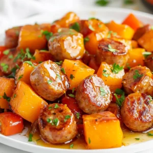 To make this tasty dish, gather these key ingredients: - 4 spicy turkey sausages, sliced - 2 large sweet potatoes, diced - 1 red bell pepper, diced - 1 yellow onion, sliced - 4 cloves garlic, minced - ¼ cup honey - 3 tablespoons olive oil - 1 teaspoon smoked paprika - Salt and black pepper to taste To add some flair to your meal, consider these garnishes: - Fresh parsley, chopped - Chopped green onions - A squeeze of lemon juice These will enhance the dish's look and flavor. If you need to switch some ingredients, here are some great options: - Replace turkey sausages with chicken or pork sausages for a different taste. - Use butternut squash instead of sweet potatoes for a different texture. - Swap red bell pepper for green or yellow bell pepper for a color change. - Honey can be replaced with maple syrup for a vegan option. - Use vegetable broth instead of olive oil to cook the veggies for a lighter touch. These swaps keep the dish delicious while fitting your needs. {{ingredient_image_1}} First, you need to preheat your oven to 400°F (200°C). This step is key for even cooking. Next, gather your ingredients: - 4 spicy turkey sausages, sliced - 2 large sweet potatoes, diced - 1 red bell pepper, diced - 1 yellow onion, sliced - 4 cloves garlic, minced - ¼ cup honey - 3 tablespoons olive oil - 1 teaspoon smoked paprika - Salt and black pepper to taste - Fresh parsley, chopped (for garnish) In a large bowl, mix the sweet potatoes, red bell pepper, and onion. Drizzle 2 tablespoons of olive oil over the mix. Add smoked paprika, salt, and black pepper. Toss well to coat all the veggies. Now, spread the seasoned vegetables on a baking sheet. Make sure they are in a single layer for even cooking. Place the baking sheet in the oven and roast for about 20 minutes. You want them to start getting tender and golden. While the veggies roast, heat a skillet on medium heat. Add the sliced sausages into the skillet. Cook them for about 5-7 minutes, stirring often. You want them to be browned and fully cooked. In the last five minutes of roasting, take out the baking sheet. Add the cooked sausages on top of the sweet potatoes and peppers. In the same skillet, lower the heat and add minced garlic. Sauté for about 1 minute until you smell the garlic. Then, stir in the honey. Heat it for another minute until it gets syrupy. Drizzle the honey garlic glaze over the sausage and veggie mix on the baking sheet. Toss everything gently to mix. Return the baking sheet to the oven for another 5-10 minutes. This final roasting lets all the flavors blend. Once done, take it out, sprinkle with fresh parsley, and serve hot. Enjoy your Sausage and Sweet Potatoes with Honey Garlic Delight! For this dish, I recommend using spicy turkey sausages. They add great flavor and are leaner than pork. You can also try chicken or Italian sausages for a different taste. Just ensure they are fully cooked before adding them to the sweet potatoes. To make sweet potatoes soft and sweet, start by cutting them into even cubes. This helps them cook evenly. Toss them with olive oil, salt, and smoked paprika. Roasting at 400°F is key. The high heat caramelizes the sugars, giving you a delicious flavor. Check them after 20 minutes; they should be tender but not mushy. To boost flavor, add garlic when the sausages are nearly done. Sautéing garlic in the sausage pan adds depth. The honey glaze brings sweetness, so balance it with a pinch of salt. You can also sprinkle some red pepper flakes for heat. Fresh parsley adds a pop of color and freshness. Pro Tips Perfectly Roasted Sweet Potatoes: For even cooking, ensure your sweet potato cubes are uniform in size, about 1 inch each. Enhancing Flavor: Consider adding a pinch of cayenne pepper to the glaze for an extra kick of heat that complements the sweetness of the honey. Meal Prep Friendly: This dish can be prepped in advance. Roast the vegetables and sausages early in the week for quick meals. Garnish for Freshness: Fresh herbs like cilantro or basil can substitute for parsley, adding a different but delightful flavor profile. {{image_2}} You can change the flavor by using different sausage types. Try chicken or pork sausages if you want a milder taste. For a kick, use chorizo or Italian sausage. Each sausage brings its own unique flavor to the dish. I love experimenting with these choices. Feel free to add more vegetables for color and nutrition. Broccoli, zucchini, or carrots work well. You can also add kale or spinach for extra greens. Just remember to adjust the cooking time based on the vegetable. This keeps the dish healthy and vibrant. You can change the sweetness by adding more or less honey. If you prefer a less sweet dish, cut the honey in half. For a sweeter flavor, double the honey. You can also use maple syrup as a substitute for honey. This creates a nice twist in flavor. Once your sausage and sweet potatoes cool, store them in a sealed container. Keep the dish in the fridge for up to three days. Make sure to label the container with the date. This way, you can track how long it stays fresh. You can freeze leftovers for later. Place the cooled dish in an airtight container or freezer bag. Remove as much air as possible. The dish stays good for up to three months in the freezer. When you're ready to eat, thaw it in the fridge overnight before reheating. Reheat your sausage and sweet potatoes in the oven or microwave. For the oven, set it to 350°F (175°C) and heat for about 15-20 minutes. If using a microwave, heat in short bursts, stirring in between. Make sure it’s hot all the way through before serving. Enjoy your tasty meal again! Yes, you can use other potatoes. Regular russet or red potatoes work well too. They will change the taste slightly, but they will still be delicious. Just make sure to cut them into small pieces, like the sweet potatoes. To make this dish healthier, use less honey. You can also swap turkey sausages for chicken or veggie ones. Add more veggies, like spinach or carrots, for extra nutrients. You can even use less oil when roasting the vegetables. Sausage and sweet potatoes pair nicely with green salads. You can also serve it with a side of steamed broccoli or green beans. A light vinaigrette can enhance the flavors too. Yes, you can use a slow cooker! Start by adding all the ingredients to the pot. Cook on low for 6-8 hours or high for 3-4 hours. This method gives a different texture, but the flavors meld beautifully. This dish lasts about 3-4 days in the fridge. Store it in an airtight container to keep it fresh. Reheat in the microwave or oven before serving. This post covered everything about making a delicious sausage and sweet potato dish. We explored key ingredients, step-by-step cooking, and storage tips. You can easily switch up flavors or veggies for variety. Remember, each step is simple and fun. With the right choices, you can make this meal shine. Enjoy the cooking process and taste the rewards.