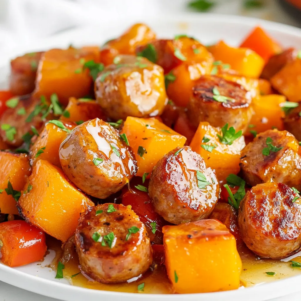 To make this tasty dish, gather these key ingredients: - 4 spicy turkey sausages, sliced - 2 large sweet potatoes, diced - 1 red bell pepper, diced - 1 yellow onion, sliced - 4 cloves garlic, minced - ¼ cup honey - 3 tablespoons olive oil - 1 teaspoon smoked paprika - Salt and black pepper to taste To add some flair to your meal, consider these garnishes: - Fresh parsley, chopped - Chopped green onions - A squeeze of lemon juice These will enhance the dish's look and flavor. If you need to switch some ingredients, here are some great options: - Replace turkey sausages with chicken or pork sausages for a different taste. - Use butternut squash instead of sweet potatoes for a different texture. - Swap red bell pepper for green or yellow bell pepper for a color change. - Honey can be replaced with maple syrup for a vegan option. - Use vegetable broth instead of olive oil to cook the veggies for a lighter touch. These swaps keep the dish delicious while fitting your needs. {{ingredient_image_1}} First, you need to preheat your oven to 400°F (200°C). This step is key for even cooking. Next, gather your ingredients: - 4 spicy turkey sausages, sliced - 2 large sweet potatoes, diced - 1 red bell pepper, diced - 1 yellow onion, sliced - 4 cloves garlic, minced - ¼ cup honey - 3 tablespoons olive oil - 1 teaspoon smoked paprika - Salt and black pepper to taste - Fresh parsley, chopped (for garnish) In a large bowl, mix the sweet potatoes, red bell pepper, and onion. Drizzle 2 tablespoons of olive oil over the mix. Add smoked paprika, salt, and black pepper. Toss well to coat all the veggies. Now, spread the seasoned vegetables on a baking sheet. Make sure they are in a single layer for even cooking. Place the baking sheet in the oven and roast for about 20 minutes. You want them to start getting tender and golden. While the veggies roast, heat a skillet on medium heat. Add the sliced sausages into the skillet. Cook them for about 5-7 minutes, stirring often. You want them to be browned and fully cooked. In the last five minutes of roasting, take out the baking sheet. Add the cooked sausages on top of the sweet potatoes and peppers. In the same skillet, lower the heat and add minced garlic. Sauté for about 1 minute until you smell the garlic. Then, stir in the honey. Heat it for another minute until it gets syrupy. Drizzle the honey garlic glaze over the sausage and veggie mix on the baking sheet. Toss everything gently to mix. Return the baking sheet to the oven for another 5-10 minutes. This final roasting lets all the flavors blend. Once done, take it out, sprinkle with fresh parsley, and serve hot. Enjoy your Sausage and Sweet Potatoes with Honey Garlic Delight! For this dish, I recommend using spicy turkey sausages. They add great flavor and are leaner than pork. You can also try chicken or Italian sausages for a different taste. Just ensure they are fully cooked before adding them to the sweet potatoes. To make sweet potatoes soft and sweet, start by cutting them into even cubes. This helps them cook evenly. Toss them with olive oil, salt, and smoked paprika. Roasting at 400°F is key. The high heat caramelizes the sugars, giving you a delicious flavor. Check them after 20 minutes; they should be tender but not mushy. To boost flavor, add garlic when the sausages are nearly done. Sautéing garlic in the sausage pan adds depth. The honey glaze brings sweetness, so balance it with a pinch of salt. You can also sprinkle some red pepper flakes for heat. Fresh parsley adds a pop of color and freshness. Pro Tips Perfectly Roasted Sweet Potatoes: For even cooking, ensure your sweet potato cubes are uniform in size, about 1 inch each. Enhancing Flavor: Consider adding a pinch of cayenne pepper to the glaze for an extra kick of heat that complements the sweetness of the honey. Meal Prep Friendly: This dish can be prepped in advance. Roast the vegetables and sausages early in the week for quick meals. Garnish for Freshness: Fresh herbs like cilantro or basil can substitute for parsley, adding a different but delightful flavor profile. {{image_2}} You can change the flavor by using different sausage types. Try chicken or pork sausages if you want a milder taste. For a kick, use chorizo or Italian sausage. Each sausage brings its own unique flavor to the dish. I love experimenting with these choices. Feel free to add more vegetables for color and nutrition. Broccoli, zucchini, or carrots work well. You can also add kale or spinach for extra greens. Just remember to adjust the cooking time based on the vegetable. This keeps the dish healthy and vibrant. You can change the sweetness by adding more or less honey. If you prefer a less sweet dish, cut the honey in half. For a sweeter flavor, double the honey. You can also use maple syrup as a substitute for honey. This creates a nice twist in flavor. Once your sausage and sweet potatoes cool, store them in a sealed container. Keep the dish in the fridge for up to three days. Make sure to label the container with the date. This way, you can track how long it stays fresh. You can freeze leftovers for later. Place the cooled dish in an airtight container or freezer bag. Remove as much air as possible. The dish stays good for up to three months in the freezer. When you're ready to eat, thaw it in the fridge overnight before reheating. Reheat your sausage and sweet potatoes in the oven or microwave. For the oven, set it to 350°F (175°C) and heat for about 15-20 minutes. If using a microwave, heat in short bursts, stirring in between. Make sure it’s hot all the way through before serving. Enjoy your tasty meal again! Yes, you can use other potatoes. Regular russet or red potatoes work well too. They will change the taste slightly, but they will still be delicious. Just make sure to cut them into small pieces, like the sweet potatoes. To make this dish healthier, use less honey. You can also swap turkey sausages for chicken or veggie ones. Add more veggies, like spinach or carrots, for extra nutrients. You can even use less oil when roasting the vegetables. Sausage and sweet potatoes pair nicely with green salads. You can also serve it with a side of steamed broccoli or green beans. A light vinaigrette can enhance the flavors too. Yes, you can use a slow cooker! Start by adding all the ingredients to the pot. Cook on low for 6-8 hours or high for 3-4 hours. This method gives a different texture, but the flavors meld beautifully. This dish lasts about 3-4 days in the fridge. Store it in an airtight container to keep it fresh. Reheat in the microwave or oven before serving. This post covered everything about making a delicious sausage and sweet potato dish. We explored key ingredients, step-by-step cooking, and storage tips. You can easily switch up flavors or veggies for variety. Remember, each step is simple and fun. With the right choices, you can make this meal shine. Enjoy the cooking process and taste the rewards.