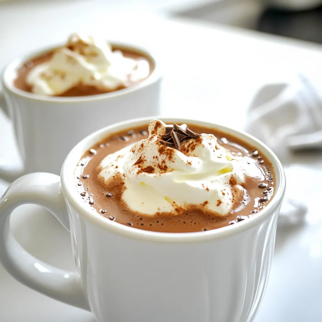 To make a rich and creamy pumpkin hot chocolate, gather these key ingredients: - 2 cups milk (dairy or plant-based) - ½ cup of pumpkin puree (canned or fresh) - ¼ cup semi-sweet chocolate chips - 2 tablespoons cocoa powder - 2 tablespoons sugar (or to taste) - 1 teaspoon vanilla extract - ½ teaspoon pumpkin pie spice (plus extra for garnish) These ingredients create a warm and cozy drink that makes the fall season special. You can enhance your pumpkin hot chocolate with some fun toppings: - Whipped cream (for topping) - Dark chocolate shavings or chocolate curls (for garnish) - A sprinkle of extra pumpkin pie spice These garnishes add flavor and make your drink look lovely. When picking your ingredients, focus on quality: - Choose fresh pumpkin puree for a brighter taste. - Select high-quality chocolate chips for a rich chocolate flavor. - Use whole milk for creaminess or a good plant-based milk for a lighter option. Quality ingredients make a noticeable difference in flavor. Always check labels for additives or preservatives. This helps ensure your drink is as healthy as it is tasty. Start by gathering your ingredients. You need milk, pumpkin puree, and a whisk. In a medium saucepan, combine 2 cups of milk and ½ cup of pumpkin puree. Whisk these together over medium heat. Keep mixing for about 3 to 5 minutes. You want the mixture warm and well blended. Be careful not to let it boil. Now, it’s time for the chocolate! Add ¼ cup of semi-sweet chocolate chips, 2 tablespoons of cocoa powder, and 2 tablespoons of sugar to the pumpkin mix. Stir continuously for 2 to 3 minutes. The chocolate should melt nicely, making the drink smooth and rich. Next, stir in 1 teaspoon of vanilla extract and ½ teaspoon of pumpkin pie spice. Whisk until everything is combined and warm. Remove the saucepan from heat. Taste your hot chocolate and adjust the sweetness if you like. Pour the mixture into mugs. Top each mug with whipped cream. For a special touch, sprinkle some pumpkin pie spice on top. You can also add dark chocolate shavings or chocolate curls for extra flair. Enjoy your creamy fall delight! To make your pumpkin hot chocolate shine, think about adding flavors. A pinch of sea salt boosts sweetness. It balances the rich chocolate and creamy pumpkin. You can also try a dash of cinnamon or nutmeg. These spices add warmth and depth. If you want more chocolate, add extra chocolate chips. For a fun twist, stir in some caramel sauce for a sweet kick. Sweetness is key to a great hot chocolate. After mixing, taste your drink. If it’s not sweet enough, add sugar slowly. Try one tablespoon at a time. Stir well and taste again. You can also use honey or maple syrup for a natural option. Just remember to mix it in fully for even sweetness. Avoid cooking your mixture too fast. Medium heat is best to keep it smooth. Don’t let it boil; that can change the texture. If you add too much cocoa powder, it may taste bitter. Always whisk well to blend everything smoothly. Lastly, don’t skip the whipped cream! It adds a nice touch and makes it look fancy. {{image_2}} To make a vegan version of pumpkin hot chocolate, swap dairy milk for a plant-based milk. Almond, oat, or coconut milk works well. Use dairy-free chocolate chips for a rich taste. Follow the same steps in the recipe, and enjoy this creamy treat! If you want a dairy-free hot chocolate, simply choose non-dairy milk. Almond milk adds a nutty flavor. Coconut milk gives a rich, creamy texture. Soy milk is also a good choice. Each option keeps the drink smooth and delicious. Adjust the sweetness as you mix in the cocoa and chocolate. You can add fun flavors to your pumpkin hot chocolate! Try adding a splash of peppermint extract for a fresh twist. This pairs well with the pumpkin spice. For a sweeter touch, drizzle caramel syrup over the whipped cream. These add-ins make your drink feel special and festive. To store leftover pumpkin hot chocolate, let it cool first. Then, pour it into an airtight container. Make sure to seal it well to keep the flavors fresh. Store it in the fridge for up to three days. If you want to enjoy it later, you can freeze it. Just use a freezer-safe container. Leave some space at the top, as liquids expand when frozen. When you're ready to enjoy your hot chocolate, take it out of the fridge or freezer. If frozen, let it thaw in the fridge overnight. To reheat, pour it into a saucepan. Heat it over medium-low heat, stirring often. This helps it warm evenly without burning. If you prefer, you can use a microwave. Heat it in short bursts of 30 seconds, stirring in between. This way, it stays creamy and smooth. The shelf life of your ingredients varies. Milk lasts about a week after opening, while pumpkin puree is good for about a week once opened. Semi-sweet chocolate chips can last several months if stored well. Sugar and cocoa powder have a long shelf life. They stay fresh for years if kept dry and cool. Always check labels for specific dates, as freshness matters in your drink. To make one serving, simply halve the original recipe. Use 1 cup of milk and ¼ cup of pumpkin puree. Add 2 tablespoons of chocolate chips, 1 tablespoon of cocoa powder, and 1 tablespoon of sugar. Mix these in a small saucepan over medium heat. Whisk until everything melts and blends well. This takes about 3-5 minutes. Pour into a mug, top with whipped cream, and sprinkle some pumpkin pie spice. Yes, you can use pumpkin pie filling. This filling has spices and sugar mixed in. It can add a nice flavor. Just remember to reduce the sugar in the recipe. Taste your drink first. Adjust the sweetness if needed. Pumpkin pie filling makes the drink sweeter and spicier. Pumpkin is rich in vitamins and minerals. It has a lot of vitamin A, which helps your eyes. It also contains fiber, which aids digestion. Pumpkin is low in calories, making it a healthy choice. You get antioxidants too, which help fight free radicals in your body. Enjoying this drink can add some health benefits to your cozy fall treat! This blog post covered how to make delicious pumpkin hot chocolate. We discussed essential ingredients and tips to choose the best ones. I shared easy steps to prepare, mix, and serve your drink. You learned how to enhance flavors and avoid common mistakes. We explored variations, like vegan options and seasonal add-ins. Finally, I provided storage tips and answered frequent questions. Enjoy creating this warm drink. It’s an easy way to savor fall flavors!