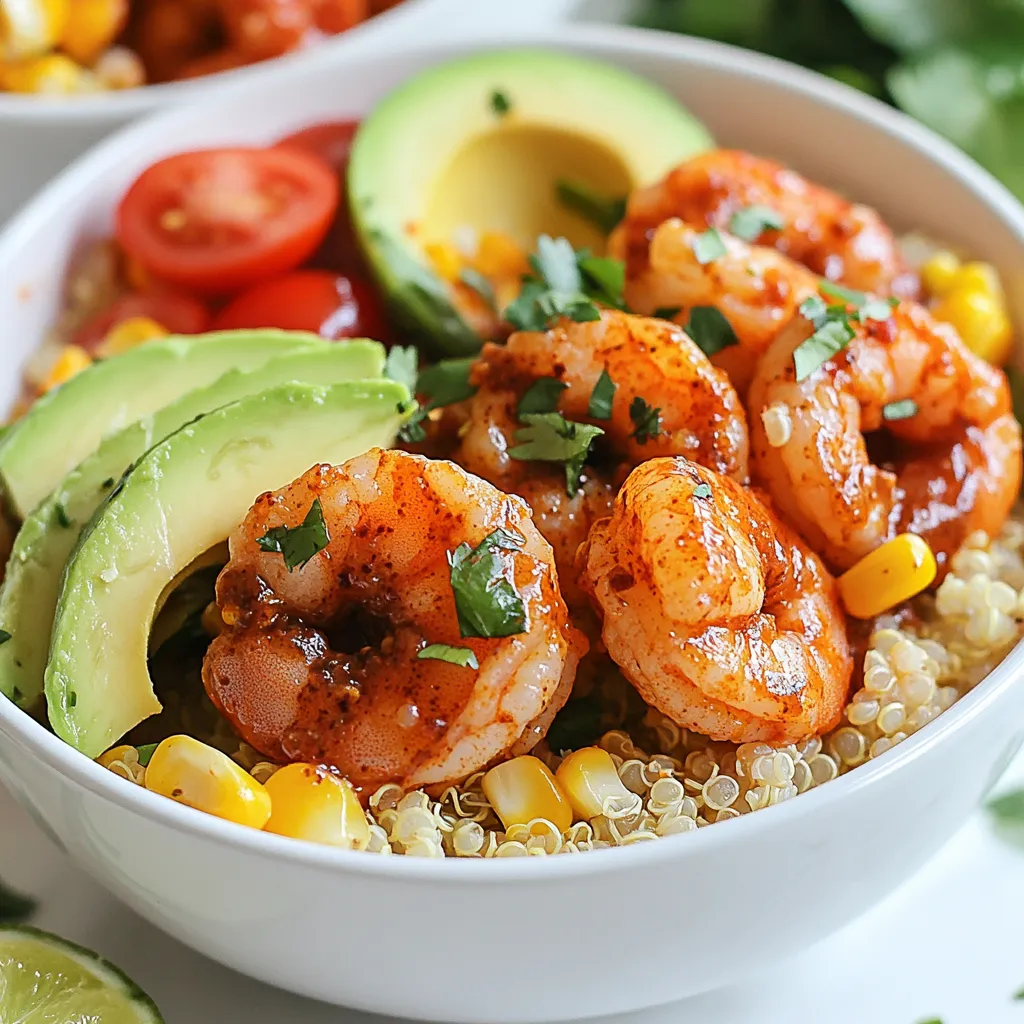 - 1 lb large shrimp, peeled and deveined - 2 tablespoons chipotle sauce - 1 tablespoon olive oil - Juice of 2 limes - 1 teaspoon honey - 1 teaspoon garlic powder - 1 teaspoon cumin - Salt and pepper - 1 cup quinoa, rinsed - 2 cups vegetable broth or water - 1 cup corn - 1 avocado - 1 cup cherry tomatoes - Fresh cilantro for garnish To make Chipotle Lime Shrimp Bowls, you need fresh ingredients. Start with 1 pound of large shrimp that are peeled and deveined. This shrimp will soak up the chipotle sauce and lime juice, giving it a great flavor. Next, grab 2 tablespoons of chipotle sauce. This adds a spicy kick to the dish. Adjust the amount based on your spice tolerance. You will also need 1 tablespoon of olive oil to help cook the shrimp and keep them moist. The juice of 2 limes is key. It brightens the dish and adds a zesty taste. A teaspoon of honey balances the spice and acidity, making the flavors pop. Incorporate 1 teaspoon of garlic powder and 1 teaspoon of cumin for depth and warmth. Don't forget salt and pepper to taste. These simple seasonings enhance all the flavors. For the base, use 1 cup of rinsed quinoa. It provides a nutty flavor and great texture. Use 2 cups of vegetable broth or water to cook the quinoa. This adds flavor to the grains. You will also need 1 cup of corn, either fresh or frozen, to add sweetness and crunch. An avocado sliced adds creaminess to the bowl. You will need 1 cup of halved cherry tomatoes for freshness and color. Finally, garnish with fresh cilantro for a pop of green and added flavor. With these ingredients, you will create a flavorful and fresh meal that is sure to impress! {{ingredient_image_1}} Start by mixing the shrimp with the chipotle sauce. Add olive oil, lime juice, honey, garlic powder, cumin, salt, and pepper. Toss the shrimp until they are covered well. Let the shrimp sit for at least 15 minutes. This step helps the flavors soak in and makes the shrimp taste great. While the shrimp marinates, it’s time to cook the quinoa. Rinse 1 cup of quinoa under cold water. In a saucepan, add the rinsed quinoa and 2 cups of vegetable broth or water. Bring it to a boil over high heat. Once boiling, lower the heat and cover the pot. Let it simmer for about 15 minutes. When done, all the liquid should be absorbed. Fluff the quinoa with a fork to keep it light. Now, heat a skillet over medium heat. Add the marinated shrimp to the skillet. Cook the shrimp for about 3 to 4 minutes on each side. You want them to turn pink and be fully cooked. Once the shrimp are done, remove them from the skillet. In the same skillet, add 1 cup of corn. Sauté the corn for 2 to 3 minutes until it is warm and tender. To make the bowls, start with a layer of quinoa at the bottom. Then, add the sautéed corn on top. Next, carefully place the cooked shrimp over the corn. Slice the avocado and add it to the bowl. Finally, sprinkle halved cherry tomatoes on top. You can garnish with fresh cilantro. Add an extra squeeze of lime juice if you want more flavor. Enjoy your meal! To make a great marinade, mix the chipotle sauce, lime juice, and honey. Add olive oil, garlic powder, cumin, salt, and pepper. Toss the shrimp well so every piece gets coated. Let the shrimp sit in the marinade for at least 15 minutes. This gives the flavors time to soak in. If you like it spicy, add more chipotle sauce. For less heat, use less sauce. When cooking shrimp, heat your skillet over medium heat. Cook the shrimp for 3-4 minutes on each side. You want them to turn pink and opaque. Avoid overcooking, as shrimp can get rubbery. If you see them curl up, they are likely done. Keep an eye on them; they cook fast. After cooking, let them rest for a minute to lock in moisture. Rinse your quinoa well before cooking. This removes a bitter coating called saponin. In a saucepan, use two cups of vegetable broth or water for every cup of quinoa. Bring it to a boil, then lower the heat. Cover and let it simmer for about 15 minutes. Once all the liquid is absorbed, fluff it with a fork. This makes your quinoa light and fluffy, perfect for your bowl. Pro Tips Marinate for Maximum Flavor: Allow the shrimp to marinate for at least 15 minutes but no more than 30 minutes to prevent the lime juice from "cooking" the shrimp. Perfectly Cooked Quinoa: Rinse the quinoa thoroughly before cooking to remove its natural coating, which can make it taste bitter. Fluff with a fork after cooking for the best texture. Adjusting Spice Levels: If you prefer a milder dish, reduce the chipotle sauce or add a dollop of sour cream or yogurt to balance the heat when serving. Fresh Ingredients Matter: Using fresh corn and ripe avocados enhances the overall flavor and texture of the dish. Look for bright-colored, firm avocados. {{image_2}} You can make your Chipotle Lime Shrimp Bowls even spicier. Just add more chipotle sauce. This will enhance the heat and flavor. You can also mix in chopped jalapeños. They add a fresh kick that many enjoy. If you like extra zest, try adding lime zest to the shrimp. This small change brings bright notes to each bite. If you prefer a veggie option, skip the shrimp. Instead, add black beans or chickpeas for protein. Toss in roasted bell peppers and zucchini for more flavor. Use the same marinade for your veggies to keep the taste bold. Top with avocado and cherry tomatoes for a fresh finish. These bowls will still feel hearty and satisfying. This recipe is naturally gluten-free! Quinoa is a great base that fits this diet. If you want more grain options, try brown rice or cauliflower rice. Both add a unique twist while keeping it gluten-free. Just make sure to check the chipotle sauce label. Some sauces may contain gluten, so always read the ingredients. You can enjoy this dish worry-free! To store leftovers, place the shrimp bowls in airtight containers. Make sure to cool them first. You can keep them in the fridge for up to three days. This keeps the shrimp and veggies fresh. If you have leftover quinoa, store it separately for the best taste. When you reheat, use a microwave or a skillet. If using a microwave, heat for one to two minutes. If you use a skillet, add a splash of water and cover it. Cook over low heat for about five minutes. This helps the shrimp stay juicy. You can freeze the shrimp bowls, but it’s best to freeze the shrimp and quinoa separately. Place them in freezer-safe bags or containers. They can last up to three months in the freezer. To use, thaw in the fridge overnight before reheating. This keeps the flavors fresh and bright. Yes, you can use frozen shrimp. Just remember to thaw them first. Place the shrimp in cold water for about 15-20 minutes. This helps them cook evenly. Frozen shrimp may need a bit more cooking time. Always check that they turn pink and opaque. If you want a swap for quinoa, try brown rice or couscous. Both options work well in this bowl. They have good textures and flavors. You can also use cauliflower rice for a low-carb choice. Just remember to adjust cooking times as needed. To change the spice level, you can add more or less chipotle sauce. Start with one tablespoon for mild heat. If you want it spicier, add more sauce. You can also mix in some fresh jalapeños or red pepper flakes for extra kick. Always taste as you go. Great side dishes include a simple salad or grilled veggies. You can serve black beans for added protein. Cornbread or tortilla chips also make nice sides. Pairing with a light salsa adds flavor, too. Many Mexican or Tex-Mex restaurants offer shrimp bowls. Look for places that focus on fresh ingredients. Some fast-casual spots may also have similar dishes. If you can't find them, ask for shrimp tacos. They often share similar flavors. In this post, we covered the key ingredients and steps for making flavorful Chipotle Lime Shrimp Bowls. You learned how to marinate shrimp, cook quinoa, and assemble your meal. Plus, we shared tips for perfecting your dish and offered tasty variations. Whether you follow the recipe as is or modify it, I hope you enjoy creating this dish. Now go ahead and bring some zest to your kitchen with these bright flavors!
