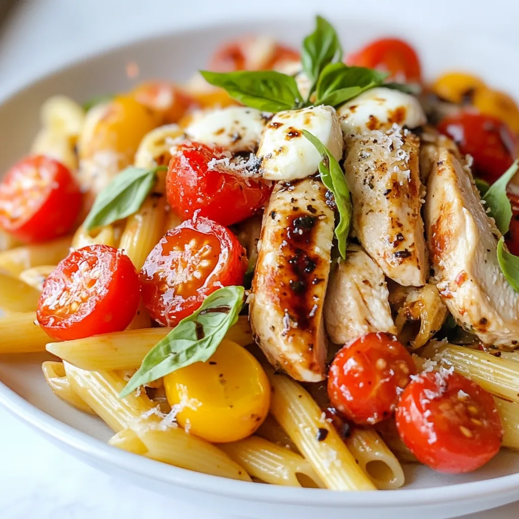 - 2 boneless, skinless chicken breasts - 8 oz. penne pasta - 2 cups cherry tomatoes, halved - ½ cup fresh basil, chopped - 3 cloves garlic, minced - ¼ cup balsamic vinegar - ¼ cup extra virgin olive oil - Salt and pepper to taste - ½ cup mozzarella cheese, shredded - Optional: Crushed red pepper flakes for added spice I love using fresh ingredients for this dish. The chicken breasts are the star. They provide protein and flavor. I choose boneless and skinless for easy cooking. Next, I pick penne pasta. It holds the sauce well and creates a nice texture. You can use other pasta types if you prefer. Just be sure to adjust the cooking time. Fresh vegetables are key. The cherry tomatoes add sweetness. I always halve them for a burst of flavor. The basil brings a garden-fresh taste to the dish. Don't skip the garlic! It adds depth and aroma. For the dressing, I mix balsamic vinegar and olive oil. This combination gives a tangy and rich taste. I season with salt and pepper to balance the flavors. Lastly, I love adding mozzarella cheese. It melts beautifully and adds creaminess. If you want some heat, consider crushed red pepper flakes. It’s a fun twist! {{ingredient_image_1}} To start, season the chicken breasts well. Use salt, pepper, and minced garlic. This adds flavor right from the start. Heat a tablespoon of olive oil in a skillet over medium heat. Cook the chicken for about 6-7 minutes on each side until it's fully cooked. To check, use a meat thermometer; it should read 165°F. Once done, remove the chicken from the skillet. Let it rest for a few minutes before slicing it into strips. This helps keep it juicy. While your chicken cooks, boil a large pot of salted water. The salt enhances the pasta's taste. Add 8 oz. of penne pasta and cook it based on package instructions. Aim for al dente, which means it should be firm to the bite. Remember to reserve ½ cup of pasta water before draining the rest. This starchy water is key for binding everything together later. Next, let’s make the bruschetta topping. In a bowl, mix 2 cups of halved cherry tomatoes, ½ cup of chopped basil, and 3 cloves of minced garlic. Add ¼ cup of balsamic vinegar and ¼ cup of extra virgin olive oil. Season with salt and pepper to taste. Mix well and let it sit for about 10 minutes. This resting time helps the flavors meld together beautifully. After preparing the chicken, pasta, and bruschetta topping, it’s time to combine them. In the same skillet used for the chicken, add the drained pasta and bruschetta mixture. Don’t forget the reserved pasta water! Toss everything together over medium heat for about 2-3 minutes. This ensures that all flavors mix well. The pasta should be coated nicely, making each bite delicious. Now for the final touches. Add the sliced chicken on top of the pasta. Sprinkle ½ cup of shredded mozzarella cheese over everything. Cover the skillet and let it sit for 2 minutes. This allows the cheese to melt slightly, creating a creamy texture. For plating, carefully serve the bruschetta chicken pasta. You can garnish it with extra basil and a drizzle of balsamic glaze for a lovely finish. To keep your chicken juicy, start by seasoning it well. Use salt, pepper, and minced garlic for great flavor. Cook the chicken in a hot skillet with olive oil. Aim for 6-7 minutes on each side. This method gives you a nice, golden crust. You can also grill or bake the chicken if you prefer. Grilling adds a smoky taste. Baking can make it very tender. Just make sure to cook the chicken until it’s no longer pink inside. To avoid overcooking, keep an eye on the timer. Follow the package instructions and check your pasta a minute early. It should be al dente, which means firm to the bite. This texture holds up better in your dish. If you have leftover pasta, use it in salads or as a side dish. Toss it with some olive oil and veggies for a quick meal. To boost flavors, consider adding diced red onion or a squeeze of lemon. These ingredients add brightness to the dish. You can also try mixing in some olives or feta cheese for a twist. Letting the bruschetta mixture rest for about 10 minutes is key. This time allows the flavors to blend well together. The longer you let it sit, the more intense the taste will be. Pro Tips Perfect Chicken Cooking: Ensure the chicken is cooked to an internal temperature of 165°F (75°C) for safety and juiciness. Al Dente Pasta: Cook the pasta just until al dente, as it will continue to cook slightly when mixed with the other ingredients. Flavorful Bruschetta: Let the bruschetta mixture sit for at least 10 minutes to enhance the flavors before adding it to the pasta. Melting Mozzarella: Cover the skillet after adding mozzarella to trap heat and ensure a perfect melt without overcooking the dish. {{image_2}} You can switch up the pasta shape based on your mood. Penne works great, but you can try spaghetti or fusilli. Whole grain pasta is a healthy choice. It adds fiber and taste. If you want a vegetarian option, swap the chicken for chickpeas or lentils. They are hearty and soak up flavors well. Grilled eggplant or zucchini also makes a tasty addition. To add some zing, try different spices like oregano or thyme. A pinch of crushed red pepper flakes gives a nice kick. You can also mix in fresh herbs like parsley or dill for a new taste. Incorporate other vegetables too. Bell peppers or spinach can add color and nutrition. Roasted vegetables can deepen the flavors and make the dish more interesting. Pair this dish with a fresh salad or garlic bread for a complete meal. A cool drink like lemonade or iced tea complements the flavors nicely. When plating, make it eye-catching! Use a large bowl and layer the pasta high. Top it with fresh basil and a drizzle of balsamic glaze. This adds a pop of color and makes it look fancy. To keep your bruschetta chicken pasta fresh, store leftovers in the fridge. Use an airtight container to prevent moisture loss. Make sure to let the pasta cool before sealing. This helps maintain the flavors. You can keep it for 3 to 4 days. When ready to eat, just reheat it gently on the stove or in the microwave. Freezing bruschetta chicken pasta is easy. First, let the dish cool completely. Then, place it in a freezer-safe container or bag. Remove as much air as possible to avoid freezer burn. This dish can last up to 3 months in the freezer. When you want to enjoy it again, move it to the fridge overnight to thaw. If you're in a hurry, you can thaw it in the microwave. Reheat it on low heat on the stove to keep the chicken and pasta tender. Add a splash of water or olive oil if it seems dry. Enjoy your delicious meal! What can I use instead of chicken? You can use turkey, shrimp, or tofu as chicken substitutes. Each option brings a unique flavor. For a vegetarian dish, use mushrooms or chickpeas for protein. How long does bruschetta chicken pasta last? This pasta dish lasts about three to four days in the fridge. Store it in an airtight container to keep it fresh. Can I make this dish ahead of time? Yes, you can prepare the bruschetta topping and cook the pasta ahead. Just combine them before serving for the best taste. Is it possible to make bruschetta chicken pasta without cheese? Absolutely! You can skip the cheese for a lighter dish. Use extra herbs or a sprinkle of nuts for added flavor. What can I serve with bruschetta chicken pasta? Pair this dish with a fresh green salad or garlic bread. A light white wine also complements the flavors well. This blog post covered how to make bruschetta chicken pasta. We discussed the key ingredients like chicken, pasta, and fresh herbs. I shared steps for cooking chicken and pasta to enhance flavor. Tips for making the perfect bruschetta topping and combining it all were included. In the end, cooking can be fun and simple. Use the tips to create your own delicious dish, and don’t be afraid to experiment with ingredients. Enjoy every bite!