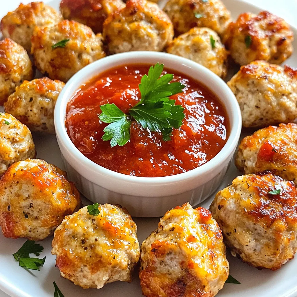 For these flavorful meatballs, you need simple, tasty items. Here’s what to gather: - 1 lb ground chicken - 1 cup breadcrumbs - ½ cup grated parmesan cheese - ¼ cup finely chopped parsley - ½ teaspoon garlic powder - ½ teaspoon onion powder - 1 teaspoon Italian seasoning - ½ teaspoon salt - ¼ teaspoon black pepper - 1 large egg - 2 tablespoons olive oil - ½ cup marinara sauce (for dipping) These ingredients come together to make a dish kids will love! Want to make these meatballs even better? Try these add-ins: - ¼ cup finely chopped bell peppers for crunch - ¼ cup grated carrots for sweetness - ¼ teaspoon red pepper flakes for a little heat These options can help you customize the flavor to please your kids. Sometimes, you may need to swap out ingredients. Here are some easy substitutes: - Instead of ground chicken, use ground turkey for a leaner option. - If you don’t have breadcrumbs, crushed crackers or oats work well. - For dairy-free diets, try nutritional yeast instead of parmesan cheese. These swaps keep the dish kid-friendly while making it work for your pantry! {{ingredient_image_1}} To start, grab a large mixing bowl. Add 1 pound of ground chicken to the bowl. Next, add 1 cup of breadcrumbs. This helps bind the meatballs. Then, sprinkle in ½ cup of grated parmesan cheese for flavor. Chop ¼ cup of parsley finely and add it in. Now, add ½ teaspoon of garlic powder and ½ teaspoon of onion powder. These spices add a nice taste. Then, include 1 teaspoon of Italian seasoning, ½ teaspoon of salt, and ¼ teaspoon of black pepper. Finally, crack in 1 large egg. Mix everything well with your hands or a spoon. Ensure all ingredients are combined. With the mixture ready, it’s time to shape the meatballs. Take a small amount of the mixture and roll it into a ball about 1 inch wide. You should make around 20 meatballs. Once shaped, heat 2 tablespoons of olive oil in a large skillet over medium heat. When the oil is hot, place the meatballs in the skillet. Don't overcrowd them; it’s best to cook them in batches. Cook for about 5 to 7 minutes on each side. Look for a golden-brown color and ensure they reach an internal temperature of 165°F. Once cooked, remove them from the skillet and let them rest on a paper towel-lined plate. Serving these meatballs is simple and fun! Place them on a colorful plate. Add a small bowl of marinara sauce for dipping. Kids love to dip their food! You can also sprinkle some fresh parsley on top for a nice look. These meatballs go great with pasta, rice, or even a fresh salad. You can make a whole meal out of them or serve them as snacks. Enjoy! To make meatballs kid-friendly, keep the flavors simple. Avoid strong spices that kids might not like. Use ingredients like breadcrumbs and parmesan cheese to add a nice texture. You can even let your kids help mix the meatballs. They will enjoy the process and feel proud of their creation. Shape small meatballs, about one inch wide. Small sizes are easier for little hands to manage. Cooking meatballs well is key to getting them just right. Start by heating olive oil in a skillet over medium heat. This gives the meatballs a nice golden color. Cook them in batches to avoid crowding. If they are too close, they may not cook evenly. Each batch should take about five to seven minutes per side. Use a meat thermometer to check if they reach 165°F inside. This ensures they are safe to eat. To enhance flavor, use mild herbs and spices. Italian seasoning brings warmth without being too strong. Garlic powder and onion powder add taste but not too much kick. Fresh parsley gives a bright touch and makes the meatballs look nice. If your kids like a little heat, add a pinch of red pepper flakes in your mix. Just a bit will give flavor without being overwhelming. Always serve with marinara sauce for dipping. It adds fun and flavor! Pro Tips Use Fresh Herbs: Fresh parsley adds a vibrant flavor compared to dried herbs. If available, consider using fresh herbs for a better taste. Don’t Overmix: Overmixing the meatball mixture can lead to tough meatballs. Mix just until combined for a tender result. Check Temperature: Use a meat thermometer to ensure your meatballs are fully cooked. They should reach an internal temperature of 165°F. Batch Cooking: These meatballs freeze well. Cook a double batch and freeze half for a quick meal later! {{image_2}} You can add some spice to these meatballs for adults. Try adding crushed red pepper for heat. A teaspoon works well. You can also mix in smoked paprika for a nice, smoky flavor. This gives the dish a deeper taste. Don’t forget cayenne pepper if you want more kick. Just a pinch goes a long way! Sauces make meals fun! For kids, serve these meatballs with marinara sauce. It’s sweet and tasty. You can also try honey mustard for a different twist. Another favorite is BBQ sauce. Kids love the sweet and tangy flavor. Ground chicken is great for more than meatballs. You can make tasty tacos using the same mixture. Just add taco seasoning and serve with tortillas. Ground chicken also works for burgers. Just form patties instead of meatballs. Grill or pan-fry them until golden brown. This adds variety to your meals while keeping things kid-friendly! To store leftover meatballs, first let them cool down. Place them in an airtight container. You can keep them in the fridge for up to three days. If you want to save them longer, freezing is a great option. When reheating meatballs, you want them to stay moist. The best way is to use the oven. Preheat it to 350°F. Place the meatballs on a baking sheet and cover them with foil. Heat for about 15 minutes. You can also use the microwave. Just put a few on a plate and cover with a damp paper towel. Heat for 1-2 minutes. To freeze meatballs, first, cool them completely. Arrange them on a baking sheet and freeze for about one hour. This step prevents them from sticking together. Once frozen, transfer them to a freezer bag. Label the bag and store for up to three months. When ready to eat, thaw in the fridge overnight before reheating. Yes, you can use ground turkey in this recipe. Turkey is lean and works well. The flavor will be slightly different but still tasty. Both meats cook in a similar way, so no changes are needed in the cooking steps. Several sides go great with these meatballs. Here are some ideas: - Spaghetti: A classic choice. - Steamed veggies: Broccoli or carrots add great color. - Mashed potatoes: Creamy and filling. - Rice: White or brown rice complements the meatballs nicely. - Salad: A fresh side can balance the meal. To make these meatballs gluten-free, simply use gluten-free breadcrumbs. Many brands are available in stores. You can also make your own from gluten-free bread. Just toast it, then blend it to crumbs. The rest of the recipe stays the same. Enjoy your gluten-free meatballs! This article covered how to make kid-approved ground chicken meatballs. I shared main ingredients, optional add-ins, and substitutes. You learned step-by-step instructions for preparation, shaping, and cooking. We discussed tips to make meatballs kid-friendly and enhancing flavor. Variations included different spices and alternative dishes like tacos. In the end, these meatballs can be a fun meal. Enjoy mixing flavors while serving your family tasty dishes.