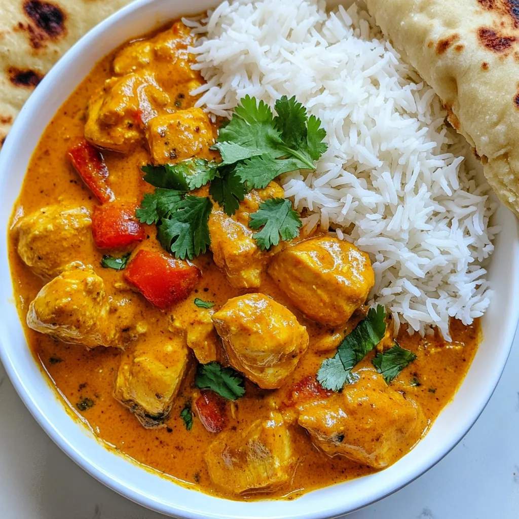 For this curry, you need 1.5 lbs of chicken. Cut the chicken into bite-sized pieces. You can use thighs or breasts. Thighs add more flavor, while breasts are leaner. Choose what you like best! Spices create the magic in this dish. You will need: - 2 teaspoons ground cumin - 2 teaspoons ground coriander - 1 teaspoon turmeric powder - 1 teaspoon garam masala - 1 teaspoon red chili powder (adjust to taste) - Salt to taste These spices build layers of flavor. Each spice has a unique taste and aroma. Adjust the red chili powder to suit your spice level! Onions, garlic, and ginger form the base of the curry. You will need: - 1 large onion, finely chopped - 4 cloves garlic, minced - 1 tablespoon ginger paste These ingredients add depth and warmth. The onion should turn golden brown for the best flavor. Other key ingredients include: - 2 tablespoons vegetable oil - 2 medium tomatoes, pureed - ½ cup plain yogurt - 1 cup water - Fresh cilantro for garnish The yogurt adds creaminess and richness. The cilantro gives a fresh touch at the end. {{ingredient_image_1}} To start, heat 2 tablespoons of vegetable oil in a large pot. Set the heat to medium. Add 1 large chopped onion. Cook until the onion turns golden brown. This step gives the curry a rich flavor. Next, stir in 4 cloves of minced garlic and 1 tablespoon of ginger paste. Cook for about 1 minute. You want to smell the garlic and ginger. Now, pour in 2 medium pureed tomatoes. Cook this mixture until the oil starts to separate. This takes about 5 to 7 minutes. Stir occasionally to avoid burning. After that, add ½ cup of plain yogurt. Mix well until it blends into the tomato base. Then, it's time to season. Add 2 teaspoons of ground cumin, 2 teaspoons of ground coriander, 1 teaspoon of turmeric, 1 teaspoon of garam masala, and 1 teaspoon of red chili powder. Also, add salt to taste. Cook for another 3 to 4 minutes while stirring. This allows the spices to bloom and fill your kitchen with amazing aromas. Now, add 1.5 pounds of chicken, cut into pieces. Stir well to coat each piece with the spice mix. This is where the chicken starts to absorb all those flavors. After the chicken is coated, pour in 1 cup of water. Bring this mixture to a boil. Once it boils, lower the heat. Cover the pot and let it simmer for 25 to 30 minutes. The chicken will cook through and become tender. Use a fork to check if it's done. It should be easy to pull apart. After cooking, taste the curry. Adjust the seasoning if needed. If you want more heat, add a bit more red chili powder. If it’s too spicy, you can add a little more yogurt to balance it out. Finally, garnish your curry with fresh cilantro. This adds a pop of color and freshness. Serve it hot in a bowl. Pair it with warm naan or steamed basmati rice for a complete meal. Enjoy your homemade authentic Indian chicken curry! To get the true taste of Indian chicken curry, focus on fresh spices. Use whole spices when you can. Toast them in the oil to release their oils and aroma. This step makes a big difference. Don't rush this part! Also, try to use fresh ginger and garlic. These add depth to your dish. The combination of cumin, coriander, and garam masala gives a warm and rich taste. Adjust the red chili powder to your liking. For tender chicken, start with high heat to seal in the juices. When you add the chicken, brown it lightly. This step adds flavor. After that, lower the heat and let it simmer. Cooking slowly helps the chicken absorb the spices. Make sure to check the chicken's doneness. It should be cooked through but not dry. A good tip is to let it rest for a few minutes after cooking. This helps the juices redistribute. Serve your chicken curry in a bowl. Garnish it with fresh cilantro for a burst of color. Pair it with warm naan or steamed basmati rice. These sides help balance the spice. You can also add a side of yogurt or raita to cool things down. Enjoy your meal with friends and family for a true taste of India! Pro Tips Marinate for Flavor: Consider marinating the chicken with yogurt and spices for at least an hour or overnight. This enhances the flavor and tenderness of the meat. Adjust Heat Level: The red chili powder can be adjusted based on your heat preference. Start with less and add more to achieve your desired spice level. Fresh Herbs Matter: Always use fresh cilantro for garnish. It adds a vibrant flavor and brightens the overall dish. Perfect Pairings: Serve the curry with warm naan or steamed basmati rice to soak up the delicious sauce and round out the meal. {{image_2}} You can easily make a tasty vegetarian version of this curry. Replace the chicken with chickpeas or paneer. Both options soak up flavors well. Use the same spices for a rich taste. Cook them just like the chicken. If you use vegetables, add them early so they cook through. Try cauliflower, potatoes, or bell peppers for a nice mix. Want more heat? Adjust the chili powder in the recipe. Begin with one teaspoon and taste as you go. Add more if you like it spicy. You can also add fresh green chilies for extra flavor. Slice them and toss them in with the garlic and ginger. This adds depth and heat to the dish. Remember, you can always add, but you can’t take away! Indian chicken curry varies by region. Each area has its own twist. For example, in Punjab, you might find cream and butter added. This gives a rich taste and smooth texture. In South India, coconut milk is common, making it creamy and sweet. Each region uses local spices, so feel free to experiment. Discovering these flavors adds fun to your cooking journey. After enjoying your chicken curry, let it cool. Store it in an airtight container. Place it in the fridge for up to 3 days. This keeps the flavors fresh. Make sure to label the container with the date. To freeze, first let the curry cool completely. Then, transfer it to a freezer-safe container. It can last up to 3 months in the freezer. For best results, divide portions into smaller containers. This makes it easy to thaw just what you need. For reheating, you can use the stove or microwave. If using the stove, place the curry in a pot. Add a splash of water to keep it moist. Heat it on medium until it is hot. If using the microwave, cover the bowl and heat in short bursts. Stir in between to ensure even heating. Always check the temperature before serving. Enjoy the flavors again! The best cut of chicken for curry is bone-in, skin-on pieces. This includes thighs and drumsticks. These cuts stay juicy and tender during cooking. They also add rich flavor to the dish. If you prefer lean meat, you can use chicken breasts. However, they may dry out if overcooked. Yes, you can make this curry ahead of time. In fact, it often tastes better the next day. The flavors blend and deepen after resting. Just let it cool, then store it in an airtight container. Keep it in the fridge for up to four days. You can also freeze it for up to three months. Thaw in the fridge before reheating. To reduce the spiciness of the curry, you can adjust the red chili powder. Start with half the amount and taste as you cook. Adding extra yogurt can also help cool the heat. You may mix in coconut milk for a creamier texture and less spice. Finally, serve the curry with rice or naan to balance the flavors. You learned how to make a delicious chicken curry with simple ingredients. We discussed the key components, from chicken to spices, and how to prepare them. Following step-by-step instructions helps you cook the chicken perfectly. Remember the tips for flavor, tenderness, and the many ways to adjust the dish. Whether you store it for later or try variations, you'll enjoy a tasty meal. Cooking can be fun, and sharing this dish makes it even better. Enjoy your curry journey!