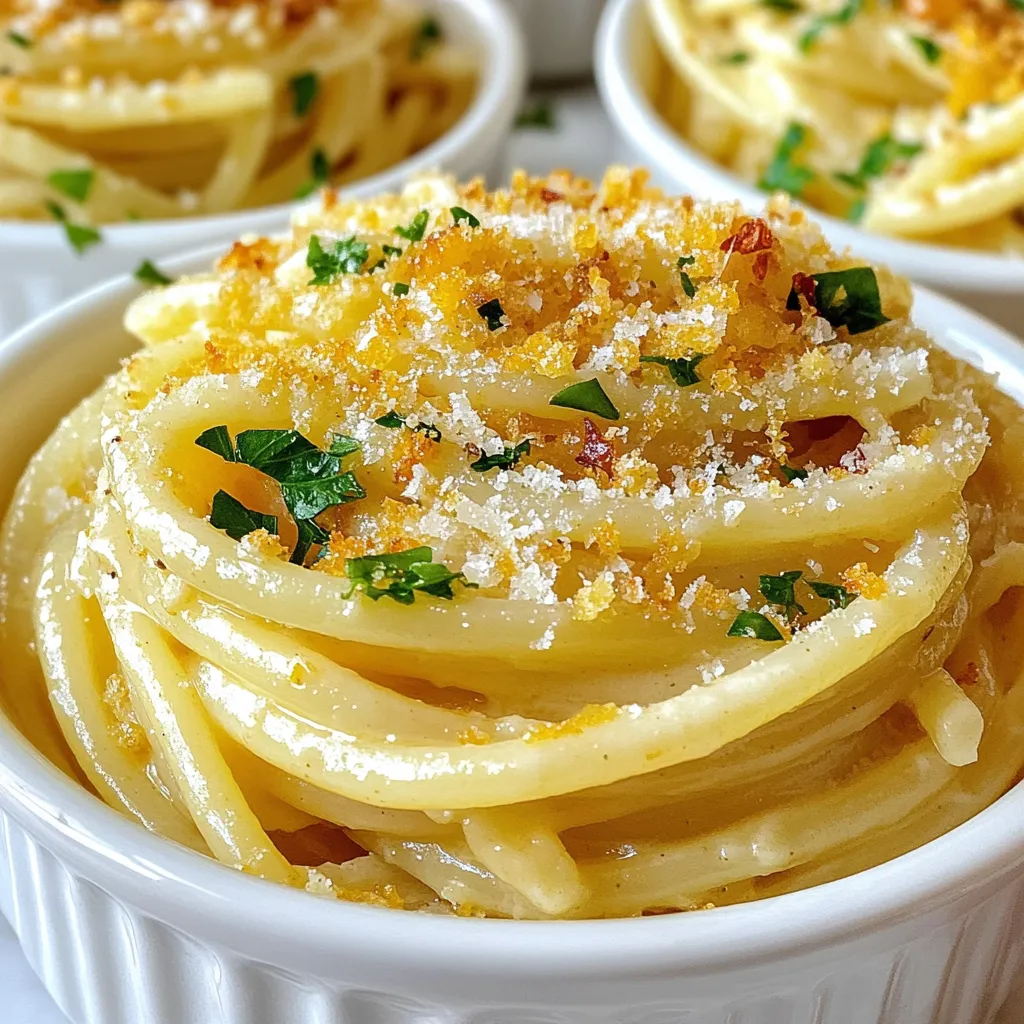- 12 oz spaghetti or bucatini pasta - 4 tablespoons unsalted butter - 3 cloves garlic, minced - ½ teaspoon red pepper flakes (adjust to taste) - 1 cup heavy cream - 1 cup grated Parmesan cheese - Zest of 1 lemon - 1 tablespoon lemon juice - Salt and black pepper to taste - Fresh parsley, chopped (for garnish) - Optional: ¼ cup crispy fried shallots for topping The ingredients in this dish create a rich flavor that feels like a warm hug. The pasta is the base, giving you that comforting feel. You can use spaghetti or bucatini; both work well. The unsalted butter and garlic add depth. You can adjust the red pepper flakes to fit your spice level. Cream makes the dish silky. Parmesan brings in a savory note, while lemon zest and juice brighten everything up. Salt and black pepper season the dish. Fresh parsley adds color and freshness. If you want a crunchy twist, add crispy fried shallots. These ingredients blend together for a meal that warms your heart and fills your belly. {{ingredient_image_1}} To start cooking the pasta, bring a large pot of salted water to a boil. This step is key for flavor. Add 12 oz of spaghetti or bucatini. Cook it according to the package instructions until it is al dente, which usually takes about 8 to 10 minutes. Once the pasta is ready, you need to reserve some water. Use a measuring cup to take out 1 cup of pasta water before draining the rest. This water has starch that helps thicken the sauce later. After reserving the water, drain the pasta and set it aside. Next, it's time to prepare the sauce. In a large skillet over medium heat, melt 4 tablespoons of unsalted butter. Be careful not to burn it. Once the butter melts, add 3 cloves of minced garlic and ½ teaspoon of red pepper flakes. Sauté these together for about 1 to 2 minutes. You want the garlic to be fragrant but not browned. Then, pour in 1 cup of heavy cream. Stir this to combine well. Let the mixture simmer gently for about 3 to 5 minutes. This softens the flavors and helps thicken the sauce. Now, it’s time to bring it all together. Gradually whisk in 1 cup of grated Parmesan cheese until it melts and becomes smooth. Don’t forget to add the zest of 1 lemon and 1 tablespoon of lemon juice. This gives the dish a fresh kick. Season the sauce with salt and black pepper to taste. Finally, add the cooked pasta to the skillet with the sauce. If your sauce is too thick, gradually stir in some of the reserved pasta water until it reaches your desired consistency. Toss everything well to coat the pasta evenly in the creamy sauce. Enjoy your flavorful comfort dish! - Adjusting Spice Levels Start with half a teaspoon of red pepper flakes. If you crave more heat, add more. Taste often while cooking to get your perfect spice level. Remember, you can always add more, but you can't take it out! - Choosing the Right Pasta Spaghetti and bucatini are great choices. Bucatini has a hole in the middle, making it unique. This helps sauce cling better. Use what you like best; both will taste amazing! - Avoiding Overcooked Garlic Sauté garlic until it’s fragrant, about one to two minutes. Brown garlic can taste bitter. Keep your heat on medium, and watch it closely. You want that perfect golden color! - Ensuring Creamy Consistency When you add heavy cream, stir well. Let the sauce simmer gently for three to five minutes. This thickens it nicely. If your sauce is too thick, add some reserved pasta water until it’s just right. - Garnishing with Parsley Fresh parsley adds color and a hint of freshness. Chop it finely and sprinkle it over your pasta. This simple touch makes your dish look just like a restaurant meal! - Serving Suggestions Serve your pasta in warm bowls. For extra crunch, top with crispy fried shallots. This adds a fun texture that pairs well with the creamy sauce. Enjoy your beautiful dish! Pro Tips Use Fresh Ingredients: Always choose fresh garlic and high-quality Parmesan cheese for the best flavor in your sauce. Adjust the Spice Level: Feel free to modify the amount of red pepper flakes according to your heat preference; you can start with less and add more as needed. Reserve Pasta Water: Don’t forget to reserve pasta water before draining; it’s a great way to adjust the sauce consistency without losing flavor. Garnish Creatively: Adding crispy fried shallots not only enhances the texture but also adds an extra layer of flavor to the dish. {{image_2}} You can easily add protein to your spicy copycat Carbone pasta. - Chicken or Shrimp: Grilled chicken or sautéed shrimp work well. Cook them separately and mix them in with the pasta. This adds flavor and makes the dish heartier. - Vegetarian Options: For a meat-free meal, try adding chickpeas or tofu. They soak up the sauce and give you a nice texture. Adding more flavors can elevate your dish even further. - Adding Vegetables: Spinach or mushrooms are great choices. Sauté spinach until wilted or add mushrooms for a savory taste. Toss them in right before you mix in the pasta. - Experimenting with Different Cheeses: Swap Parmesan for Pecorino Romano or add mozzarella. Each cheese brings a different taste and texture to the dish. Feel free to change up the sauce to suit your taste. - Tomato-Based Variants: You can make a tomato sauce with crushed tomatoes, garlic, and herbs. This gives a fresh twist and can balance the spice. - No-Cream Versions: If you want a lighter dish, skip the cream. Use olive oil and vegetable broth instead. This keeps the pasta flavorful while cutting down on richness. To keep your Spicy Copycat Carbone Pasta fresh, store it in the fridge. Place it in an airtight container. It will stay good for about three days. For best taste, eat it sooner rather than later. Use glass or plastic containers with tight lids. They help prevent air from getting in. This keeps your pasta creamy and flavorful. When you're ready to eat, you can quickly reheat the pasta. The microwave works well for this. Just place the pasta in a bowl and cover it. Heat for one to two minutes. Stir halfway to warm it evenly. To keep the sauce creamy, add a splash of milk or extra cream while reheating. This will help revive that rich flavor. If it looks dry, add a little reserved pasta water too. You can freeze Spicy Copycat Carbone Pasta if you have leftovers. Place it in a freezer-safe container. Make sure it’s sealed well to avoid freezer burn. It can last for up to three months in the freezer. Cool the pasta completely before freezing. This helps to keep the texture nice. Label your container with the date, so you remember when you froze it. To thaw, move the pasta to the fridge overnight. When ready to eat, reheat it using the microwave or on the stove. Add a bit of cream to help with the sauce. Stir well to mix everything before serving. Spicy Copycat Carbone Pasta is a creamy, spicy dish that warms the heart. It uses spaghetti or bucatini, butter, garlic, red pepper flakes, heavy cream, and Parmesan cheese. The result is a rich pasta that is both comforting and exciting. This recipe is inspired by a famous restaurant dish. It brings the taste of fine dining into your kitchen. Yes, you can make this recipe ahead of time. To prepare, cook the pasta and sauce as directed. Let them cool before storing. Use an airtight container for best results. You can store the pasta and sauce separately to keep the texture nice. If you need a substitute for heavy cream, you can use several options. Whole milk with butter is a good choice. You can mix ¾ cup of milk with ¼ cup of melted butter. For a non-dairy option, try coconut milk or cashew cream. Each option will change the flavor a bit. Adjust the seasoning to keep it tasty. This blog post covered the key ingredients, step-by-step instructions, and expert tips for making Spicy Copycat Carbone Pasta. You learned how to create a rich, creamy sauce and the importance of using the right spices. I shared variations for adding protein or vegetables and provided storage tips for leftovers. In conclusion, cooking this dish at home is fun and easy. With practice, you can impress yourself and others with a delicious meal. Enjoy exploring the flavors and making it your own!