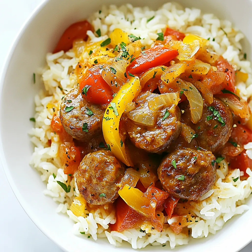 - 1 lb Italian sausage (mild or spicy, your choice), casings removed - 2 cups long-grain rice - 1 medium onion, diced - 3 cloves garlic, minced - 1 bell pepper (any color), diced - 1 can (14.5 oz) diced tomatoes with chili - 4 cups chicken broth The main ingredients create a balanced dish. The Italian sausage adds rich flavor and protein. The long-grain rice absorbs all the tasty juices. Diced onion, garlic, and bell pepper bring color and sweetness. Diced tomatoes with chili add a nice kick. Chicken broth ties everything together with a savory base. - 1 teaspoon paprika - 1 teaspoon dried oregano - Salt and pepper to taste - Fresh parsley, chopped (for garnish) Seasoning makes your dish shine. Paprika gives a warm color and smoky taste. Dried oregano adds a herby note. Salt and pepper enhance all the flavors. Fresh parsley is the final touch. It adds brightness and makes your meal look beautiful. {{ingredient_image_1}} First, take your large pot or Dutch oven and heat it over medium-high heat. Add the Italian sausage, making sure to remove the casings. Cook it for about 5 to 7 minutes. Use a spoon to break the sausage into small pieces. Cook until it turns brown and no pink remains. Next, add the diced onion, minced garlic, and diced bell pepper to the pot. Sauté these for about 3 to 4 minutes. You want the vegetables to soften and smell great. Stir them often to avoid burning. Now, it’s time to add the rice. Stir it in and toast it for about 2 minutes. Keep stirring to prevent it from burning. Then, pour in the can of diced tomatoes and the chicken broth. Add the paprika, oregano, and season with salt and pepper. Stir everything well to mix. Bring the pot to a boil, then lower the heat and cover it. Let it simmer for 20 to 25 minutes. Check the rice to see if it has absorbed the liquid. Once done, fluff the rice with a fork. Serve hot and garnish with fresh parsley for a nice touch. Pick the sausage that fits your taste. You can choose mild for a gentle flavor. Spicy sausage adds a kick if you like heat. Experiment to find your favorite mix. To avoid mushy rice, rinse it well before cooking. This step removes excess starch. Toast the rice in the pot with the sausage and veggies. It helps to add a nice flavor and keeps the rice firm. Follow the cooking times closely. Simmer until the liquid is gone, then fluff it with a fork. Add spices for extra depth. Consider a pinch of cayenne for heat or smoked paprika for a rich taste. Fresh herbs like basil or thyme can brighten the dish. A squeeze of lemon juice before serving adds a fresh touch. Keep experimenting to make it your own! Pro Tips Use Quality Sausages: Choose high-quality Italian sausage for the best flavor. Fresh sausage can add a nice touch to the dish. Toast the Rice: Toasting the rice for a couple of minutes before adding the liquid enhances its nutty flavor and improves the overall dish. Adjust the Spice Level: Feel free to adjust the spice by using spicy sausage or adding extra chili powder if you like it hot. Let it Rest: After cooking, let the dish sit covered for a few minutes before serving. This allows the flavors to meld and the rice to firm up. {{image_2}} You can use many kinds of sausage in this dish. Italian sausage is a classic choice. You can pick mild or spicy, depending on your taste. If you want something different, try chorizo. It adds a smoky flavor. Chicken sausage is another great option if you want leaner meat. For a plant-based meal, use vegan sausage. It gives you the same taste without meat. Adding vegetables can make this dish even better. Fresh or frozen veggies work well. Use bell peppers, zucchini, or spinach. You can also add peas or corn for sweetness. If you have seasonal vegetables, throw them in for added flavor. Just chop them small so they cook evenly. Mixing in veggies boosts nutrition and color. To make this dish even tastier, think about flavor upgrades. Adding cheese can give a creamy touch. Cheddar or mozzarella melts well into the rice. A dash of hot sauce can spice things up if you like heat. You can also sprinkle in fresh herbs like basil or thyme for a fresh taste. These simple additions can elevate your meal from good to great! To keep your one-pot sausage and rice fresh, store leftovers in a sealed container. Place the container in the fridge within two hours of cooking. This helps keep bacteria away. You can also freeze leftovers. Use freezer-safe bags or containers. Remove as much air as possible to prevent freezer burn. When it’s time to eat again, reheat the dish on the stove or in the microwave. If using the stove, add a splash of chicken broth. This keeps the rice moist. Heat over low heat, stirring often. In the microwave, cover the bowl with a lid or wrap. Heat in short bursts, stirring in between. This prevents hot spots. In the fridge, your one-pot sausage and rice lasts about three to four days. If you freeze it, it stays good for about two to three months. Always check for signs of spoilage before eating. Look for off smells or changes in texture. If it seems off, toss it out. Yes, you can use brown rice. Brown rice takes longer to cook. You should add extra water and increase the cooking time by about 10 minutes. This way, the rice will cook well with the sausage and other flavors. To make this dish vegetarian, swap the sausage for a plant-based option. You can use veggie sausage or mushrooms for a hearty texture. Also, use vegetable broth instead of chicken broth. This keeps the flavors rich and satisfying. You can serve this dish with many sides. Here are some great options: - A fresh garden salad with vinaigrette - Steamed broccoli or green beans - Corn on the cob seasoned with butter - Garlic bread to soak up the flavors - A simple coleslaw for crunch These sides will add color and texture to your meal. Enjoy your feast! You now have a clear guide to make One Pot Sausage and Rice. We covered main ingredients, step-by-step cooking, and tips for great flavor. You can switch things up with different sausages or add veggies based on your taste. Storing leftovers is simple, and reheating keeps the dish tasty. Don't hesitate to try variations that suit your diet. Enjoy making this meal and share it with friends or family. It's a perfect blend of flavor and ease. Your kitchen will soon be the place everyone wants to be!
