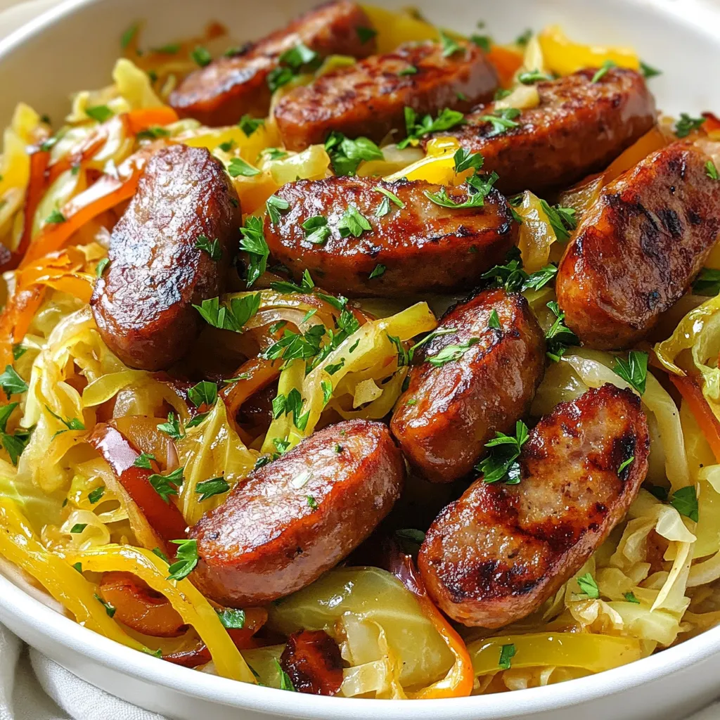 Here’s what you need for a tasty sausage and cabbage stir fry: - 1 pound smoked sausage, sliced (like kielbasa or andouille) - 4 cups green cabbage, thinly shredded - 1 bell pepper, sliced (any color) - 1 medium onion, sliced - 2 cloves garlic, minced - 2 tablespoons soy sauce - 1 tablespoon olive oil - 1 teaspoon smoked paprika - ½ teaspoon black pepper - ¼ teaspoon red pepper flakes (optional for heat) - Fresh parsley, chopped for garnish Each ingredient plays a key role. The smoked sausage gives a rich flavor. Cabbage adds texture and nutrition. Bell peppers bring color and sweetness. Onions and garlic add depth. Soy sauce ties it all together with saltiness, while smoked paprika gives a hint of smokiness. Black pepper and red pepper flakes add warmth. Finally, parsley brightens the dish. Gather these ingredients to create a satisfying meal in just 25 minutes. {{ingredient_image_1}} 1. Heating the skillet Start by heating 1 tablespoon of olive oil in a large skillet over medium-high heat. This will help your sausage brown nicely. 2. Browning the sausage Slice 1 pound of smoked sausage. Add it to the hot skillet. Cook for about 5 minutes. Stir it occasionally until it turns a golden brown. 3. Cooking onions and bell pepper Next, slice 1 medium onion and 1 bell pepper. Toss them into the skillet. Cook for another 3 to 4 minutes. Keep an eye on them until they soften a bit. 4. Adding garlic and cabbage Mince 2 cloves of garlic. Add the garlic and 4 cups of shredded green cabbage to the skillet. Stir everything well. This mix will bring great flavor. 5. Incorporating seasonings Drizzle 2 tablespoons of soy sauce over your mix. Add in 1 teaspoon of smoked paprika, ½ teaspoon of black pepper, and ¼ teaspoon of red pepper flakes if you like it spicy. Stir to coat everything evenly. 6. Stir-frying until tender Keep stirring and cooking for about 5 to 7 minutes. You want the cabbage to be tender and slightly wilted. 7. Adjusting seasonings Remove the skillet from heat. Taste your dish; if it needs more flavor, add more soy sauce or black pepper to suit your taste. Enjoy your Easy Sausage and Cabbage Stir Fry, a quick and tasty meal perfect for any night! To make this dish shine, choose a good sausage. I love smoked sausage like kielbasa or andouille. They add great flavor. If you want a leaner choice, turkey sausage works well too. For a vegetarian option, try plant-based sausage. It gives you the same texture without meat. Want to kick it up a notch? Add spices! I suggest garlic powder, onion powder, or even a dash of cumin. Fresh herbs, like thyme or dill, can also brighten the dish. For serving, consider a squeeze of fresh lemon. It adds a nice zing that balances the flavors. Stir-frying is all about speed. Keep your pan hot and don’t overcrowd it. This helps everything cook evenly. To prevent soggy cabbage, add it later in the cooking process. This way, it stays crisp and colorful. Stir often for the best results. Pro Tips Choose Your Sausage Wisely: Different sausages can change the flavor profile of the dish significantly. Try using spicy andouille for a kick or mild kielbasa for a more subtle taste. Perfect Cabbage Texture: For a delightful crunch, don’t overcook the cabbage. You want it tender but still with a bit of bite to it. Add Extra Veggies: Feel free to incorporate other vegetables like carrots or zucchini for added nutrition and color. Garnish for Freshness: A sprinkle of fresh parsley not only adds a pop of color but also a burst of freshness that elevates the entire dish. {{image_2}} You can change up the vegetables in this dish. Adding carrots brings a nice crunch and sweetness. Snap peas also add a fresh taste and bright color. You can use different types of cabbage, too. Napa cabbage is softer, while savoy cabbage has a crinkly texture. Each type offers a unique flavor and feel. Feel free to mix and match based on what you like or have at home. If you want to switch proteins, chicken is a great choice. Just slice it thin and cook it like the sausage. Tofu is another option for a meat-free meal. Press it to remove water, then cube and fry it until golden. There are also many vegetarian sausage options available. These can give you the same flavor without the meat. Choose what fits your diet best. This stir fry pairs well with rice or quinoa. The grains soak up the tasty sauce and add texture. You can also try serving it in a wrap. Use lettuce leaves or tortillas for a fun twist. For extra flavor, consider toppings like chopped nuts or a sprinkle of sesame seeds. Fresh herbs like cilantro or green onions can also add a nice touch. These options keep the meal fresh and exciting! To store leftovers, let the stir fry cool first. Place it in an airtight container. Make sure to seal it well to keep out air. You can use glass or plastic containers. Both types work well for storage. If you want to freeze the stir fry, let it cool completely. Transfer it to freezer-safe bags or containers. Squeeze out the air to prevent freezer burn. When you’re ready to eat, thaw it in the fridge overnight. Reheat it on the stove over low heat for best results. In the fridge, the stir fry lasts about 3 to 4 days. Always check for signs of spoilage. If you see any mold or off smells, it’s best to throw it away. Keeping it stored properly helps ensure your meal stays fresh and tasty. Yes, you can make this dish gluten-free. Start with gluten-free sausage. Check the labels on your soy sauce. Use a gluten-free version, like tamari. This swap keeps the flavor while making it safe for gluten-free diets. To add spice, use red pepper flakes. You can also try fresh chili peppers. Slice them thin and add them when you cook the onions. Another option is to use a spicy sausage. This adds heat and flavor in one step. This dish pairs well with rice or quinoa. Both soak up the flavors nicely. You can also serve it with crusty bread. A fresh salad adds a nice crunch. If you want more veggies, try steamed broccoli or green beans. This blog post covered how to make a tasty sausage and cabbage stir fry. You learned about the key ingredients, the steps for preparation, and important tips. We also discussed variations to suit your taste and ways to store leftovers. In my experience, this dish is both simple and satisfying. With some creativity, it can fit many dietary needs. Enjoy making this stir fry, and remember to have fun with the flavors!