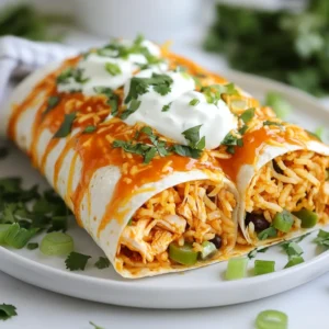 - 2 cups shredded cooked chicken - ½ cup buffalo sauce - 1 cup cooked rice (white or brown) - 1 cup black beans - 1 cup shredded cheddar cheese - ½ cup sour cream - 2 green onions - 4 large tortillas - Fresh cilantro - Salt and pepper Gather your ingredients first. This makes cooking much easier. Start with 2 cups of shredded cooked chicken. You can use leftover chicken or rotisserie chicken. Next, grab ½ cup of buffalo sauce. You can adjust this to control the heat. You will need 1 cup of cooked rice. White or brown rice works well. Then, have 1 cup of black beans ready. Make sure to rinse and drain them first. For cheese lovers, 1 cup of shredded cheddar cheese adds creaminess. Don't forget the ½ cup of sour cream. It adds a cool touch to the heat. You will also need 2 green onions, chopped for freshness. Use 4 large tortillas as the base for your burritos. Finally, gather fresh cilantro for garnish. You can add salt and pepper for taste. Having all these ingredients ready will make the process smooth and fun. Enjoy the cooking! {{ingredient_image_1}} To start, take a medium bowl. Add 2 cups of shredded cooked chicken. Pour in ½ cup of buffalo sauce. Stir the chicken and sauce well. Make sure every piece is coated. You can add more or less buffalo sauce for your spice preference. Next, grab a large tortilla. Place it flat on a clean surface. Add a scoop of the rice and bean mix in the center. On top, layer the buffalo chicken. Then, add a dollop of sour cream. Sprinkle chopped green onions and the rest of the cheese on top. Now, fold the sides of the tortilla inward. Roll the bottom up tightly. This helps keep all the tasty filling inside. Repeat this for the other tortillas and filling. Heat a non-stick skillet over medium heat. Place each burrito seam-side down in the skillet. Cook for 2-3 minutes on each side. Look for a golden brown color on the tortillas. You want the cheese to melt nicely inside. Once done, take them out and let them cool for a minute. Garnish with fresh cilantro before serving. Enjoy your flavorful buffalo chicken burritos! Start with half a cup of buffalo sauce. Mix it well with the shredded chicken. Taste it before you add more sauce. If you like it spicy, add more sauce. If you want it mild, use less. Remember, you can always add more, but you can’t take it out. Adjust it to your taste for the best flavor. Lay a tortilla flat on your surface. Start with a scoop of the rice and bean mix in the center. Then, add the buffalo chicken on top. Next, add sour cream, green onions, and cheese. Fold the sides of the tortilla over the filling first. Then, roll it up from the bottom. Tuck it tightly. This step keeps everything inside and makes it easy to eat. Use shredded cheddar cheese for the best melt. Add it on top of your filling before rolling. As you cook the burrito, the heat will melt the cheese. Cook each side until the tortilla gets golden brown. This step helps the cheese melt evenly. If you want extra melt, cover the skillet for a minute. This keeps the heat in and makes the cheese gooey. Pro Tips Adjust the Heat: Experiment with different brands of buffalo sauce to find the perfect spice level for your taste buds. Some sauces are hotter than others, so taste as you go! Wrap it Right: Make sure to fold the sides of the tortilla in tightly before rolling to prevent any filling from spilling out during cooking. Cheese Melt Trick: For an extra cheesy burrito, add a sprinkle of cheese on the outside of the burrito before placing it seam-side down in the skillet. Serving Suggestions: Serve these burritos with extra sour cream and a side of celery sticks for a classic buffalo flavor experience! {{image_2}} You can easily make a vegetarian version of this dish. Replace the chicken with roasted veggies. Try using cauliflower, zucchini, or mushrooms. Toss these veggies in buffalo sauce for that spicy kick. You can also add extra black beans for protein. This option is tasty and filling. If you want to switch things up, use other proteins. Ground turkey or beef works well. Shredded pork is another great choice. Simply mix these meats with buffalo sauce like you would with chicken. Each protein brings a unique flavor to the burrito. Want more heat? Add jalapeños or diced hot peppers inside your burrito. You can also top it with spicy salsa or hot sauce. Fresh cilantro adds a nice touch, too. For extra creaminess, consider adding avocado slices or guacamole. These choices let you personalize your burrito. Storing leftover burritos is easy. First, let them cool to room temperature. Then, wrap each burrito tightly in plastic wrap or foil. Place wrapped burritos in an airtight container. Store them in the fridge for up to three days. For longer storage, freezing works well. Wrap each burrito in plastic wrap, then in foil. This double-wrap helps prevent freezer burn. Place the wrapped burritos in a freezer-safe bag. They can last up to three months in the freezer. Reheating is simple and can be done in different ways. To use a microwave, unwrap the burrito and place it on a microwave-safe plate. Heat for one to two minutes, or until warm. For a crispy finish, use an oven. Preheat to 350°F (175°C). Unwrap the burrito and place it on a baking sheet. Heat for 15-20 minutes. You can also use a skillet. Heat it on medium for 2-3 minutes on each side. This technique will keep the tortilla crispy. Yes, you can use rotisserie chicken. It saves time and adds great flavor. Just shred the chicken before mixing it with the buffalo sauce. This option makes the recipe quicker and easier. Plus, rotisserie chicken is tasty and juicy. It works well with the buffalo sauce! Buffalo Chicken Burritos can be as spicy as you want. The heat comes from the buffalo sauce. You can adjust the spice level by adding more or less sauce. If you prefer mild flavors, use less sauce. If you love heat, add more! You control the spice, making it perfect for everyone. You can serve many sides with Buffalo Chicken Burritos. Here are some ideas: - Fresh salad with greens - Crispy tortilla chips and salsa - Creamy coleslaw - Roasted vegetables - Corn on the cob These sides add variety and balance to your meal. Enjoy mixing and matching! This blog post covered how to make Buffalo Chicken Burritos step by step. We looked at the ingredients needed, from chicken to tortillas. I shared tips on perfecting flavor and rolling burritos. You can also find ways to change the recipe for different tastes. In the end, these burritos are tasty and fun. Try making them your own with different flavors. Enjoy your cooking!