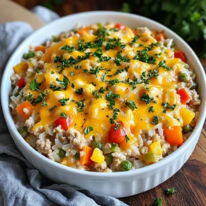 - 1 lb ground turkey - 1 cup long-grain rice - 2 cups chicken broth - 1 cup shredded cheddar cheese - 1 small onion, finely chopped - 2 cloves garlic, minced - 1 bell pepper, diced (any color) - 1 cup frozen mixed vegetables (peas, corn, carrots) - 1 teaspoon paprika - 1 teaspoon cumin - 2 tablespoons olive oil - Salt and pepper to taste The main ingredients for Cheesy Turkey Rice Skillet are simple and easy to find. Ground turkey gives this dish a healthy protein base. Long-grain rice adds a nice texture. Chicken broth brings flavor and moisture to the skillet. Next, we have the additional ingredients. Shredded cheddar cheese melts beautifully and adds creaminess. Chopped onion and minced garlic give a great aroma. Diced bell pepper adds crunch and color. Frozen mixed vegetables make it easy to add nutrition and color. Finally, the seasoning and oils are key. Paprika adds warmth, while cumin gives depth. Olive oil helps cook the veggies and turkey. Salt and pepper are essential to enhance all the flavors. With these ingredients, you set the stage for a warm, cheesy delight that comes together easily in one pan. {{ingredient_image_1}} 1. Start by chopping the onion and bell pepper. I like to cut them small for even cooking. 2. Mince the garlic cloves. This adds a great flavor to the dish. 3. Measure the rice carefully. Use one cup of long-grain rice. 4. Measure two cups of chicken broth. This will help cook the rice. 5. Gather all your spices. You will need paprika, cumin, salt, and pepper. 1. Heat two tablespoons of olive oil in a large skillet over medium heat. 2. Add the chopped onion and bell pepper. Sauté for about 3-4 minutes until soft. 3. Stir in the minced garlic for one more minute. The smell will be amazing! 4. Add the ground turkey to the skillet. Season with paprika, cumin, salt, and pepper. 5. Cook the turkey until it is browned and fully cooked, which takes about 5-7 minutes. 6. Mix in the rice and let it combine with the turkey and veggies for 1-2 minutes. 7. Pour in the chicken broth and bring it to a boil. 8. Reduce the heat to low and cover. Let it simmer for 15 minutes until the rice absorbs the liquid. 1. After 15 minutes, stir in the frozen mixed vegetables. Let them heat through for another 5 minutes. 2. Remove the skillet from heat. Stir in the shredded cheddar cheese until it melts and becomes creamy. 3. Taste for seasoning. Adjust with more salt or pepper if needed. 4. Serve hot, garnished with fresh parsley for color. Enjoy your cheesy turkey rice skillet! Adjusting spices can make a big difference. Start with the basic amounts, then taste. If you want more heat, add a pinch of cayenne. If you prefer a smoky flavor, add more paprika. Always trust your taste buds. Choosing the right cheese is key. Cheddar melts well and adds a rich flavor. You can also mix in mozzarella for stretchiness or a bit of pepper jack for heat. Try different blends to find your favorite combo. Sautéing vegetables properly sets the stage for great flavor. Heat olive oil over medium heat. Add onion and bell pepper first. Cook for about 3-4 minutes until they soften. This helps build a strong flavor base for your dish. To ensure rice is perfectly cooked, follow the broth-to-rice ratio. Use 2 cups of chicken broth for 1 cup of rice. Bring it to a boil, then reduce heat and cover the skillet. Let it simmer for 15 minutes. This allows the rice to absorb all that tasty broth. For presentation, serve the cheesy turkey rice skillet in a large dish. Garnish with freshly chopped parsley. This adds a bright color and freshness. You can also sprinkle some extra cheese on top for a cheesy finish. Pair it with a simple green salad or garlic bread. A crisp salad balances the creaminess of the dish. Garlic bread provides a nice crunch and flavor. This makes your meal feel complete and satisfying. Pro Tips Use Lean Turkey: Opt for lean ground turkey to keep the dish healthier without compromising on flavor. Customize Vegetables: Feel free to use any vegetables you have on hand, such as spinach or broccoli, to add more nutrients and flavor. Cheese Variations: Experiment with different types of cheese like Monterey Jack or pepper jack for a unique twist on the classic flavor. Make Ahead: This dish can be made ahead of time and reheated easily, making it perfect for meal prep or busy weeknights. {{image_2}} You can swap turkey for other proteins. Ground chicken or beef works well here. You can also use shredded rotisserie chicken for a quick fix. Each protein gives a new flavor. Using different rice adds variety too. Try brown rice for more nutty taste. Quinoa can be a great gluten-free option. Just adjust cooking times to match the rice you choose. Adding herbs and spices can elevate the dish. Fresh basil or oregano brings a burst of flavor. You can also sprinkle red pepper flakes for some heat. Introducing additional vegetables makes it more colorful. Spinach or kale add nutrition and taste. You can also toss in zucchini or mushrooms for texture. To make it gluten-free, ensure your broth is gluten-free. Use rice that is also certified gluten-free. This way, everyone can enjoy your meal. For vegetarian alternatives, skip the turkey. Use extra beans or lentils instead. These options keep the dish hearty and satisfying. Store your leftover Cheesy Turkey Rice Skillet in an airtight container. This keeps it fresh and tasty. The dish lasts about 3 to 4 days in the fridge. Be sure to cool it down to room temperature before sealing it up. This helps prevent moisture build-up inside the container. You can freeze the Cheesy Turkey Rice Skillet for later meals. Divide it into single servings in freezer-safe containers. It stays good for about 2 to 3 months in the freezer. When you're ready to eat, move a portion to the fridge overnight to thaw. For reheating, warm it in a skillet over low heat. You may add a splash of chicken broth to keep it moist. Watch for signs of spoilage. If the dish has an off smell or strange color, throw it away. Always check for mold before eating leftovers. To extend freshness, eat your leftovers within a few days. Proper storage is key to enjoying your meal later. Can I use brown rice instead of white rice? Yes, you can use brown rice. However, it takes longer to cook. You will need to increase the broth. Cook for about 20-25 minutes instead of 15 minutes. What can I serve with Cheesy Turkey Rice Skillet? This dish goes well with a simple salad or crusty bread. You can also pair it with steamed veggies for more nutrients. How can I tell if the turkey is fully cooked? The turkey should be brown and no longer pink inside. You can also use a meat thermometer. It should read 165°F (75°C) for safe eating. What if I don't have chicken broth? If you lack chicken broth, use water instead. You can add extra spices or a bouillon cube for added flavor. Can I substitute ground turkey with ground beef? Yes, you can swap ground turkey for ground beef. This change will add a richer flavor. Just be mindful of the fat content. What cheese works best aside from cheddar? Mozzarella or pepper jack cheese can work well too. They melt nicely and add a creamy texture. In this article, we explored a delicious Cheesy Turkey Rice Skillet recipe, highlighting key ingredients like ground turkey, rice, and cheese. I shared easy step-by-step cooking instructions and valuable tips to enhance your dish. We also discussed storage and cooking variations to suit your taste. Cooking should be fun and easy. Feel free to adjust the recipe to make it your own. Enjoy creating this meal that brings comfort and flavor to your table!