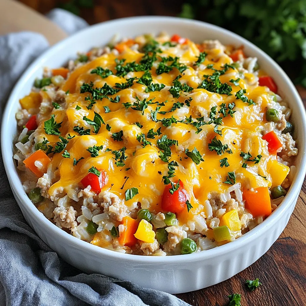 - 1 lb ground turkey - 1 cup long-grain rice - 2 cups chicken broth - 1 cup shredded cheddar cheese - 1 small onion, finely chopped - 2 cloves garlic, minced - 1 bell pepper, diced (any color) - 1 cup frozen mixed vegetables (peas, corn, carrots) - 1 teaspoon paprika - 1 teaspoon cumin - 2 tablespoons olive oil - Salt and pepper to taste The main ingredients for Cheesy Turkey Rice Skillet are simple and easy to find. Ground turkey gives this dish a healthy protein base. Long-grain rice adds a nice texture. Chicken broth brings flavor and moisture to the skillet. Next, we have the additional ingredients. Shredded cheddar cheese melts beautifully and adds creaminess. Chopped onion and minced garlic give a great aroma. Diced bell pepper adds crunch and color. Frozen mixed vegetables make it easy to add nutrition and color. Finally, the seasoning and oils are key. Paprika adds warmth, while cumin gives depth. Olive oil helps cook the veggies and turkey. Salt and pepper are essential to enhance all the flavors. With these ingredients, you set the stage for a warm, cheesy delight that comes together easily in one pan. {{ingredient_image_1}} 1. Start by chopping the onion and bell pepper. I like to cut them small for even cooking. 2. Mince the garlic cloves. This adds a great flavor to the dish. 3. Measure the rice carefully. Use one cup of long-grain rice. 4. Measure two cups of chicken broth. This will help cook the rice. 5. Gather all your spices. You will need paprika, cumin, salt, and pepper. 1. Heat two tablespoons of olive oil in a large skillet over medium heat. 2. Add the chopped onion and bell pepper. Sauté for about 3-4 minutes until soft. 3. Stir in the minced garlic for one more minute. The smell will be amazing! 4. Add the ground turkey to the skillet. Season with paprika, cumin, salt, and pepper. 5. Cook the turkey until it is browned and fully cooked, which takes about 5-7 minutes. 6. Mix in the rice and let it combine with the turkey and veggies for 1-2 minutes. 7. Pour in the chicken broth and bring it to a boil. 8. Reduce the heat to low and cover. Let it simmer for 15 minutes until the rice absorbs the liquid. 1. After 15 minutes, stir in the frozen mixed vegetables. Let them heat through for another 5 minutes. 2. Remove the skillet from heat. Stir in the shredded cheddar cheese until it melts and becomes creamy. 3. Taste for seasoning. Adjust with more salt or pepper if needed. 4. Serve hot, garnished with fresh parsley for color. Enjoy your cheesy turkey rice skillet! Adjusting spices can make a big difference. Start with the basic amounts, then taste. If you want more heat, add a pinch of cayenne. If you prefer a smoky flavor, add more paprika. Always trust your taste buds. Choosing the right cheese is key. Cheddar melts well and adds a rich flavor. You can also mix in mozzarella for stretchiness or a bit of pepper jack for heat. Try different blends to find your favorite combo. Sautéing vegetables properly sets the stage for great flavor. Heat olive oil over medium heat. Add onion and bell pepper first. Cook for about 3-4 minutes until they soften. This helps build a strong flavor base for your dish. To ensure rice is perfectly cooked, follow the broth-to-rice ratio. Use 2 cups of chicken broth for 1 cup of rice. Bring it to a boil, then reduce heat and cover the skillet. Let it simmer for 15 minutes. This allows the rice to absorb all that tasty broth. For presentation, serve the cheesy turkey rice skillet in a large dish. Garnish with freshly chopped parsley. This adds a bright color and freshness. You can also sprinkle some extra cheese on top for a cheesy finish. Pair it with a simple green salad or garlic bread. A crisp salad balances the creaminess of the dish. Garlic bread provides a nice crunch and flavor. This makes your meal feel complete and satisfying. Pro Tips Use Lean Turkey: Opt for lean ground turkey to keep the dish healthier without compromising on flavor. Customize Vegetables: Feel free to use any vegetables you have on hand, such as spinach or broccoli, to add more nutrients and flavor. Cheese Variations: Experiment with different types of cheese like Monterey Jack or pepper jack for a unique twist on the classic flavor. Make Ahead: This dish can be made ahead of time and reheated easily, making it perfect for meal prep or busy weeknights. {{image_2}} You can swap turkey for other proteins. Ground chicken or beef works well here. You can also use shredded rotisserie chicken for a quick fix. Each protein gives a new flavor. Using different rice adds variety too. Try brown rice for more nutty taste. Quinoa can be a great gluten-free option. Just adjust cooking times to match the rice you choose. Adding herbs and spices can elevate the dish. Fresh basil or oregano brings a burst of flavor. You can also sprinkle red pepper flakes for some heat. Introducing additional vegetables makes it more colorful. Spinach or kale add nutrition and taste. You can also toss in zucchini or mushrooms for texture. To make it gluten-free, ensure your broth is gluten-free. Use rice that is also certified gluten-free. This way, everyone can enjoy your meal. For vegetarian alternatives, skip the turkey. Use extra beans or lentils instead. These options keep the dish hearty and satisfying. Store your leftover Cheesy Turkey Rice Skillet in an airtight container. This keeps it fresh and tasty. The dish lasts about 3 to 4 days in the fridge. Be sure to cool it down to room temperature before sealing it up. This helps prevent moisture build-up inside the container. You can freeze the Cheesy Turkey Rice Skillet for later meals. Divide it into single servings in freezer-safe containers. It stays good for about 2 to 3 months in the freezer. When you're ready to eat, move a portion to the fridge overnight to thaw. For reheating, warm it in a skillet over low heat. You may add a splash of chicken broth to keep it moist. Watch for signs of spoilage. If the dish has an off smell or strange color, throw it away. Always check for mold before eating leftovers. To extend freshness, eat your leftovers within a few days. Proper storage is key to enjoying your meal later. Can I use brown rice instead of white rice? Yes, you can use brown rice. However, it takes longer to cook. You will need to increase the broth. Cook for about 20-25 minutes instead of 15 minutes. What can I serve with Cheesy Turkey Rice Skillet? This dish goes well with a simple salad or crusty bread. You can also pair it with steamed veggies for more nutrients. How can I tell if the turkey is fully cooked? The turkey should be brown and no longer pink inside. You can also use a meat thermometer. It should read 165°F (75°C) for safe eating. What if I don't have chicken broth? If you lack chicken broth, use water instead. You can add extra spices or a bouillon cube for added flavor. Can I substitute ground turkey with ground beef? Yes, you can swap ground turkey for ground beef. This change will add a richer flavor. Just be mindful of the fat content. What cheese works best aside from cheddar? Mozzarella or pepper jack cheese can work well too. They melt nicely and add a creamy texture. In this article, we explored a delicious Cheesy Turkey Rice Skillet recipe, highlighting key ingredients like ground turkey, rice, and cheese. I shared easy step-by-step cooking instructions and valuable tips to enhance your dish. We also discussed storage and cooking variations to suit your taste. Cooking should be fun and easy. Feel free to adjust the recipe to make it your own. Enjoy creating this meal that brings comfort and flavor to your table!