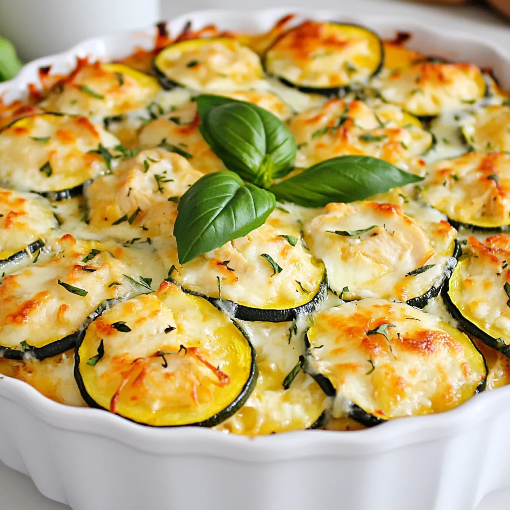 - 2 medium zucchinis, sliced into rounds - 2 cups cooked chicken breast, shredded - 1 cup cottage cheese - 1 cup shredded mozzarella cheese - ½ cup grated Parmesan cheese - ½ cup breadcrumbs (use whole grain for a healthier option) - 2 large eggs - 1 teaspoon garlic powder - 1 teaspoon onion powder - 1 teaspoon Italian seasoning - Salt and pepper to taste - Fresh basil leaves for garnish This dish is packed with protein. Each serving gives you about 30 grams of protein. The chicken and cottage cheese are great sources. Zucchini adds fiber and vitamins. Each serving is low in carbs, making it a smart choice for many diets. If you don’t have zucchini, use eggplant or spinach. You can swap cooked chicken for turkey or tofu for a plant-based option. For cheese, try ricotta instead of cottage cheese. Use almond flour instead of breadcrumbs for a gluten-free option. Adjust spices to your taste. {{ingredient_image_1}} 1. First, preheat your oven to 375°F (190°C). This step is key for even baking. 2. In a big bowl, combine the shredded chicken, cottage cheese, mozzarella, and Parmesan cheese. 3. Add the breadcrumbs, eggs, garlic powder, onion powder, Italian seasoning, salt, and pepper. 4. Mix everything well until you see no dry spots. 5. Take a greased 9x13-inch baking dish and layer the zucchini rounds evenly at the bottom. 6. Spread the chicken mixture over the zucchini. Make sure it covers all the zucchini. 1. Place the dish in the oven and bake for 25-30 minutes. 2. Keep an eye on the top; it should turn golden and bubbly. 3. Once done, take it out and let it cool for a few minutes. - Look for a golden-brown top. This shows it is cooked well. - Insert a knife into the center; it should come out hot. - If you want extra assurance, use a food thermometer. The inside should reach at least 165°F (74°C). Enjoy your delicious High Protein Chicken Zucchini Bake! When picking zucchini, choose ones that are firm and bright. Look for a shiny skin. Avoid any with soft spots or blemishes. Fresh zucchini should feel heavy for its size. Smaller zucchinis tend to taste better. They are also more tender and have fewer seeds. To shred chicken easily, use cooked chicken breast. Let it cool a bit before shredding. You can use two forks to pull apart the meat. For quick shredding, try using a stand mixer with a paddle attachment. Just mix on low speed for a few seconds. This method works great and saves time. Adding spices can bring out great flavors. Use garlic powder and onion powder for a strong base. Italian seasoning adds a nice touch, too. You can also mix in fresh herbs like basil or parsley. For a kick, add red pepper flakes. Experiment with flavors to find your favorite combination. Pro Tips Use Fresh Zucchini: Fresh zucchini will add the best flavor and texture to your bake. Look for firm, vibrant zucchinis without any blemishes. Experiment with Cheeses: Feel free to mix and match different cheeses. A combination of cheddar or feta can add a unique twist to the flavor profile. Make It Ahead: This dish can be prepared in advance and stored in the fridge. Just reheat it in the oven before serving for a quick meal. Add More Veggies: Consider adding other vegetables like bell peppers or spinach to the mix for extra nutrition and flavor. {{image_2}} You can swap chicken for other proteins. Ground turkey works great. It has a similar texture. You can also use cooked quinoa for a plant-based option. Cooked shrimp adds a tasty twist too. Each protein brings its own flavor. Try them out and see what you like best. Cheese adds creaminess and flavor. If you want a lighter dish, use low-fat cheese. Goat cheese gives a nice tang. You can also mix in cheddar or pepper jack for spice. Each cheese will change the dish's taste. Experiment to find your favorite combo. To make this dish vegan, use chickpeas instead of chicken. Replace eggs with flax eggs or aquafaba. Use almond or cashew cheese instead of dairy cheese. Whole grain breadcrumbs keep it healthy. You can add spinach or mushrooms for extra veggies. These swaps keep the dish tasty and filling. To store leftovers, let the dish cool first. Once cool, cover it tightly with plastic wrap or transfer it to an airtight container. Store it in your fridge for up to three days. This keeps the chicken and zucchini fresh and tasty. If you want to freeze it, cut the bake into portions. Place each portion in a freezer-safe container or bag. This way, you can thaw only what you need. It will stay good in the freezer for up to three months. Remember to label the containers with the date. To reheat, use your oven for the best results. Preheat your oven to 350°F (175°C). Place the bake in an oven-safe dish, cover it with foil, and heat for about 20 minutes. If you're in a hurry, you can use the microwave. Heat in short bursts, stirring in between. Just be careful not to dry it out. Enjoy your meal again! To make this dish gluten-free, swap out the breadcrumbs for gluten-free options. You can use ground almonds, gluten-free oats, or crushed gluten-free crackers. These substitutes keep the texture while making it safe for those with gluten issues. Yes, you can prepare this dish ahead of time. Mix all the ingredients and layer them in the baking dish. Cover it and store it in the fridge for up to 24 hours. When you're ready, bake it straight from the fridge. Just add a few extra minutes to the cooking time. To keep the chicken moist, use cooked chicken breast that is freshly shredded. Adding cottage cheese also helps retain moisture. Avoid overcooking the dish, as this can dry out the chicken. Keep an eye on the baking time for best results. This dish pairs well with a fresh salad or steamed vegetables. You can serve it with a side of quinoa or brown rice for added fiber. Garlic bread also complements the flavors nicely and adds a comforting touch. This blog post covered the essential ingredients and their nutritional value. You learned how to prepare, bake, and check doneness for the chicken zucchini bake. I shared tips for selecting fresh zucchini and shredding chicken effectively. You discovered variations with proteins and cheeses, plus vegan ideas. Lastly, I explained how to store leftovers and reheat them. Enjoy trying these methods and make this dish your own! Cooking can be fun and rewarding.