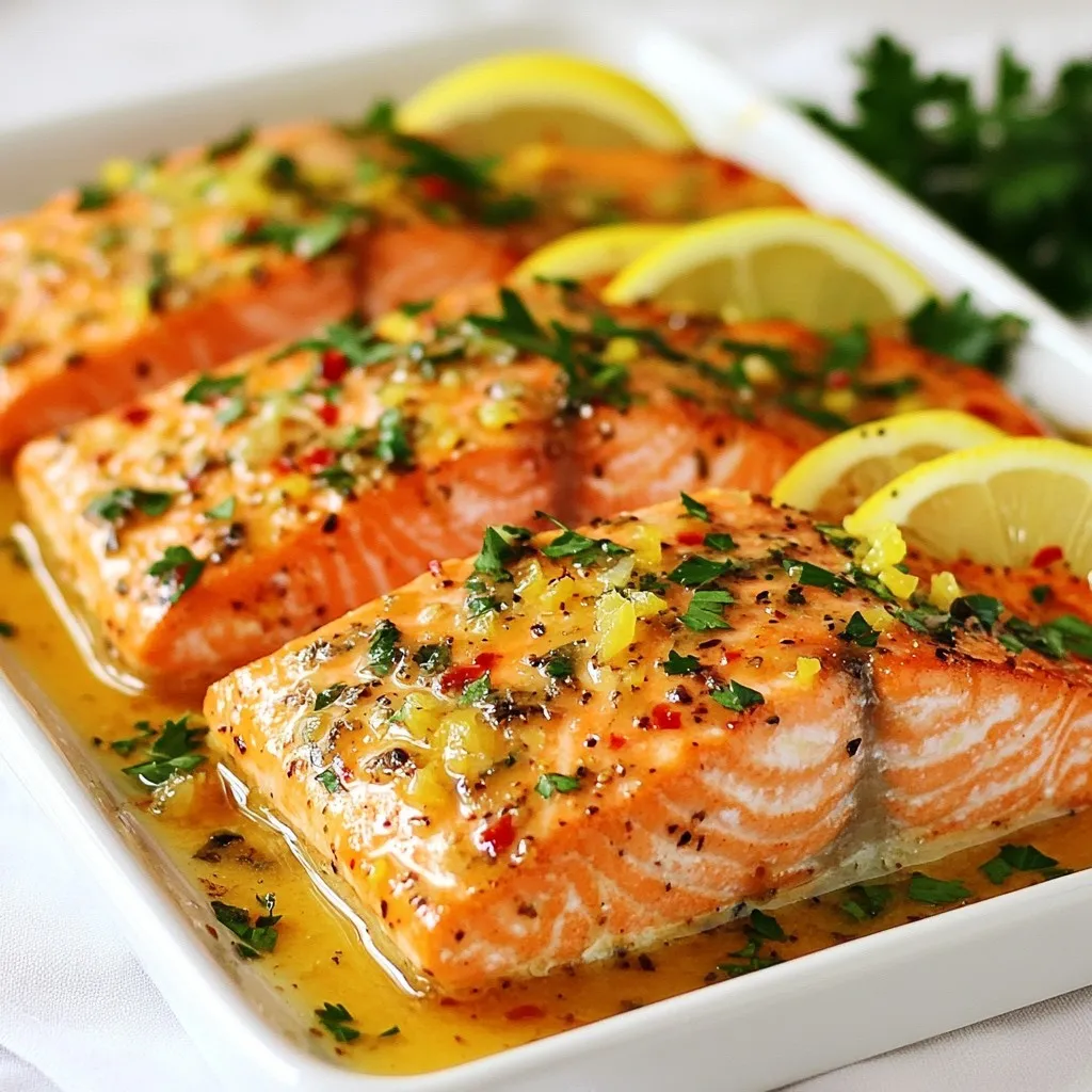 - 4 salmon fillets - 3 cloves garlic, minced - 2 tablespoons olive oil - 1 lemon (zested and juiced) - 1 teaspoon dried oregano - 1 teaspoon chili flakes (optional for heat) - Salt and pepper to taste - Fresh parsley, chopped (for garnish) To make Baked Lemon Garlic Salmon, you need fresh ingredients. Start with salmon fillets. They should be bright and firm. Garlic adds a strong flavor, so use fresh cloves. Olive oil brings richness and helps the marinade stick. Lemon juice adds zest and brightness. Zest the lemon to get the oils from the peel. Dried oregano gives a warm, herbal note. If you like spice, include chili flakes for heat. Use salt and pepper to enhance all the flavors. Finally, fresh parsley adds a pop of color and freshness on top. Gather all these ingredients before you start cooking. This will make your prep easy and fast. Plus, it keeps you organized in the kitchen. {{ingredient_image_1}} - Preheat your oven to 400°F (200°C). This step ensures the salmon cooks evenly and gets that nice, flaky texture we love. - In a small bowl, combine: - 3 cloves garlic, minced - 2 tablespoons olive oil - 1 lemon, zested and juiced - 1 teaspoon dried oregano - 1 teaspoon chili flakes (optional) - Salt and pepper to taste - Mix these ingredients well. This marinade brings out the best flavors in the salmon. - Place 4 salmon fillets in a baking dish. - Pour the marinade over the fillets, making sure to coat them well. - Let the salmon sit for 15 minutes. This helps the fish absorb all the tasty flavors. - Cover the baking dish with foil. This keeps the salmon moist while it cooks. - Place it in your preheated oven. - Bake for 15-20 minutes. The salmon is ready when it flakes easily with a fork. - After baking, remove the foil. Let the salmon sit for a couple of minutes. - Garnish with fresh parsley before serving. This adds a pop of color and freshness. To check if your salmon is done, look for color and texture. The fish should turn from bright pink to a light pink. It should also flake easily when you poke it with a fork. If you want to be sure, use a meat thermometer. Insert it into the thickest part of the fish. Aim for an internal temperature of 145°F (63°C). This ensures your salmon is safe to eat and still moist. You can change some ingredients to make this dish your own. If you do not have fresh garlic, use garlic powder instead. You can swap lemon juice with lime juice for a twist. You might also add fresh herbs like dill or basil for extra flavor. Try mixing in some capers for a salty punch or a dash of honey for sweetness. These small changes can make a big difference. Baked lemon garlic salmon pairs well with many sides. Serve it with a fresh salad or roasted vegetables for a light meal. You could also add rice or quinoa for a hearty option. When it comes to drinks, a crisp white wine works well. Try a Sauvignon Blanc or a light beer for a refreshing match. Enjoy your meal with a side that complements the salmon's bright flavor. Pro Tips Use Fresh Ingredients: Fresh salmon and garlic will enhance the flavor of your dish significantly. Try to avoid pre-packaged or frozen options for the best taste. Adjust the Marinade: Feel free to add your favorite herbs or spices to the marinade for a personalized twist. Fresh dill or thyme pairs beautifully with salmon. Check for Doneness: Salmon is perfectly cooked when it flakes easily with a fork and has an internal temperature of 145°F (63°C). Use a meat thermometer for accuracy. Let it Rest: Allow the salmon to rest for a few minutes after baking. This helps the juices redistribute, resulting in a moister, more flavorful fillet. {{image_2}} You can change the herbs in this dish to fit your taste. Try fresh dill or basil for a bright flavor. You can also mix in thyme or rosemary. Each herb brings a unique note to the salmon. Experiment with your favorites! Fresh herbs give a vibrant taste that dried ones can't match. If you love heat, add more chili flakes to your marinade. Start with one teaspoon, then taste it. If you want it hotter, add more. You can also use cayenne pepper for a different spice. Balance the heat with lemon juice for a zesty kick. This version is great for spice lovers. Foil packets are an easy way to cook salmon. Just place the fillets on a piece of foil. Add the marinade and fold the foil tightly. This method keeps the salmon moist and makes cleanup a breeze. Place the packets on a grill or in the oven. Cook for the same time as the regular method. Enjoy the easy cleanup! To store baked salmon, let it cool first. Place it in an airtight container. Make sure to cover it well. This keeps the salmon fresh and tasty. You can keep it in the fridge for up to three days. If you want to save it longer, freezing is a great option. When reheating salmon, you want to keep it moist. The best method is to use the oven. Preheat it to 275°F (135°C). Place the salmon on a baking sheet. Add a splash of water or broth to keep it moist. Cover it with foil. Heat for about 15 minutes. This way, your salmon stays tender and delicious. If you freeze baked salmon, wrap it tightly in plastic wrap. Then, place it in a freezer bag. Be sure to squeeze out the air. Label the bag with the date. Baked salmon can last in the freezer for up to three months. When you're ready to eat, thaw it in the fridge overnight before reheating. Bake salmon at 400°F for 15 to 20 minutes. The time depends on the thickness of the fillets. - For fillets about 1 inch thick, aim for 15 minutes. - For thicker pieces, around 1.5 inches, go for 20 minutes. - Always check for doneness. The salmon should flake easily with a fork. Yes, you can use fresh herbs instead of dried. Fresh herbs bring a bright flavor to your dish. They can make the salmon taste even better. - Fresh parsley gives a nice touch when you garnish. - Fresh oregano has a stronger taste, enhancing the marinade. - Use about three times more fresh herbs than dried. Baked Lemon Garlic Salmon pairs well with many sides. Here are some ideas: - Serve with steamed broccoli or asparagus for a healthy boost. - A fresh garden salad adds crunch and color. - Quinoa or rice makes a great base to soak up the flavors. Yes, you can make this recipe in advance. Here are some tips: - Marinate the salmon ahead of time and store it in the fridge. - You can bake it and keep it in the fridge for up to 3 days. - Reheat gently in the oven or microwave to keep it moist. You now know how to make delicious baked lemon garlic salmon. We covered the easy ingredients, step-by-step cooking process, and tips for the perfect meal. You can try different herbs and spice levels to suit your taste. Remember, good storage and reheating keep leftovers fresh. Use this guide to impress friends or family. Enjoy this healthy dish anytime you want!