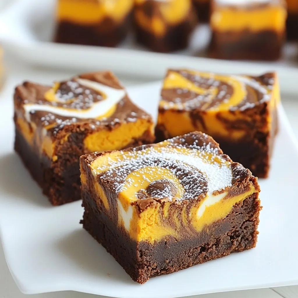 To make these tasty brownies, you need: - 1 cup unsweetened cocoa powder - 1 cup all-purpose flour - 1 ½ cups sugar - ½ teaspoon baking powder - ½ teaspoon baking soda - ½ teaspoon salt - 1 cup unsalted butter, melted - 4 large eggs - 1 teaspoon vanilla extract These ingredients form the base of your brownies. The cocoa powder gives a rich chocolate flavor while the butter adds moisture. For the pumpkin cream cheese swirl, gather: - 1 cup pumpkin puree - 1 teaspoon ground cinnamon - ½ teaspoon ground nutmeg - 1 cup cream cheese, softened - ¼ cup powdered sugar - 1 egg yolk Pumpkin puree adds a warm, earthy taste. The spices bring out the fall flavor. Cream cheese adds creaminess and a slight tang, balancing the sweetness. You can make your brownies even better with: - A dusting of powdered sugar - Whipped cream - A sprinkle of cinnamon - Chopped nuts or chocolate chips These toppings can enhance the look and taste. They also give you a chance to add your personal touch! {{ingredient_image_1}} To start, preheat your oven to 350°F (175°C). Grease a 9x13 inch baking pan or line it with parchment paper. This step helps your brownies come out cleanly. In a large bowl, sift together the cocoa powder, flour, sugar, baking powder, baking soda, and salt. This mix should be even and fluffy. In another bowl, whisk together the melted butter, eggs, and vanilla extract. Once mixed, pour this into the dry ingredients. Stir until just combined; don’t over-mix. Now it’s time to create the pumpkin mixture. In a small bowl, combine the pumpkin puree, ground cinnamon, and ground nutmeg. Mix until smooth. This will add a warm flavor to your brownies. The spices make the pumpkin shine. Set this bowl aside for later. Next, let’s make the cream cheese swirl. In a separate bowl, beat the softened cream cheese with powdered sugar and egg yolk until creamy. This mix should be smooth and well combined. Now, you’re ready to layer your brownies. Spread half of the brownie batter evenly in the prepared pan. Drop spoonfuls of the pumpkin mixture and cream cheese mixture over the brownie layer. Use a knife or skewer to gently swirl them together to create a marbled effect. Pour the rest of the brownie batter on top and repeat with more spoonfuls of both pumpkin and cream cheese mixes. Swirl again to create a beautiful pattern. Finally, bake in the preheated oven for 30-35 minutes. Use a toothpick to check; it should come out with a few moist crumbs. Let the brownies cool for at least 15 minutes before slicing and serving. Enjoy your delicious treat! To achieve the perfect swirl in your brownies, start with the right tools. Use a knife or a skewer for swirling. After layering your pumpkin and cream cheese mixtures, drag it lightly through the brownie batter. Do this gently to avoid mixing too much. You want a marbled look, not a uniform blend. Aim for smooth, flowing lines. This adds beauty to your brownies. Baking time is key for these brownies. Set your timer for 30 to 35 minutes. To check if they are done, use a toothpick. Insert it into the center of the brownies. If it comes out with a few moist crumbs, they are ready. If the toothpick is wet, bake for a few more minutes. Keep an eye on them to avoid overbaking. Brownies are best when they stay soft and fudgy. Using high-quality ingredients makes a big difference. Start with fresh pumpkin puree. This brings natural sweetness and moisture. Choose good cocoa powder for rich flavor. Unsalted butter gives control over saltiness. Use full-fat cream cheese for a creamy swirl. Quality ingredients result in better taste and texture. Trust me, your taste buds will thank you! Pro Tips Use Room Temperature Ingredients: Ensure your cream cheese and eggs are at room temperature for a smoother batter and better incorporation. Don't Overmix the Batter: Mix the brownie batter just until combined to maintain a fudgy texture. Overmixing can result in cake-like brownies. Swirling Techniques: Use a knife or skewer to create beautiful swirls, but avoid overdoing it to keep defined layers of pumpkin and cream cheese. Cooling is Key: Allow the brownies to cool completely in the pan before cutting to ensure clean edges and prevent them from falling apart. {{image_2}} You can easily make gluten-free brownies. Swap all-purpose flour with a gluten-free blend. Look for a blend that works well in baking. This option keeps the taste rich and moist. You won’t miss the gluten at all! To make these brownies vegan, use flax eggs instead of regular eggs. Mix 1 tablespoon of ground flaxseed with 2.5 tablespoons of water for each egg. Replace butter with coconut oil or vegan butter. Use a dairy-free cream cheese for the swirl. These changes keep the brownies tasty and plant-based. You can add fun flavors to your brownies. Try adding chocolate chips for extra richness. Chopped nuts also add crunch and flavor. A pinch of sea salt can boost the sweet taste. You might even add a dash of ginger or cloves for warmth. Mix these in before baking for a unique twist! To keep your pumpkin cream cheese swirl brownies fresh, store them in an airtight container. This helps prevent them from drying out. It’s best to keep them at room temperature for up to three days. If you want to extend their life, move them to the fridge. They can last there for about a week. Just let them sit at room temperature for a bit before serving. Freezing these brownies is easy and a great way to save some for later. First, let the brownies cool completely. Then, cut them into squares. Wrap each square tightly in plastic wrap. Place the wrapped brownies in a freezer-safe bag or container. They can last up to three months in the freezer. When you’re ready to enjoy, just thaw them in the fridge overnight. To reheat leftover brownies, you have a few options. If you want a soft brownie, use the microwave. Heat them for about 10-15 seconds. For a crispier edge, try the oven. Preheat your oven to 350°F (175°C) and warm the brownies for about 5-10 minutes. Enjoy them warm for the best taste! Yes, you can use fresh pumpkin. First, you need to cook the pumpkin. Cut it in half, remove the seeds, and roast it until soft. Then, scoop out the flesh and mash it until smooth. This gives you a fresh pumpkin puree. Just make sure to measure the same amount as the recipe calls for. Fresh pumpkin can add a nice flavor! The best way to check brownies is with a toothpick. Insert it into the center. If it comes out with a few moist crumbs, they are done. If it comes out clean, they may be overbaked. Keep an eye on them at the 30-minute mark to avoid drying out. You want them soft and fudgy! If you need a substitute for cream cheese, try using Greek yogurt or mascarpone. Both options offer a creamy texture. You can also use ricotta cheese, but it may change the flavor slightly. For a vegan option, use silken tofu blended until smooth. Each substitute will provide a different taste, so choose based on your preference! You’ve learned how to make delicious pumpkin cream cheese swirl brownies. We covered the main ingredients, step-by-step instructions, and handy tips. You now have variations and storage info to keep your brownies fresh. Remember, quality ingredients make a big difference in taste. Have fun experimenting with flavors and don’t hesitate to try new toppings. With these steps, you can bake something wonderful and enjoy every bite. Enjoy your baking journey!