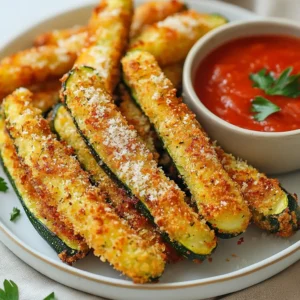 To make crispy air fryer Parmesan zucchini fries, gather these items: - 2 medium zucchini, cut into fry shapes - 1 cup breadcrumbs (whole wheat works best) - ½ cup grated Parmesan cheese - 1 teaspoon garlic powder - 1 teaspoon Italian seasoning - ½ teaspoon salt - ¼ teaspoon black pepper - 2 large eggs, beaten - Olive oil spray You can change a few ingredients if needed. Instead of whole wheat breadcrumbs, use regular breadcrumbs. For a dairy-free option, swap Parmesan for nutritional yeast. If you want more flavor, add a pinch of cayenne pepper. Each serving of these zucchini fries has about: - Calories: 150 - Protein: 8g - Carbohydrates: 15g - Fiber: 2g - Fat: 7g This snack is low in carbs and high in flavor! Enjoy knowing you are eating a tasty and healthier option. {{ingredient_image_1}} First, grab two medium zucchinis. Cut them into fry shapes. Aim for even sizes to help them cook well. You want them not too thick, so they get crispy. Next, take a shallow bowl. Mix 1 cup of breadcrumbs, ½ cup of grated Parmesan cheese, 1 teaspoon of garlic powder, 1 teaspoon of Italian seasoning, ½ teaspoon of salt, and ¼ teaspoon of black pepper in it. Stir well so all the spices blend. In another bowl, beat two large eggs. Dip each zucchini fry into the eggs. Let the excess egg drip off. Now, coat each fry in the breadcrumb mix. Press gently to make sure the coating sticks well. Preheat your air fryer to 400°F (200°C) for about 5 minutes. Spray the air fryer basket lightly with olive oil. Place the coated zucchini fries in a single layer. Make sure they do not touch each other. Spray the tops of the fries with olive oil too. Air fry for 10-12 minutes. Flip them halfway through to get even crispiness. They should look golden brown when done. Take them out and serve hot. Enjoy with marinara or ranch for dipping! To make your zucchini fries extra crispy, follow these steps: - Always preheat your air fryer to 400°F (200°C). This helps the fries cook evenly. - Cut the zucchini into uniform fry shapes. This ensures they cook at the same rate. - After coating, let the fries sit for a few minutes. This helps the breading stick better. - Use whole wheat breadcrumbs for a crunchier texture. They provide a nice bite. - Spray the fries with olive oil before cooking. This helps them brown nicely. Enjoy your zucchini fries fresh out of the air fryer. Here are some great ways to serve them: - Pair them with marinara sauce for a classic dip. It adds a tasty twist. - Ranch dressing also works well for a creamy option. It complements the fries perfectly. - Garnish with extra grated Parmesan and fresh parsley. This adds color and flavor. - Serve alongside a crisp salad for a complete meal. The freshness balances the fries. You can prepare zucchini fries ahead of time. Here’s how to do it: - Coat the fries as usual, then place them on a baking sheet. Freeze them for about 30 minutes. - Once frozen, transfer the fries to a zip-top bag. This saves space in your freezer. - When ready to eat, preheat your air fryer and cook straight from frozen. Just add a few minutes to the cooking time. - To reheat leftover fries, air fry them for about 5-7 minutes at 400°F (200°C). This will help restore their crispiness. Pro Tips Choose Fresh Zucchini: Select firm, shiny zucchinis for the best texture and flavor in your fries. Experiment with Seasonings: Customize the breadcrumb mixture by adding your favorite spices or herbs for a unique twist. Do Not Overcrowd the Basket: For optimal crispiness, make sure the zucchini fries are in a single layer without overlapping. Serve Immediately: Enjoy the fries right after cooking for maximum crunchiness; they can lose their crispiness if left out too long. {{image_2}} You can change the taste of your zucchini fries with different spices. Try adding smoked paprika for a smoky flavor. Cayenne pepper gives a nice kick, while cumin adds warmth. You can also use taco seasoning for a fun twist. Just mix any seasoning into the breadcrumb mixture for a new taste. Instead of breadcrumbs, you can use crushed cornflakes or almond flour. Both options give a nice crunch. For a gluten-free choice, use gluten-free breadcrumbs. If you like a cheesy flavor, add extra Parmesan to your coating. This way, you can make your fries unique each time. You can make these zucchini fries vegan easily. Replace the eggs with a mixture of ground flaxseed and water. Use 1 tablespoon of flaxseed with 2.5 tablespoons of water for each egg. Let it sit for a few minutes to thicken. For the cheese flavor, try nutritional yeast. It adds a savory taste without using dairy. After you enjoy your air fryer Parmesan zucchini fries, store any leftovers in an airtight container. They will stay fresh in the fridge for about 3 days. Make sure to let them cool down before sealing the container. This will help keep them crispy and prevent moisture buildup. If you want to save some for later, freezing is a great option. First, let the cooked fries cool completely. Then, place them in a single layer on a baking sheet. Freeze for about 1-2 hours until firm. Afterward, transfer them to a freezer-safe bag. They can last up to 2 months in the freezer. To reheat your zucchini fries, the air fryer is your best friend. Preheat your air fryer to 350°F (175°C). Place the frozen or refrigerated fries in the basket in a single layer. Heat for about 5-7 minutes or until they are hot and crispy again. You can also use an oven if you prefer, but the air fryer keeps them crispier. Yes, you can use many other vegetables for air frying. Try carrots, sweet potatoes, or eggplant. Cut them into fry shapes, just like the zucchini. Each vegetable will have a unique taste. Adjust the cooking time as needed, since thicker veggies may take longer. Air fry the zucchini fries for about 10 to 12 minutes. Flip them halfway through to ensure even cooking. They should turn golden brown and crispy. Keep an eye on them, as air fryers can vary in heat. You want them crunchy but not burnt! Zucchini fries taste great with various dipping sauces. Marinara sauce is a classic choice. Ranch dressing also complements the cheesy flavor. Try garlic aioli or tzatziki for a twist. Feel free to get creative with your favorite dips! Zucchini fries are a tasty snack made easy. You need simple ingredients and just a few steps. We covered how to prepare, coat, and cook them in an air fryer. With tips for crispiness and serving ideas, you can enjoy them your way. You can even make vegan or unique variations. Plus, storing or reheating them is a breeze. Try these recipes and enjoy zucchini fries, a crunchy treat that's healthy and fun.