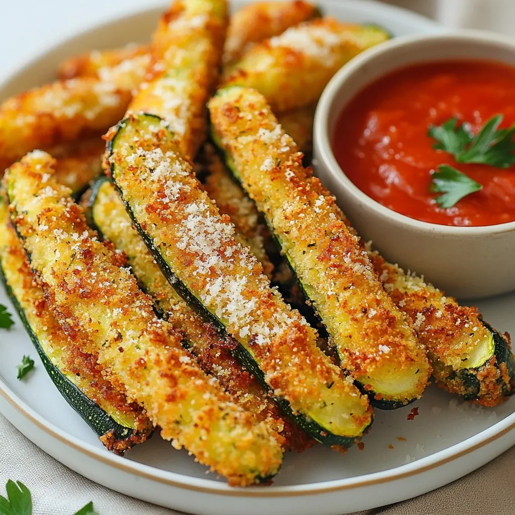 To make crispy air fryer Parmesan zucchini fries, gather these items: - 2 medium zucchini, cut into fry shapes - 1 cup breadcrumbs (whole wheat works best) - ½ cup grated Parmesan cheese - 1 teaspoon garlic powder - 1 teaspoon Italian seasoning - ½ teaspoon salt - ¼ teaspoon black pepper - 2 large eggs, beaten - Olive oil spray You can change a few ingredients if needed. Instead of whole wheat breadcrumbs, use regular breadcrumbs. For a dairy-free option, swap Parmesan for nutritional yeast. If you want more flavor, add a pinch of cayenne pepper. Each serving of these zucchini fries has about: - Calories: 150 - Protein: 8g - Carbohydrates: 15g - Fiber: 2g - Fat: 7g This snack is low in carbs and high in flavor! Enjoy knowing you are eating a tasty and healthier option. {{ingredient_image_1}} First, grab two medium zucchinis. Cut them into fry shapes. Aim for even sizes to help them cook well. You want them not too thick, so they get crispy. Next, take a shallow bowl. Mix 1 cup of breadcrumbs, ½ cup of grated Parmesan cheese, 1 teaspoon of garlic powder, 1 teaspoon of Italian seasoning, ½ teaspoon of salt, and ¼ teaspoon of black pepper in it. Stir well so all the spices blend. In another bowl, beat two large eggs. Dip each zucchini fry into the eggs. Let the excess egg drip off. Now, coat each fry in the breadcrumb mix. Press gently to make sure the coating sticks well. Preheat your air fryer to 400°F (200°C) for about 5 minutes. Spray the air fryer basket lightly with olive oil. Place the coated zucchini fries in a single layer. Make sure they do not touch each other. Spray the tops of the fries with olive oil too. Air fry for 10-12 minutes. Flip them halfway through to get even crispiness. They should look golden brown when done. Take them out and serve hot. Enjoy with marinara or ranch for dipping! To make your zucchini fries extra crispy, follow these steps: - Always preheat your air fryer to 400°F (200°C). This helps the fries cook evenly. - Cut the zucchini into uniform fry shapes. This ensures they cook at the same rate. - After coating, let the fries sit for a few minutes. This helps the breading stick better. - Use whole wheat breadcrumbs for a crunchier texture. They provide a nice bite. - Spray the fries with olive oil before cooking. This helps them brown nicely. Enjoy your zucchini fries fresh out of the air fryer. Here are some great ways to serve them: - Pair them with marinara sauce for a classic dip. It adds a tasty twist. - Ranch dressing also works well for a creamy option. It complements the fries perfectly. - Garnish with extra grated Parmesan and fresh parsley. This adds color and flavor. - Serve alongside a crisp salad for a complete meal. The freshness balances the fries. You can prepare zucchini fries ahead of time. Here’s how to do it: - Coat the fries as usual, then place them on a baking sheet. Freeze them for about 30 minutes. - Once frozen, transfer the fries to a zip-top bag. This saves space in your freezer. - When ready to eat, preheat your air fryer and cook straight from frozen. Just add a few minutes to the cooking time. - To reheat leftover fries, air fry them for about 5-7 minutes at 400°F (200°C). This will help restore their crispiness. Pro Tips Choose Fresh Zucchini: Select firm, shiny zucchinis for the best texture and flavor in your fries. Experiment with Seasonings: Customize the breadcrumb mixture by adding your favorite spices or herbs for a unique twist. Do Not Overcrowd the Basket: For optimal crispiness, make sure the zucchini fries are in a single layer without overlapping. Serve Immediately: Enjoy the fries right after cooking for maximum crunchiness; they can lose their crispiness if left out too long. {{image_2}} You can change the taste of your zucchini fries with different spices. Try adding smoked paprika for a smoky flavor. Cayenne pepper gives a nice kick, while cumin adds warmth. You can also use taco seasoning for a fun twist. Just mix any seasoning into the breadcrumb mixture for a new taste. Instead of breadcrumbs, you can use crushed cornflakes or almond flour. Both options give a nice crunch. For a gluten-free choice, use gluten-free breadcrumbs. If you like a cheesy flavor, add extra Parmesan to your coating. This way, you can make your fries unique each time. You can make these zucchini fries vegan easily. Replace the eggs with a mixture of ground flaxseed and water. Use 1 tablespoon of flaxseed with 2.5 tablespoons of water for each egg. Let it sit for a few minutes to thicken. For the cheese flavor, try nutritional yeast. It adds a savory taste without using dairy. After you enjoy your air fryer Parmesan zucchini fries, store any leftovers in an airtight container. They will stay fresh in the fridge for about 3 days. Make sure to let them cool down before sealing the container. This will help keep them crispy and prevent moisture buildup. If you want to save some for later, freezing is a great option. First, let the cooked fries cool completely. Then, place them in a single layer on a baking sheet. Freeze for about 1-2 hours until firm. Afterward, transfer them to a freezer-safe bag. They can last up to 2 months in the freezer. To reheat your zucchini fries, the air fryer is your best friend. Preheat your air fryer to 350°F (175°C). Place the frozen or refrigerated fries in the basket in a single layer. Heat for about 5-7 minutes or until they are hot and crispy again. You can also use an oven if you prefer, but the air fryer keeps them crispier. Yes, you can use many other vegetables for air frying. Try carrots, sweet potatoes, or eggplant. Cut them into fry shapes, just like the zucchini. Each vegetable will have a unique taste. Adjust the cooking time as needed, since thicker veggies may take longer. Air fry the zucchini fries for about 10 to 12 minutes. Flip them halfway through to ensure even cooking. They should turn golden brown and crispy. Keep an eye on them, as air fryers can vary in heat. You want them crunchy but not burnt! Zucchini fries taste great with various dipping sauces. Marinara sauce is a classic choice. Ranch dressing also complements the cheesy flavor. Try garlic aioli or tzatziki for a twist. Feel free to get creative with your favorite dips! Zucchini fries are a tasty snack made easy. You need simple ingredients and just a few steps. We covered how to prepare, coat, and cook them in an air fryer. With tips for crispiness and serving ideas, you can enjoy them your way. You can even make vegan or unique variations. Plus, storing or reheating them is a breeze. Try these recipes and enjoy zucchini fries, a crunchy treat that's healthy and fun.