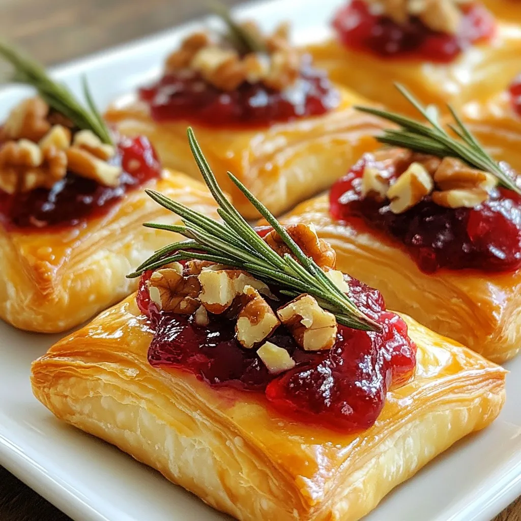 - 1 package (1 lb) puff pastry, thawed - 8 oz Brie cheese, cut into small pieces - 1 cup cranberry sauce (store-bought or homemade) - ¼ cup chopped walnuts or pecans (optional) - 1 egg, beaten (for egg wash) - Fresh rosemary or thyme, for garnish - Salt and pepper to taste Gathering the right ingredients is key to making these bites amazing. You need puff pastry to create the flaky base. It should be thawed and ready to roll out. Brie cheese adds a creamy texture, and its mild flavor pairs well with the sweet and tart cranberry sauce. You can use store-bought sauce or make your own if you prefer. Chopped walnuts or pecans add a nice crunch. They are optional, but I recommend them for added flavor. You’ll also need an egg for the egg wash. This gives the pastry a lovely golden color as it bakes. Fresh herbs like rosemary or thyme make the dish more inviting. Finally, salt and pepper enhance all the flavors. With these ingredients, you set the stage for a delightful treat. They come together to create a beautiful blend of flavors that will impress anyone who tries them. {{ingredient_image_1}} 1. Preheat your oven to 400°F (200°C). Line a baking sheet with parchment paper. This helps the bites bake evenly. 2. Roll out the thawed puff pastry on a lightly floured surface. Make sure it is smooth and flat, with no creases. This step ensures the pastry puffs nicely. 3. Cut the pastry into squares. Use a sharp knife or pizza cutter. Aim for squares about 3x3 inches each. You should get around 12-16 squares. The number depends on how thin you roll the pastry. 1. Add about a tablespoon of cranberry sauce to the center of each puff pastry square. This gives a burst of flavor. 2. Place a small piece of Brie on top of the cranberry sauce. If you like, sprinkle some chopped walnuts or pecans over the cheese. This adds a nice crunch and flavor. 3. Fold the corners of each pastry square toward the center. Pinch the edges to seal them tightly. This creates a little pouch that holds all the deliciousness inside. 1. Brush the tops of the pastry bites with the beaten egg. This gives them a nice golden color while baking. 2. Place the pastries on the prepared baking sheet, spacing them apart. This helps them puff up without sticking together. 3. Bake in the preheated oven for 15-20 minutes. Watch for them to turn golden brown and puffed up. This is the perfect sign they are done. 4. Once out of the oven, let them cool slightly. Garnish with fresh rosemary or thyme. Season with salt and pepper if you want a little extra flavor. To get the best puff pastry, you must thaw it right. Leave it in the fridge overnight. If you're short on time, let it sit at room temperature for 30 minutes. This keeps it from getting too sticky. When rolling it out, use a lightly floured surface. This helps to create a smooth, even layer. Avoid overbaking your bites. Check them around the 15-minute mark. They should be golden brown and puffed. If they look dark, take them out. Overbaked pastry can taste dry and hard. Adding spices or herbs can make your bites pop. Try a pinch of black pepper or a hint of garlic powder. Fresh herbs like rosemary or thyme can also boost flavor. Just sprinkle a little on top before baking. Choosing the right cranberry sauce is key. If you want a stronger taste, use homemade sauce. Store-bought sauce works too, but check for quality. A sauce with whole berries adds nice texture. Pair these bites with a light drink. A crisp white wine or sparkling water works well. If you want to add dips, try a sweet mustard or a honey drizzle. For presentation, arrange the bites on a nice platter. Adding fresh herbs around them makes it look fancy. You can even place some whole cranberries for color. Pro Tips Keep It Cold: Ensure your puff pastry remains cold before baking. This helps achieve that perfect flaky texture when cooked. Customize Fillings: Feel free to experiment with different fillings such as apple butter, fig jam, or even savory options like spinach and feta. Don't Overfill: Be cautious not to overfill the pastry, as this can cause them to burst open during baking. Egg Wash for Shine: For an extra golden and glossy finish, apply the egg wash evenly without leaving any gaps. {{image_2}} You can get creative with your cheese choices. Instead of Brie, try using cheddar or goat cheese. Each cheese brings a different flavor. This change can make your bites unique. You can also switch up the fruit. Fig or apple can add a sweet twist. They pair well with cheese and pastry. If you need gluten-free options, look for gluten-free puff pastry. Many brands offer this choice now. You can still enjoy the same delicious bites. For those on a vegan diet, use vegan cheese. You can also skip the egg wash. Instead, brush with a plant-based milk for a nice color. Make your bites festive for the holidays. Add spices like cinnamon or nutmeg for warmth. Incorporating seasonal fruits like pears or cranberries can elevate the taste. Serve them at parties to impress your guests. These twists will help you enjoy this appetizer year-round. To keep your Cranberry Brie Puff Pastry Bites fresh, place them in an airtight container. Store them in the fridge. They taste best within three days. If you leave them out, they can lose their crispiness and flavor quickly. When reheating, the oven works best. Preheat your oven to 350°F (175°C). Place the bites on a baking sheet. Heat for about 10-15 minutes. This method helps keep them crispy. Avoid microwaving, as it can make the pastry soggy. You can freeze these bites before or after baking. If freezing before baking, prepare them up to the egg wash step. Then, freeze them on a tray. Once frozen, transfer them to a freezer bag. If you freeze after baking, let them cool first. To reheat from frozen, bake at 350°F (175°C) for 20-25 minutes. To make homemade cranberry sauce, you need just three ingredients: fresh cranberries, sugar, and water. Start by rinsing one bag of cranberries to remove any dirt. In a pot, combine the cranberries with one cup of sugar and one cup of water. Bring this mixture to a boil over medium heat. Once boiling, reduce the heat and let it simmer for about 10 minutes. You will hear the cranberries pop as they cook. Stir occasionally, and when the sauce thickens, remove it from heat. Let it cool before using it in your bites. Yes, you can use different types of pastry! While puff pastry is light and flaky, you can also try phyllo dough or even biscuit dough. Each type of pastry brings its own texture and flavor. If you use phyllo, remember to layer it for better structure. If you choose biscuit dough, just roll it out before cutting. Each option will create a unique twist on this appetizer. Cranberry Brie puff pastry bites last about 2 to 3 days in the fridge. Store them in an airtight container to keep them fresh. If you notice them becoming soggy, try to reheat them in the oven for a few minutes. This will help regain their crispiness. Yes, you can prepare these bites ahead of time! Make the bites and place them on a baking sheet. Cover them and store them in the fridge for up to 24 hours before baking. When you're ready to serve, just brush with the egg wash and bake as directed. This will save you time when hosting guests. If you want to make these bites nut-free, you can simply skip the nuts altogether. They will still taste great without them. You could also add seeds, like sunflower or pumpkin seeds, for a bit of crunch. This blog post covered how to make tasty Brie and cranberry bites. We looked at each step, from ingredients to baking. You can switch ingredients for different flavors or diets. Remember to store leftovers well for later enjoyment. These bites are easy to make and fun to share. With some creativity, you can impress friends and family. Enjoy experimenting with flavors and serving suggestions!