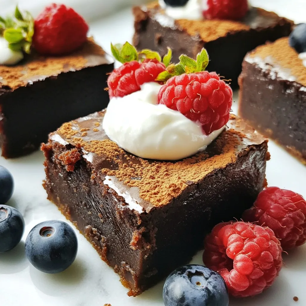 To make Zero Sugar Greek Yogurt Brownies, you need simple ingredients. Each one plays a key role in making these brownies rich and tasty. Here is what you will need: - 1 cup unsweetened cocoa powder - ½ cup zero-calorie sweetener (like erythritol or stevia) - ½ cup whole wheat flour - ½ teaspoon baking powder - ¼ teaspoon salt - ½ cup Greek yogurt (plain, non-fat) - ¼ cup unsweetened applesauce - 2 large eggs - 1 teaspoon vanilla extract - ½ cup dark chocolate chips (sugar-free, optional) Using these ingredients, you can create brownies that are both delicious and guilt-free. The Greek yogurt adds moisture and protein, while the zero-calorie sweetener keeps the sugar count low. Whole wheat flour gives a nice texture, and cocoa powder brings rich flavor. If you want a little extra chocolate flavor, feel free to add dark chocolate chips. They make the brownies even more indulgent. Remember, these ingredients are easy to find and make the perfect base for your brownies. {{ingredient_image_1}} First, get your baking pan ready. Grease an 8x8-inch pan or line it with parchment paper. This helps with easy removal later. Next, preheat your oven to 350°F (175°C). This step ensures even baking. In a medium bowl, combine the following dry ingredients: - 1 cup unsweetened cocoa powder - ½ cup zero-calorie sweetener - ½ cup whole wheat flour - ½ teaspoon baking powder - ¼ teaspoon salt Mix well to make sure there are no lumps. A good mix helps the brownies rise properly. In another bowl, whisk together the wet ingredients: - ½ cup Greek yogurt - ¼ cup unsweetened applesauce - 2 large eggs - 1 teaspoon vanilla extract Whisk until the mixture is smooth and creamy. This will add moisture and richness to your brownies. Slowly add the wet mixture into the dry ingredients. Stir gently until just combined. Be careful not to overmix; this keeps your brownies soft and chewy. If you like a little extra chocolate, fold in ½ cup of dark chocolate chips now. Pour the brownie batter into the prepared pan. Use a spatula to spread it evenly. Bake in your preheated oven for 25-30 minutes. To check if they're done, insert a toothpick in the center. It should come out with a few moist crumbs. Once baked, allow the brownies to cool in the pan for at least 15 minutes. This helps them set well. After cooling, slice them into squares. For a fun twist, dust the cooled brownies with cocoa powder. You can also serve them with a dollop of Greek yogurt and some fresh berries on the side for a pop of color. To get moist brownies, mixing is key. Combine the dry ingredients well. This step helps prevent lumps. In a bowl, mix cocoa powder, sweetener, whole wheat flour, baking powder, and salt. Once mixed, focus on the wet ingredients. Whisk Greek yogurt, applesauce, eggs, and vanilla together. This mix should be smooth. Slowly add this to the dry mix. Stir just until combined. Overmixing can make brownies tough. Baking time is also important. Start checking at 25 minutes. Insert a toothpick into the center. If it comes out with a few moist crumbs, they are done. Make sure all ingredients blend well. Use a spatula to fold in chocolate chips. This helps them spread evenly. Dust the cooled brownies with cocoa powder for a touch of elegance. It adds a nice look. For serving, add a dollop of Greek yogurt on top. This gives a creamy contrast. Fresh berries are a great addition. They add color and freshness. Serve them on the side for a delightful twist. This not only makes the dish pretty but also adds flavor. Pro Tips Use Room Temperature Ingredients: Bringing your eggs and Greek yogurt to room temperature before mixing helps to create a smoother batter and ensures even baking. Check for Doneness: Every oven is different, so start checking your brownies at the 25-minute mark. They’re done when a toothpick comes out with a few moist crumbs, not wet batter. Store Properly: Keep your brownies in an airtight container at room temperature for up to 3 days or refrigerate them for up to a week to maintain their freshness. Experiment with Mix-ins: Feel free to customize your brownies by adding nuts, dried fruits, or seeds to the batter for added texture and flavor. {{image_2}} You can use many low-calorie sweeteners in these brownies. My favorites are erythritol and stevia. Both options taste great and keep the sugar count low. If you prefer, you can also try monk fruit sweetener. It offers a sweet taste without any calories. Just remember to adjust the amounts based on the sweetener you choose. Some are sweeter than sugar, so a little goes a long way! For a gluten-free option, swap the whole wheat flour with almond flour or coconut flour. Almond flour gives a nice nutty flavor and keeps the brownies moist. Coconut flour absorbs more liquid, so use less of it. If you go with coconut flour, try only ¼ cup, adding more yogurt or applesauce to keep the batter smooth. You can make these brownies even more special with spices and extracts. Add a teaspoon of cinnamon for warmth. A pinch of sea salt can enhance the chocolate flavor. If you love vanilla, try adding a bit more vanilla extract, or even almond extract. For a fun twist, you can add a tablespoon of coffee for depth. Mix and match these ideas to find your favorite combination! To keep your Zero Sugar Greek Yogurt Brownies fresh, store them in an airtight container. This will prevent them from drying out. If you have leftover brownies, place parchment paper between layers to avoid sticking. Always let the brownies cool completely before storing them. These brownies stay fresh for about 3 to 4 days at room temperature. If you want them to last longer, move them to the fridge. In the fridge, they can last up to a week. You might notice they become firmer when chilled, but they'll still taste great! To freeze your brownies, wrap them tightly in plastic wrap. Then, place them in a freezer-safe bag or container. This helps avoid freezer burn. They can stay good for up to 3 months in the freezer. When you want to enjoy them, move the brownies to the fridge overnight to thaw. For a quick option, you can also microwave them for about 10-15 seconds. Yes, you can use regular yogurt. However, Greek yogurt is thicker. It gives the brownies a rich texture. This thickness helps keep the brownies moist. Regular yogurt may make them a bit more cake-like. You might need to adjust other liquids in the recipe. You can use flaxseed meal or applesauce. For each egg, mix 1 tablespoon of flaxseed meal with 2.5 tablespoons of water. Let it sit for five minutes. This mix acts like an egg. You can also use ¼ cup of applesauce per egg. Both options keep your brownies moist. Check the brownies at 25 minutes. Insert a toothpick into the center. If it comes out with a few moist crumbs, they are done. If it comes out wet, they need more time. Keep baking for another 3-5 minutes. Yes, you can skip the chocolate chips. The brownies will still be tasty. They may taste less rich without chips. You could add nuts or dried fruit instead. This will give them a different texture and flavor. Yes, these brownies can fit a keto diet. They use zero-calorie sweeteners and whole wheat flour. Whole wheat flour has lower carbs than white flour. Check the nutrition facts to ensure they meet your needs. They are lower in sugar and carbs than regular brownies. These brownies are easy to make and tasty. You learned about the right ingredients, mixing, and baking. Each step helps you create moist, delicious treats for everyone. Use tips for better results and explore fun variations. Proper storage keeps them fresh longer, and you have answers to common questions. Enjoy making these brownies again and again!