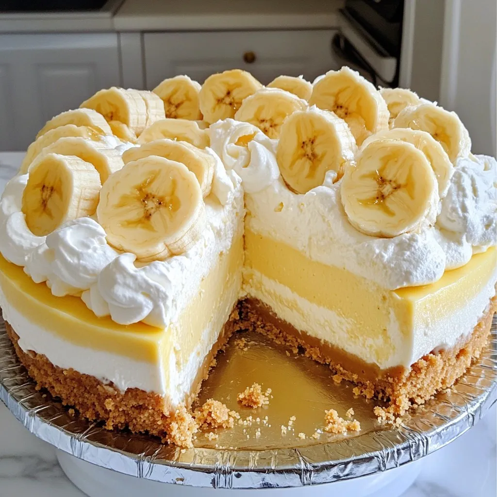 To make a tasty Banana Cream Cheesecake, gather these simple ingredients: - 2 cups graham cracker crumbs - ½ cup unsalted butter, melted - ¼ cup granulated sugar - 16 oz cream cheese, softened - ¾ cup powdered sugar - 1 teaspoon vanilla extract - 2 ripe bananas, mashed - 1 cup heavy whipping cream - ¼ cup banana puree - 1 tablespoon lemon juice - Sliced bananas and whipped cream for topping Each ingredient plays a key role in the flavor and texture of this dessert. The graham cracker crumbs form a crunchy base that balances the creaminess of the filling. Unsalted butter helps bind the crust together, while granulated sugar sweetens it just right. Cream cheese brings a rich and smooth texture to the filling. Powdered sugar adds sweetness, and vanilla extract enhances the flavor. Ripe bananas provide natural sweetness and a lovely banana taste. The heavy whipping cream gives the cheesecake its fluffy texture, while banana puree deepens the banana flavor. Lemon juice brightens the overall taste and helps keep the bananas fresh. For the finishing touch, sliced bananas and whipped cream add a beautiful presentation. This dessert is not just easy to make; it’s also a delight to share with friends and family. {{ingredient_image_1}} To start, gather your ingredients for the crust. You need graham cracker crumbs, melted butter, and sugar. In a medium bowl, mix together the crumbs, butter, and sugar until it looks like wet sand. Press this mixture firmly into the bottom of a 9-inch springform pan. Make sure it is even and compact. Now, bake it at 350°F (175°C) for 10 minutes. Let it cool completely. This crust will hold your cheesecake perfectly. Next, let’s make the filling. In a large mixing bowl, beat the softened cream cheese with an electric mixer. Mix until it’s smooth and creamy. Then, add the powdered sugar and vanilla extract. Blend until it's all mixed. Now, fold in the mashed bananas and banana puree. This adds a rich banana flavor. In another bowl, whip the heavy cream until soft peaks form. Gently fold this whipped cream into your banana cream cheese mixture. Be careful not to deflate the cream. Finally, drizzle in the lemon juice to brighten the flavor. Now for the fun part! Pour your banana cream filling into the cooled graham cracker crust. Use a spatula to smooth the top. Cover the cheesecake with plastic wrap and refrigerate it for at least 4 hours. This will help it set and become firm. Just before serving, top it with sliced bananas and dollops of whipped cream. You can also sprinkle some graham cracker crumbs for extra crunch. Enjoy your delicious banana cream cheesecake! To make the crust great, mix graham cracker crumbs, melted butter, and sugar well. Press this mix firmly into your pan. Bake it at 350°F for 10 minutes. Let it cool completely. A firm crust helps hold the filling. To keep bananas from turning brown, use ripe ones. Add lemon juice to the filling. The acid in the lemon slows browning. If you have extra bananas, store them in the fridge. This helps them stay fresh for longer. When serving your cheesecake, slice it with a sharp knife. Top each slice with fresh banana slices and whipped cream. For a fun touch, sprinkle some graham cracker crumbs on top. This adds texture and looks nice. Enjoy your delicious treat! Pro Tips Use Ripe Bananas: Make sure your bananas are fully ripe for the best flavor and sweetness in your cheesecake. Chill Thoroughly: Allow the cheesecake to chill for at least 4 hours or overnight for a firmer texture and enhanced flavor. Whip Cream to Soft Peaks: Be careful not to over-whip the cream; soft peaks will give your cheesecake a light and airy texture. Prevent Browning: Adding lemon juice not only enhances flavor but also helps prevent the bananas from browning in the filling. {{image_2}} You can make this dessert even better by adding chocolate. Just melt some chocolate and mix it into the filling. Dark chocolate adds a rich taste, while milk chocolate gives it a sweeter flavor. You can also sprinkle chocolate shavings on top for a nice look. A little chocolate will enhance the banana taste and make each bite even more exciting. If you need a gluten-free cheesecake, it’s easy to adjust the crust. Swap the graham cracker crumbs for gluten-free cookie crumbs. You can find these at most grocery stores. Make sure to check the labels. The rest of the recipe stays the same. You will still enjoy a creamy and delicious cheesecake without the gluten. Don’t feel stuck with just bananas and whipped cream. You can get creative with toppings. Try using crushed nuts for crunch or add berries for a fruity twist. A drizzle of caramel or chocolate sauce can also make it special. Each topping adds a new layer of flavor and makes your cheesecake fun to customize. To keep your banana cream cheesecake fresh, always store it in the fridge. Use an airtight container to shield it from odors. If you have leftovers, cover the cheesecake tightly with plastic wrap. This helps keep moisture in and keeps it delicious. Aim to eat it within three days for the best taste. You can freeze banana cream cheesecake if you want to save some for later. First, let the cheesecake cool completely in the fridge. Then, slice it into individual pieces. Wrap each slice in plastic wrap, and then place them in a freezer-safe bag. You can store it for up to two months. When you want to enjoy a slice, take it out and let it thaw in the fridge overnight. The shelf life of your banana cream cheesecake depends on how you store it. In the fridge, it lasts about three days. If frozen, it can stay good for two months. When serving, let the cheesecake sit at room temperature for about 15 minutes. This will help bring out the flavors. For the best experience, top with fresh bananas and whipped cream just before serving. Yes, you can use fresh whipped cream. It will give a lighter texture. Just whip the cream until soft peaks form. Gently fold it into the filling. This keeps the cheesecake light and fluffy. To make banana puree, blend a ripe banana with a bit of water. Use just enough water to help it blend smoothly. Aim for a smooth texture without lumps. This puree adds great flavor to your cheesecake. You can use crushed cookies or oats. If you want a gluten-free option, try almond flour or gluten-free cookies. Just make sure to adjust the amounts to match the texture you need. Yes, you can make this cheesecake a day ahead. Just keep it in the fridge. It tastes even better when it sits overnight. This gives the flavors time to blend and deepen. This blog post covered everything you need for a great banana cream cheesecake. We looked at the simple ingredients and easy step-by-step instructions. You also learned some helpful tips for the best results and fun variations to try. Remember, storing your cheesecake well keeps it fresh longer. With these ideas, you can tackle this tasty treat and impress your friends and family. Enjoy your baking adventure and savor every bite!