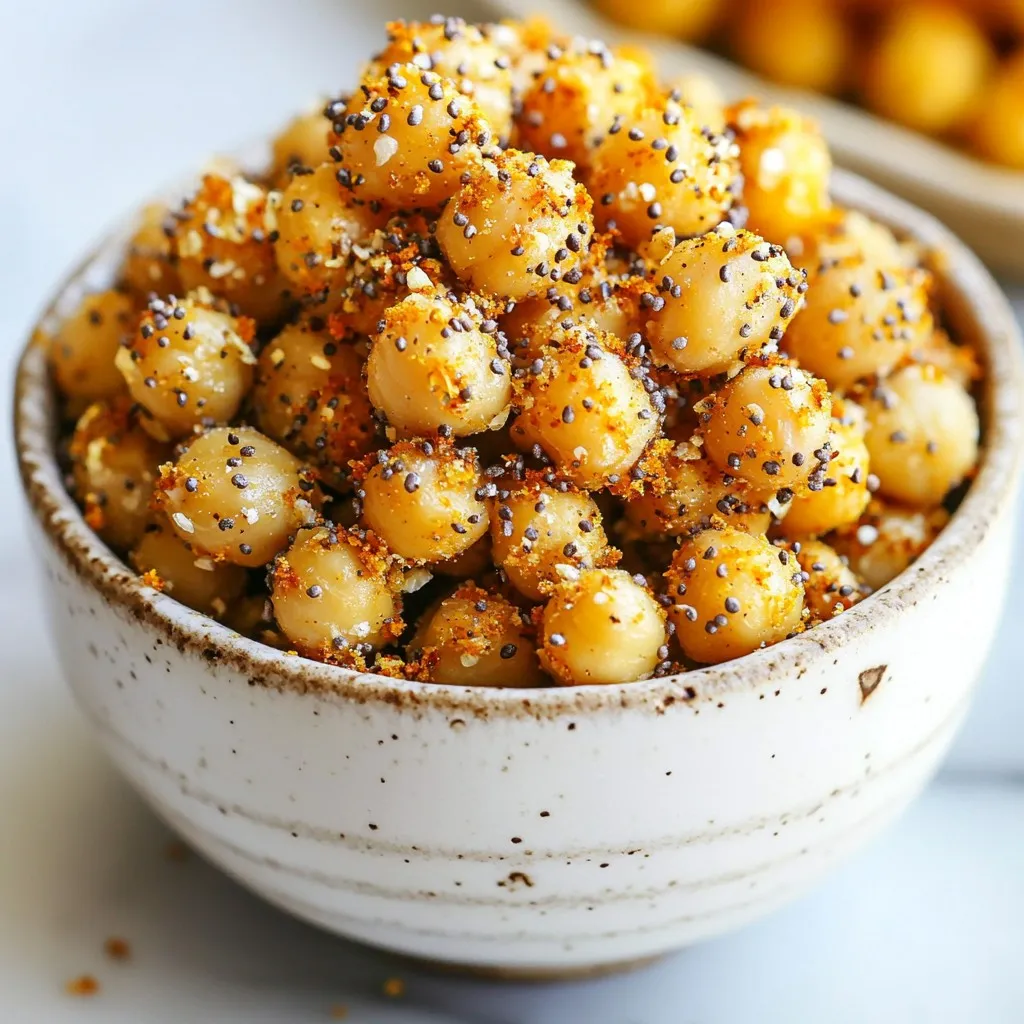 To make Air Fryer Everything Bagel Chickpeas, you need just a few simple ingredients: - 1 can (15 oz) chickpeas, rinsed and drained - 2 tablespoons olive oil - 2 tablespoons everything bagel seasoning - 1 teaspoon garlic powder - ½ teaspoon onion powder - Salt to taste These ingredients come together to create a tasty snack that's crunchy and full of flavor. The chickpeas are the star, providing a great base for all the seasonings. When picking chickpeas, choose a can that is BPA-free. Look for ones with no added salt when possible. A quick check of the expiration date ensures freshness. If you prefer, you can use dry chickpeas. Just remember to soak and cook them first. Quality chickpeas make a big difference in taste and texture. Fresh seasoning brings out the best in your chickpeas. Everything bagel seasoning is key here. It usually contains sesame seeds, poppy seeds, garlic, and onion. The flavors mix well and create a great crunch. If you can, buy fresh spices. They pack more flavor than old ones. A little freshness goes a long way in making your snack truly delicious. {{ingredient_image_1}} Start by preheating your air fryer to 400°F (200°C). This step takes about 5 minutes. Preheating ensures even cooking. A hot air fryer gives the chickpeas that perfect crunch. Set a timer to avoid forgetting. Grab a can of chickpeas. Rinse and drain them well. This step removes extra sodium and makes them taste better. Place the chickpeas in a mixing bowl. Add 2 tablespoons of olive oil. Toss the chickpeas until each one is covered in oil. Next, sprinkle in the seasoning. Use 2 tablespoons of everything bagel seasoning, 1 teaspoon of garlic powder, and ½ teaspoon of onion powder. Add a pinch of salt if you like. Mix well so the flavors stick to the chickpeas. Transfer your seasoned chickpeas to the air fryer basket. Make sure they lie flat. Avoid overcrowding, as this helps them cook evenly. Air fry the chickpeas for 12 to 15 minutes. Shake the basket halfway through cooking. This action helps them crisp up nicely. Keep a close eye on them. You want them golden-brown and crunchy. After cooking, let the chickpeas cool in the basket. They will become even crispier as they cool down. Enjoy your tasty snack! To get crispy chickpeas, start with well-drained chickpeas. Rinse them under cold water first. Pat them dry with a towel. This step removes excess moisture. The less moisture, the crispier they get. Preheat your air fryer to 400°F (200°C) for five minutes. This heat helps create that perfect crunch. When you add the chickpeas, spread them in a single layer. Crowding will lead to uneven cooking. Shake the basket halfway through. This simple step ensures all sides crisp up nicely. You can tweak the flavor to your liking. Try adding a pinch of cayenne for heat. A splash of lemon juice gives a fresh taste. If you love herbs, add dried dill or thyme. These can complement the everything bagel seasoning. Don’t forget to taste before cooking! Adjust salt as needed. This ensures the chickpeas are seasoned just right. For a richer taste, use garlic salt instead of regular salt. This small swap can make a big difference. One common mistake is using unseasoned chickpeas. Always season them well before cooking. Another mistake is not drying them enough. Wet chickpeas won’t crisp up. Avoid overcrowding the air fryer basket. If you do, some chickpeas will remain soft. Keep an eye on cooking time too. Overcooking can lead to burnt chickpeas. Let them cool in the basket after cooking. They will crisp up more while cooling. Pro Tips Dry Chickpeas Well: Ensure the chickpeas are thoroughly dried after rinsing to achieve maximum crispiness. Adjust Seasoning: Feel free to customize the seasoning blend by adding your favorite herbs or spices for a personal touch. Check for Doneness: Keep an eye on the chickpeas towards the end of cooking; they can go from perfectly crispy to burnt quickly. Storage Tips: Store leftover chickpeas in an airtight container; they can lose their crunch, so re-crisp them in the air fryer before serving. {{image_2}} You can switch up the flavor of your chickpeas easily. Try adding smoked paprika for a smoky taste. You can also use taco seasoning for a fun twist. If you love heat, sprinkle some cayenne pepper for spice. For a sweet touch, try cinnamon and sugar. These blends keep the snack exciting! If you do not have an air fryer, you can bake the chickpeas. Preheat your oven to 400°F (200°C). Follow the same steps to prepare the chickpeas. Spread them out on a baking sheet. Bake for about 25-30 minutes. Shake the pan halfway to ensure even cooking. The chickpeas will still be tasty and crunchy. Serve these chickpeas in a fun way. You can toss them on salads for extra crunch. They also make a great topping for soups. Try mixing them with yogurt and herbs for a dip. You can even snack on them straight from the bowl! Don't forget to add extra seasoning when serving to wow your guests. To keep your leftover chickpeas fresh, store them in an airtight container. Place them in the fridge for up to three days. If you want to keep them longer, consider freezing them. Just make sure to let them cool before storing. When you reheat your chickpeas, use the air fryer for the best results. Set it to 350°F (175°C) and cook for about 5-7 minutes. This method helps them stay crispy. You can also use an oven if you don’t have an air fryer. Spread them on a baking sheet and heat at 350°F. Prepared chickpeas last about three days in the fridge. If frozen, they can last for up to three months. Just remember to thaw them in the fridge overnight before reheating. Enjoying them fresh is best, but these tips help you enjoy your snack longer! Yes, you can use dry chickpeas. First, soak them overnight. Then, cook until soft. After that, follow the same steps as with canned chickpeas. This process takes longer but can give you great taste. These chickpeas shine as a snack on their own. You can also use them as a topping for salads or soups. They add a crunchy twist to your meals. Try them in wraps or grain bowls for extra texture. To keep chickpeas crispy, ensure they are dry before cooking. Rinse and drain them well. Toss with olive oil and seasoning immediately. Air fry them in a single layer. This helps them cook evenly and stay crunchy. In this article, I covered how to make Air Fryer Everything Bagel Chickpeas. You learned about key ingredients, tips for picking good chickpeas, and the need for fresh seasoning. I provided step-by-step cooking instructions, along with tips for crispiness and flavor. You also discovered variations and storage tips to keep your snacks fresh. Remember, making these chickpeas is simple, and they pack great flavor. Enjoy experimenting with different seasonings and serving ideas. Happy cooking!